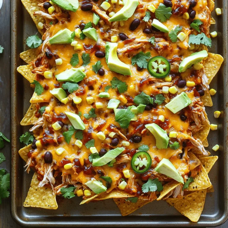 To make the best Sheet-Pan BBQ Chicken Nachos, gather these tasty ingredients: - 2 cups shredded cooked chicken - 1 cup BBQ sauce - 8 ounces tortilla chips - 1 cup black beans, drained and rinsed - 1 cup corn (canned or frozen) - 1 cup shredded cheese (cheddar or a blend) - 1/2 cup red onion, diced - 1 jalapeño, sliced (optional for heat) - 1 avocado, diced - Fresh cilantro, chopped - Sour cream Using shredded cooked chicken, like rotisserie, saves time and adds flavor. Choose your favorite BBQ sauce for a personal touch. The tortilla chips create a crunchy base. Black beans and corn add protein and sweetness. Shredded cheese ties everything together and melts nicely in the oven. Diced red onion gives a nice crunch, while jalapeños can add heat if you like it spicy. Fresh avocado adds creaminess, and cilantro gives a fresh taste. Lastly, sour cream on the side cools everything down. These ingredients combine to create a fun and flavorful snack that everyone will enjoy! - First, preheat your oven to 400°F (200°C). This step is key. - Next, take a bowl and combine the shredded chicken with the BBQ sauce. Mix well. You want the chicken to be fully coated. - Now, spread the tortilla chips evenly on a large baking sheet. Cover the whole sheet. - After that, sprinkle the black beans and corn over the chips. This adds flavor and texture. - Then, distribute the BBQ chicken mixture over the chips. Make sure it’s even. Add diced red onion and jalapeño slices if you like some heat. - Generously top the nachos with shredded cheese. Cover all the chips. - Place the baking sheet in the oven for 10-12 minutes. Bake until the cheese is melted and bubbly. - Carefully take the nachos out and let them cool for a few minutes. This helps avoid burns. - After cooling, top with diced avocado and fresh cilantro. These add freshness. - Serve immediately with dollops of sour cream on the side. Enjoy your fun snack! For the best BBQ chicken nachos, pick a tasty BBQ sauce. I like a tangy sauce with a hint of sweetness. Some great options are: - Honey BBQ - Spicy BBQ - Smoky BBQ These sauces add a nice flavor punch to your nachos. Next, choose the right cheese. I recommend using shredded cheddar or a cheese blend. Cheddar melts well and adds great flavor. A blend of Monterey Jack and cheddar makes it even better. To keep your nachos from getting soggy, layer wisely. Start with a base of tortilla chips. Then add black beans and corn. Spread the BBQ chicken mix evenly on top. Finally, cover with cheese. Bake your nachos for 10-12 minutes at 400°F (200°C). Watch for the cheese to melt and bubble. This timing gives a crunchy chip with gooey cheese. Serve your nachos with side dishes that complement the flavors. Some great options are: - Fresh salsa - Guacamole - Spicy pickles For garnishes, think about diced avocado and fresh cilantro. These add color and freshness. You can also sprinkle lime juice for a tangy kick. These tips will help you create a fun snack that everyone will love! {{image_2}} You can make nachos your own by changing the protein. Instead of chicken, use beef or pulled pork. Each choice brings new flavors and textures. Want a meat-free version? Try black beans or grilled veggies. Both options are tasty and filling. Spice up your nachos with extra seasonings or hot sauce. A dash of chili powder can add warmth. You can also mix in your favorite hot sauce for a kick. For toppings, think beyond the basics. Jalapeños add heat, while olives bring a briny flavor. Consider adding pickled onions or sliced radishes for a fresh crunch. The more toppings, the better! To store your leftover nachos, use an airtight container. Glass containers work well. You can also use plastic containers if you prefer. Make sure to cover the nachos tightly to keep them fresh. Store them in the fridge. Leftover nachos last about three days. After that, they may lose flavor and texture. When it comes to reheating, the oven is best. Preheat your oven to 350°F (175°C). Place the nachos on a baking sheet. Heat them for about 10 minutes. This keeps them crunchy. If you use a microwave, the nachos can get soggy. Heat them in short bursts, about 30 seconds. Check often to avoid mushy nachos. To keep them crispy, cover them loosely with a paper towel. This helps absorb moisture as they warm up. To keep your nachos crispy, layer them well. Start with a base of tortilla chips. Spread them in a single layer. Next, add the black beans and corn evenly. Then, spread the BBQ chicken mixture on top. This way, the moisture stays on the top. Finally, sprinkle cheese on the very top. This keeps the chips dry and crunchy. Yes, you can use frozen chicken. Just remember it will take longer to cook. Thaw the chicken first before shredding. You can boil it or use the microwave. Once thawed, mix it with BBQ sauce. The cooking time will vary, so check it often. Make sure it reaches 165°F (74°C) before serving. BBQ chicken nachos pair well with many sides. Try serving a fresh salad for some crunch. You can also add guacamole or salsa for extra flavor. For drinks, serve soda or iced tea. If you want something stronger, try a light beer. These choices will enhance your nacho experience. This blog post covered everything you need for perfect BBQ chicken nachos. From the ingredients to step-by-step instructions, you can easily make this dish at home. I shared tips to keep your nachos crispy and ideas for creative variations. In the end, nachos are versatile and fun. Feel free to try new flavors and ingredients. Enjoy making them and sharing with friends!