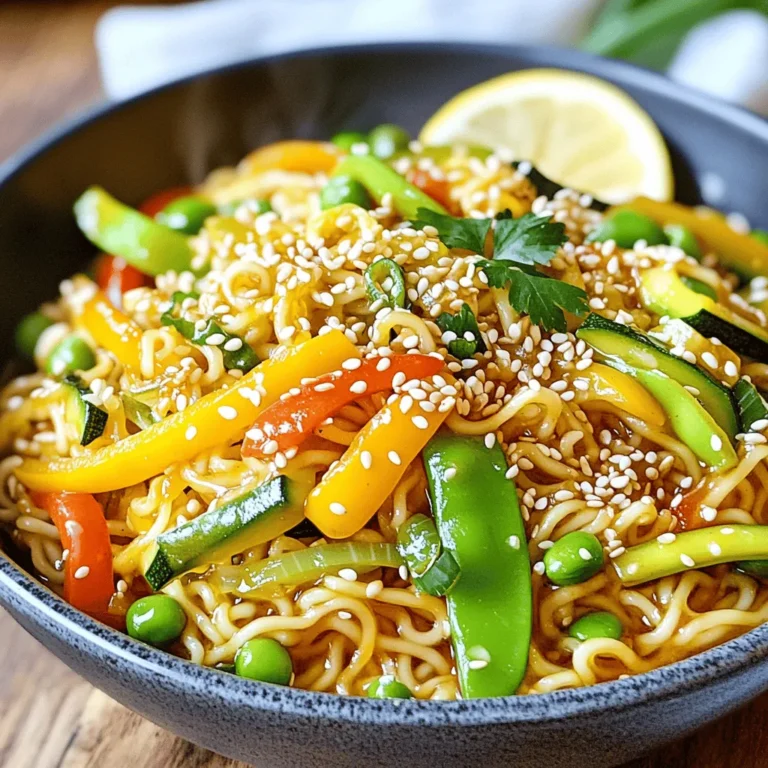 - 2 packs instant ramen noodles - 1 red chili, thinly sliced - 1 bell pepper, julienned - 1 small zucchini, julienned - 1 cup snap peas - 4 cloves garlic, minced - 3 green onions, chopped - 3 tablespoons soy sauce - 1 tablespoon honey or maple syrup - 1 tablespoon sesame oil - 2 tablespoons vegetable oil - Sesame seeds - Fresh cilantro - Bring a pot of water to a boil. - Add 2 packs of instant ramen noodles. - Cook them for 2-3 minutes as per the package. - Drain the noodles and set them aside. - In a small bowl, mix together: - 3 tablespoons soy sauce - 1 tablespoon sesame oil - 1 tablespoon honey or maple syrup - Stir well to combine the flavors. - Heat 2 tablespoons of vegetable oil in a large skillet. - Add 4 minced garlic cloves and 1 sliced red chili. - Sauté for about 30 seconds until fragrant. - Toss in 1 julienned bell pepper, 1 julienned zucchini, and 1 cup snap peas. - Stir-fry these for 3-4 minutes until they are tender but still crisp. - Add the drained ramen noodles to the skillet. - Pour the sauce over the noodles and veggies. - Gently toss everything until well coated. - Stir in 3 chopped green onions and cook for 1-2 more minutes. - Serve hot, garnished with sesame seeds and fresh cilantro if you like. To avoid burnt garlic, keep a close eye on it. Garlic cooks fast. Sauté it for only 30 seconds. If it turns brown, it will taste bitter. To ensure vegetables stay crunchy, stir-fry them over high heat. This helps them cook quickly. Cook just until they are tender but still bright. Aim for about 3-4 minutes of cooking time. To adjust the heat level, use more or less chili. Slice the red chili thinly for a stronger kick. If you prefer less heat, remove the seeds. You can also add other sauces and spices. Try adding a splash of oyster sauce for depth. A hint of ginger can give your dish a nice twist. For presentation, serve the stir-fry in deep bowls. Add a wedge of lemon or lime on the side. This lets everyone squeeze fresh juice over their meal. You can pair your ramen stir-fry with a simple salad. A cucumber salad or edamame works well. These sides add freshness and balance to your meal. {{image_2}} You can change the veggies in this dish. Try broccoli, carrots, or mushrooms. Each veggie adds a new taste and texture. You can also swap proteins. Tofu is a great choice for vegans. If you want meat, chicken or shrimp works well. Just cook them before adding to the stir-fry. Want to change the flavor? You can add curry powder or fresh ginger. Both give a warm kick. If you want more heat, use extra chili or chili flakes. This makes the dish even spicier and more exciting. If you need gluten-free options, use rice noodles instead of ramen. Be sure to check the sauce for hidden gluten. For a vegan dish, skip the honey and use maple syrup instead. This keeps the dish sweet and tasty without any animal products. To store leftover stir-fry, let it cool first. Place it in an airtight container. This keeps it fresh and tasty. Store in the fridge for up to three days. Make sure to label the container with the date. This way, you won’t forget how long it’s been there. The best way to reheat stir-fry is in a skillet. Heat a little oil over medium heat. Add the cold stir-fry and cook, stirring often. This helps to warm it up evenly. You can also use a microwave if you’re in a hurry. Place it in a microwave-safe bowl. Heat in 30-second bursts, stirring in between, until hot. If you want to freeze the stir-fry, use a freezer-safe container. Let it cool completely before you freeze it. It can last up to two months in the freezer. When ready to eat, thaw it overnight in the fridge. Reheat it in a skillet or microwave for best results. To make your stir-fry spicier, you can add some tasty ingredients. Here are a few suggestions: - More red chili: Slice up extra red chilies for added heat. - Chili paste: Mix in a spoonful of chili paste or sriracha. - Hot sauce: Drizzle your favorite hot sauce over the dish. - Crushed red pepper: Sprinkle crushed red pepper flakes while cooking. These additions will boost the spice level, so adjust based on your taste. Yes, you can use regular ramen noodles! Just remember that cooking times will change. Regular noodles usually take longer to cook, about 4-5 minutes. Follow the package instructions for the best results. You want them tender but not mushy. Drain them and follow the same steps in the recipe. You can serve many side dishes with your stir-fry. Here are some great options: - Spring rolls: These add a nice crunch and freshness. - Edamame: A healthy and tasty snack to go with your meal. - Miso soup: A warm soup that complements the flavors of the stir-fry. - Rice: Steamed rice or fried rice makes the meal more filling. These sides will enhance your dining experience and add variety to your plate. This post shared a simple recipe for Minute Garlic Chili Ramen Stir-Fry. You learned about key ingredients like instant noodles and fresh veggies. We covered step-by-step instructions to make the dish tasty and easy. Tips helped you avoid common mistakes while cooking. I also shared ways to customize the dish for your taste and dietary needs. Remember, cooking should be fun, so feel free to experiment! Enjoy your meal and share your results with others.