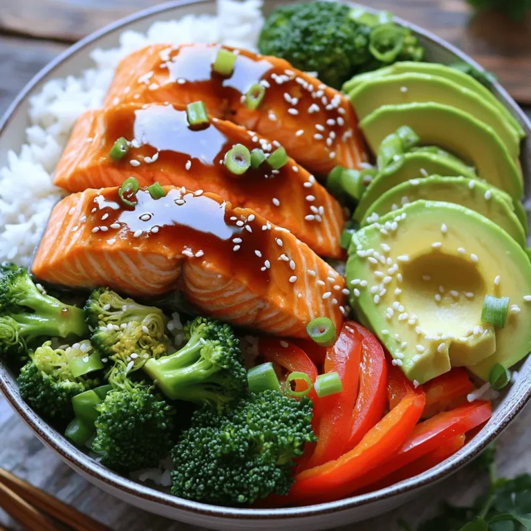 - Salmon and Rice Components - 2 salmon fillets - 1 cup jasmine rice - 1 ½ cups water - Teriyaki Sauce Ingredients - ¼ cup soy sauce - 2 tablespoons honey - 1 tablespoon rice vinegar - 1 teaspoon sesame oil - 1 inch ginger, grated - 2 cloves garlic, minced - Fresh Vegetables and Garnishes - 1 cup broccoli florets - ½ red bell pepper, thinly sliced - 1 avocado, sliced - 2 green onions, chopped - Sesame seeds for garnish - Salt and pepper to taste These ingredients create a tasty and colorful dish. The salmon is rich in flavor and pairs well with the sweet and tangy teriyaki sauce. Jasmine rice serves as a soft base for your bowl. Fresh veggies add crunch and color, making your meal not just tasty but also visually appealing. Feel free to adjust the veggies based on what you like or have on hand. This flexibility makes the dish fun and personal. You can also play with the teriyaki sauce, adding more honey for sweetness or more soy sauce for saltiness. To cook the jasmine rice, rinse it under cold water. Keep rinsing until the water runs clear. This step removes excess starch and helps the rice stay fluffy. In a saucepan, combine one cup of rice with one and a half cups of water. Bring the mixture to a boil over high heat. Once it starts boiling, reduce the heat to low. Cover the saucepan and let it simmer for 15 minutes. After that time, remove it from heat but keep it covered for another five minutes. This resting period allows the rice to finish cooking. To make the teriyaki sauce, gather your ingredients. In a small bowl, mix together the soy sauce, honey, rice vinegar, sesame oil, grated ginger, and minced garlic. Whisk these ingredients until they are well combined. This sauce will give your salmon a sweet and savory flavor. Heat a non-stick skillet over medium-high heat. While the skillet heats, season the salmon fillets with salt and pepper. When the skillet is hot, place the salmon skin-side down. Pour half of the teriyaki sauce over the salmon. Cook for about 4 to 5 minutes until the skin is crispy. Then, flip the salmon and cook for another 3 to 4 minutes. You want it flaky but not dry. Remove it from the heat and let it rest for a few minutes. This helps keep the salmon moist. While the salmon cooks, prepare the vegetables. Steam the broccoli florets and sliced red bell pepper in a steamer basket. Steam them for about 5 to 7 minutes. They should be tender but still bright in color. This method keeps their nutrients and adds a nice crunch. Now, it’s time to assemble your bowls. Start with a base layer of jasmine rice in each serving bowl. Then, add the flaked salmon on top. Arrange the steamed vegetables and avocado slices next. Drizzle the remaining teriyaki sauce over the top for added flavor. For the final touch, garnish each bowl with chopped green onions and a sprinkle of sesame seeds. This adds a nice crunch and makes the dish look appealing. Enjoy your delicious teriyaki salmon rice bowls! To get crispy skin on your salmon, start with a dry fillet. Pat it with paper towels before cooking. Heat your skillet until it is hot. Place the salmon skin-side down and don’t move it for a few minutes. This helps the skin crisp up nicely. Overcooking salmon is common. Use a timer to keep track. Cook it for about 4-5 minutes on the skin side. Then flip and cook for another 3-4 minutes. Salmon should be opaque and flake easily with a fork. If it's still shiny in the middle, give it another minute or two. For fluffier rice, rinse jasmine rice under cold water. This removes starch that makes it sticky. After rinsing, let the rice soak for about 30 minutes. This helps it cook evenly. Use a 1:1.5 ratio of rice to water. This means for every cup of rice, add 1.5 cups of water. Once the rice is done cooking, let it sit covered for 5 minutes. This resting time helps the rice grains separate. You can customize your teriyaki sauce to fit your taste. If you like it sweeter, add more honey. For a bolder flavor, increase the soy sauce. You can also add a bit of red pepper flakes for heat. Experiment with different flavors too! Try adding orange juice for a citrus twist or sesame seeds for extra crunch. This makes each bowl unique and tasty. {{image_2}} If you want to switch things up, try chicken or tofu instead of salmon. Both options work well with the teriyaki sauce. For chicken, use boneless thighs or breasts. Cook them in the same way as the salmon. For tofu, use firm tofu and press it to remove excess water. Cut it into cubes and pan-fry until golden. The sauce will enhance the flavor of both meats. You can also change the grain base. Quinoa, brown rice, or cauliflower rice make great choices. Quinoa adds protein and a nutty taste. Brown rice offers a chewier texture and more fiber. Cauliflower rice gives a low-carb option. Simply prepare them as you would jasmine rice. Each grain adds its own unique twist to the bowl. Feel free to swap in seasonal veggies for added freshness. Instead of broccoli and bell pepper, use snap peas, carrots, or spinach. Seasonal vegetables provide different colors and flavors. They keep the dish exciting and nutritious. Just steam or sauté them to your liking, then layer them in your bowl. Enjoy the variety! To keep your teriyaki salmon rice bowls fresh, store them in airtight containers. Place the salmon, rice, and veggies in separate sections if possible. This helps maintain their taste and texture. Refrigerate the bowls within two hours of cooking. They will stay good for up to three days. Always label your containers with the date. This way, you know when to eat them. When reheating, use the microwave for the quickest option. Heat in short bursts, about 30 seconds, mixing in between. This helps avoid hot spots. If you want to keep the salmon crispy, use the oven. Preheat the oven to 350°F (175°C) and heat for about 10 minutes. Cover with foil to keep it moist. Check that the salmon is warm throughout but not overcooked. You can freeze the salmon and rice bowls for later meals. First, let everything cool completely. Then, place the salmon, rice, and veggies in freezer-safe bags. Remove as much air as possible before sealing. Label the bags with the date. They will last about three months in the freezer. To thaw, move them to the fridge overnight. Reheat as mentioned above. If you need a soy sauce substitute, you have a few options. Coconut aminos work well for a gluten-free choice. It has a similar taste but is less salty. You can also use tamari, which is a gluten-free soy sauce made from fermented soybeans. If you want to go low-sodium, look for low-sodium soy sauce. Just remember, each option has a different flavor, so adjust to your taste. Perfectly cooked salmon should be opaque and flake easily with a fork. If it is still translucent in the center, it needs more time. A good rule is to cook salmon for 4-5 minutes skin-side down, then flip for another 3-4 minutes. The internal temperature should reach 145°F. If you’re unsure, use a meat thermometer for a precise reading. Yes, you can make teriyaki sauce ahead of time. It keeps well in the fridge for up to a week. Just mix your ingredients and store them in an airtight container. For longer storage, you can freeze the sauce in ice cube trays. Once frozen, transfer the cubes to a freezer bag. This way, you can use just what you need later. For side dishes, consider steamed edamame or a simple cucumber salad. Both add freshness and crunch. You could serve pickled ginger for a nice zing. Another option is a seaweed salad, which complements the flavors of the teriyaki salmon well. These sides enhance your meal without taking away from the main dish. In this blog post, we explored how to create a delicious teriyaki salmon rice bowl. We covered main ingredients like salmon, rice, and fresh veggies. Each step showed how to cook rice, make teriyaki sauce, and prepare the salmon. I shared helpful tips for perfecting each element. You can customize your dish with different proteins and grains. Proper storage and reheating techniques keep leftovers tasty. Embrace these simple methods to enjoy a healthy and satisfying meal. Now it’s your turn to get cooking and make this dish your own!