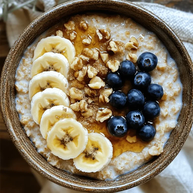 To make the best Maple Brown Sugar Oatmeal, gather these simple ingredients: - 1 cup rolled oats - 2 cups almond milk (or your favorite milk) - 2 tablespoons maple syrup - 2 tablespoons brown sugar (adjust to taste) - 1/2 teaspoon cinnamon - 1/4 teaspoon salt - 1/4 cup chopped walnuts (or any nuts of your choice) - 1/2 ripe banana, sliced (for topping) - Fresh blueberries (for garnish) Each ingredient plays a key role in creating a warm and comforting bowl of oatmeal. Rolled oats are the base, giving you that hearty texture. Almond milk or your preferred milk adds creaminess. Maple syrup and brown sugar bring sweetness, while cinnamon and salt enhance flavor. Chopped walnuts add crunch, and fresh fruit makes your dish pop with color and taste. Choosing quality ingredients matters. Use pure maple syrup for the best flavor. Fresh fruits like bananas and blueberries not only taste good but also add nutrients. Adjust the brown sugar to match your sweetness preference. Enjoy this oatmeal as a cozy breakfast or a snack at any time! 1. Boiling almond milk Start by pouring 2 cups of almond milk into a medium saucepan. Place it over medium heat. Watch it closely as it heats. You want it to reach a gentle boil. This step adds a nice creaminess to your oatmeal. 2. Adding and cooking oats Once the milk boils, add 1 cup of rolled oats to the pan. Stir in 1/2 teaspoon of cinnamon and 1/4 teaspoon of salt. Reduce the heat to low and let it simmer. Cook for 5-7 minutes. Stir often. You want the oats to soak up the milk and become creamy. 3. Mixing in sweeteners and flavors After cooking, remove the pan from heat. Add 2 tablespoons of maple syrup and 2 tablespoons of brown sugar. Stir well until both sweeteners blend into the oats. This will make your oatmeal sweet and tasty. To serve your oatmeal, scoop it into bowls. Top it with sliced banana and chopped walnuts. Add some fresh blueberries for a pop of color and flavor. If you like extra sweetness, drizzle some more maple syrup on top. This not only makes it look great but also tastes delicious. - Adjusting sweetness Taste your oatmeal before serving. If you want it sweeter, add more brown sugar or maple syrup. Everyone's taste is different, so adjust as needed. - Cooking tips for texture For creamier oatmeal, cook it a little longer. If you want it thicker, reduce the milk or add more oats. Play around until you find your perfect texture. Cooking oatmeal is simple. Start by heating almond milk in a medium pot. Bring it to a gentle boil over medium heat. Once it boils, add the rolled oats, cinnamon, and salt. Stir well and lower the heat. Cook for 5 to 7 minutes. Stir occasionally for creaminess. Mixing flavors is key. Add maple syrup and brown sugar last. Stir until they dissolve. This adds sweetness and depth to your oatmeal. Toppings can make your oatmeal special. Try adding sliced bananas for creaminess. Fresh blueberries add color and a burst of flavor. Chopped walnuts give a nice crunch, too. You can spice things up! Add a sprinkle of nutmeg or a dash of vanilla. These small changes can boost the taste and make your oatmeal unique. Don't be afraid to experiment! {{image_2}} You can use many types of milk in this oatmeal. Dairy milk gives a rich taste. Almond milk is a great non-dairy choice. You might try oat milk for a thicker texture. Coconut milk adds a hint of sweetness. Choose what you love best! Fruits and nuts bring color and taste. You can add seasonal fruits like apples or pears. In fall, try roasted pumpkin or figs. Berries like strawberries and raspberries work well in summer. Nuts add crunch. Walnuts are good, but almonds and pecans are great too. Mix and match to find your favorite combo! Maple syrup gives the best flavor, but honey is a nice swap. Honey tastes sweet but adds a different touch. If you want spice, try nutmeg instead of cinnamon. You can also mix cinnamon with ginger for a warm kick! Adjust these flavors to make the oatmeal suit your taste. To keep your leftover oatmeal fresh, store it in an airtight container. Place it in the fridge within two hours of cooking. This step helps prevent bacteria. Your oatmeal should stay good for about three to five days. When you want to reheat it, add a splash of milk or water. This helps to bring back the creamy texture. Heat it on the stove over low heat, stirring often. You can also use a microwave. Just heat it in 30-second bursts, stirring in between. Freezing is a great way to save extra servings. To freeze oatmeal, let it cool completely first. Then, scoop it into freezer-safe containers. Leave some space at the top, as it will expand when frozen. You can store it for up to three months. For thawing, move the container to the fridge overnight. When you're ready to eat, reheat it on the stove or in the microwave. If it seems too thick, add a bit of milk or water. This will help restore its creamy goodness. Maple brown sugar oatmeal is a healthy choice. Here is a basic breakdown per serving: - Calories: About 320 - Total Fat: 10g - Saturated Fat: 1g - Cholesterol: 0mg - Sodium: 200mg - Total Carbohydrates: 54g - Dietary Fiber: 7g - Sugars: 12g - Protein: 8g This meal is rich in fiber and provides healthy fats from walnuts. It also offers a small dose of protein. Yes, you can prepare this oatmeal in advance. For meal prep, cook a larger batch. Store it in the fridge for up to four days. Use airtight containers for best results. To reheat, add a splash of milk to the oatmeal. Heat it in a microwave or on the stove until warm. Stir well and enjoy a quick breakfast. Several brands offer maple brown sugar oatmeal. Here are some popular choices: - Quaker Oats: Known for classic instant oatmeal. - Nature's Path: Offers organic options. - McCann's Irish Oatmeal: Provides steel-cut oats with rich flavor. - Bob's Red Mill: Known for whole grain and gluten-free options. You can find these brands at most grocery stores or online. In this blog post, we explored essential ingredients and steps to make delicious maple brown sugar oatmeal. We covered tips for perfect texture, enhancing flavor, and creative variations. Remember, you can adjust sweetness and use different milk alternatives for a personal touch. Storing leftovers is easy, and reheating keeps the flavor intact. Enjoy trying out toppings and combinations that suit your taste! With the right ingredients and steps, you can create a hearty breakfast that fuels your day. Happy cooking!