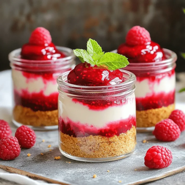 - 1 cup graham cracker crumbs - 16 oz cream cheese, softened - 1 cup heavy cream The graham cracker crumbs form the base of your parfait. They give a nice crunch. I love using unsalted butter to bind the crumbs together. Cream cheese adds a creamy texture. It also gives a rich taste. Heavy cream makes the cheesecake light and fluffy. Whipping it helps add air. This step is key for a smooth finish. - Mint leaves for garnish - Additional toppings ideas (e.g., chocolate shavings, whipped cream) Mint leaves add a pop of color. They also bring a fresh taste. You can use chocolate shavings for a sweet twist. Whipped cream on top can make it even more delicious. Feel free to get creative! Mixing and matching toppings can personalize your parfaits. First, you need to mix the graham cracker crumbs and melted butter. In a medium bowl, combine 1 cup of graham cracker crumbs with 4 tablespoons of melted unsalted butter. Stir until the crumbs are fully coated. Next, it’s time to layer the crust in serving glasses. Take your mixture and add about 1/4 cup to the bottom of each glass. Press down gently to create a firm base. This crust will add a nice crunch to your parfait. Now, let’s make the cheesecake mixture. In a large mixing bowl, beat 16 ounces of softened cream cheese with an electric mixer until it’s smooth. It should be creamy and free of lumps. Next, add 1 cup of powdered sugar and 1 teaspoon of vanilla extract to the cream cheese. Mix until everything is fully combined and smooth. In a separate bowl, whip 1 cup of heavy cream until stiff peaks form. This means the cream will hold its shape well. Gently fold the whipped cream into the cream cheese mixture. Be careful not to deflate the whipped cream; we want it fluffy and light. Now comes the fun part: assembling the parfaits. Start by layering half of the cream cheese mixture on top of the graham cracker crust in each glass. Then, make a raspberry puree. In a small bowl, mash 1 cup of fresh raspberries with 2 tablespoons of lemon juice. You can leave some chunks for a nice texture. Spoon the raspberry puree over the cream cheese layer in each glass. Repeat the layers with the remaining cream cheese mixture and raspberry puree until the glasses are filled. Finally, finish each parfait with fresh raspberries and a sprig of mint if you like. These touches will make your parfaits look even more delicious and inviting. To get a great texture in your raspberry cheesecake parfaits, ensure your cream cheese is softened before mixing. Soft cream cheese blends easily and creates a smooth filling. Let it sit at room temperature for about 30 minutes before using. When whipping cream, use a cold bowl and cold beaters. This helps the cream whip faster. Beat the cream until stiff peaks form but don’t overwhip. Stop when it looks fluffy and holds its shape well. To create beautiful layers in your parfaits, use clear glasses or jars. This way, everyone can see the lovely layers you made. Start with about 1/4 cup of crust, then add a layer of cream cheese mixture, followed by raspberry puree. Repeat these layers until the glasses are full. Using different sized glasses can add charm to your serving. Try tall, thin glasses for a modern look or wide, short ones for a cozy feel. Mixing sizes adds visual interest and makes your dessert even more inviting. {{image_2}} You can switch up the fruit in your parfaits. Instead of raspberries, try strawberries or blueberries. Each fruit adds its own twist and flavor. You can also use citrus zest to give the cream cheese a refreshing kick. Lemon or lime zest can brighten the taste. These small changes can make your parfaits feel new and exciting. If you need a gluten-free option, use gluten-free graham cracker crumbs for the crust. Many brands offer this choice, so you won't miss out on flavor. For a vegan version, look for plant-based cream cheese and whipped cream. They work well in this recipe. You can still have a delicious dessert that fits your dietary needs. To keep your no-bake raspberry cheesecake parfaits fresh, store them in the fridge. Use airtight containers or cover the glasses with plastic wrap. This helps prevent them from absorbing any odors from the fridge. These parfaits stay fresh for up to three days. After that, the layers may start to separate, and the texture won't be as nice. Can you freeze the parfaits? Yes, but it's best to freeze only the cheesecake mixture, not the whole parfait. To freeze, layer the cheesecake mixture in a suitable container. Leave space at the top for expansion. Cover tightly, and it will keep for about a month. To thaw, move the container to the fridge for several hours or overnight. Once thawed, reassemble the layers with fresh raspberries. This keeps the parfaits looking and tasting great. Avoid refreezing, as it can harm the texture and flavor. Yes, you can make these parfaits ahead of time. They stay fresh in the fridge. Prepare them one day before. Just layer them in your serving glasses and cover with plastic wrap. Keep them chilling until you're ready to serve. This saves time and makes serving easy. To reduce sweetness, cut back on the powdered sugar. Start with half a cup instead of one cup. Taste the cream cheese mixture and add more if needed. You can also use tart raspberries. This helps balance the sweetness well. If you want a different base, try crushed cookies like Oreos or digestive biscuits. For a gluten-free option, use almond flour or gluten-free cookies. These alternatives can add unique flavors and textures to your parfaits. This blog post shows how to create delicious cheesecake parfaits. We covered essential ingredients like graham cracker crumbs, cream cheese, and heavy cream. You learned how to prepare the crust, mix the cheesecake, and assemble layers. We also shared tips on achieving smooth textures and great layers. In my final thoughts, these parfaits are easy to experiment with. You can try different fruits and flavors to make them your own. Enjoy making this tasty dessert again and again!