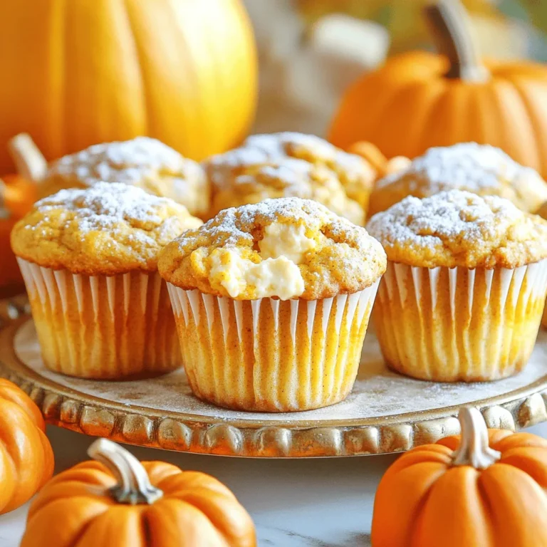 To make pumpkin cheesecake muffins, you need the following items: - 1 cup all-purpose flour - ½ cup brown sugar - ½ cup granulated sugar - 1 teaspoon baking powder - ½ teaspoon baking soda - ½ teaspoon cinnamon - ¼ teaspoon nutmeg - ¼ teaspoon salt - 1 large egg - ½ cup pumpkin puree - ⅓ cup vegetable oil - 1 teaspoon vanilla extract - 4 oz cream cheese, softened - 1 tablespoon powdered sugar - 1 tablespoon milk Using fresh ingredients makes a big difference in flavor. Fresh pumpkin puree brings warmth and depth to the muffins. Fresh spices, like cinnamon and nutmeg, add rich aroma and taste. Use new baking powder and baking soda for good rising. Fresh eggs help the muffins stay fluffy and moist. When you use high-quality ingredients, you improve the whole dish. You can easily swap some ingredients if needed. Here are some ideas: - Flour: Use whole wheat flour for a healthier option. - Sugar: Replace brown sugar with coconut sugar for a different flavor. - Oil: Use melted coconut oil instead of vegetable oil. - Egg: For a vegan option, use a flax egg (1 tablespoon ground flaxseed + 3 tablespoons water). - Cream Cheese: Swap cream cheese for dairy-free cream cheese or Greek yogurt if desired. These substitutions can help you customize your muffins while keeping them delicious. First, I set my oven to 350°F (175°C). This ensures the muffins bake evenly. Next, I grab a muffin tin. I line it with paper liners or spray it with non-stick spray. This step makes it easy to remove the muffins later. In a large bowl, I whisk together the dry ingredients. I combine 1 cup of all-purpose flour, ½ cup of brown sugar, ½ cup of granulated sugar, 1 teaspoon of baking powder, and ½ teaspoon of baking soda. I then add ½ teaspoon of cinnamon, ¼ teaspoon of nutmeg, and ¼ teaspoon of salt. Mixing these well makes the base flavorful. In another bowl, I crack one large egg. I beat it well before adding ½ cup of pumpkin puree, ⅓ cup of vegetable oil, and 1 teaspoon of vanilla extract. I mix these until they are smooth and well combined. This mix adds moisture to the muffins. I pour the wet ingredients into the dry mix. Using a spatula, I gently stir them together. I stop mixing when I see a few lumps. Overmixing can make the muffins tough, and I want them soft and fluffy. In a small bowl, I take 4 oz of softened cream cheese. I add 1 tablespoon of powdered sugar and 1 tablespoon of milk. I beat this mixture until it is smooth. This filling will add a creamy surprise in the center of each muffin. I scoop about 2 tablespoons of muffin batter into each cup of the muffin tin. Using a spoon, I create a small well in the center of each batter scoop. This well will hold the cream cheese filling. Next, I place about 1 tablespoon of the cream cheese mixture into each well. Then, I top it with another tablespoon of muffin batter. This keeps the filling hidden, creating a delightful surprise when I bite into the muffin. I put the muffin tin in the oven and bake for 18 to 20 minutes. I check for doneness with a toothpick. If it comes out clean, they are ready. Once baked, I let the muffins cool in the pan for 5 minutes. Then, I transfer them to a wire rack to cool completely. To get that perfect bakery-style texture, follow these steps: - Use room temperature ingredients. This helps the batter mix better and rise well. - Do not overmix the batter. Stir just until combined. A few lumps are okay! - Fill muffin cups about two-thirds full. This allows room for rising and keeps the muffins fluffy. Avoid these common mistakes for the best results: - Skipping the cream cheese filling. It adds rich flavor and a creamy texture. - Not measuring ingredients correctly. Use cups and spoons to ensure accuracy. - Opening the oven door too soon. This can cause muffins to sink in the middle. Here are some fun ways to serve your muffins: - Dust with powdered sugar for a sweet touch. - Serve on a decorative platter with mini pumpkins for a fall vibe. - Pair with coffee or tea for a cozy snack time treat. {{image_2}} You can make these pumpkin cheesecake muffins healthier. Try using whole wheat flour instead of all-purpose flour. Whole wheat adds fiber and nutrients. You can replace the sugar with a sugar substitute like stevia or erythritol. This helps reduce calories. For a dairy-free option, use almond milk and a dairy-free cream cheese. Want to amp up the flavor? Add chocolate chips or nuts to the batter. Dark chocolate chips give a rich taste that pairs well with pumpkin. Chopped walnuts or pecans add a nice crunch too. You could even swirl in some caramel sauce for extra sweetness. These muffins can change with the seasons. For a fall twist, add spices like ginger or cloves. In winter, a sprinkle of nutmeg can warm things up. You could also top the muffins with a light cream cheese frosting. This makes them festive for holiday gatherings. To keep your pumpkin cheesecake muffins fresh, store them in an airtight container. This helps prevent drying out. Place a paper towel at the bottom to absorb moisture. You can store them at room temperature for up to three days. If you live in a humid area, consider refrigerating them. Just remember to wrap each muffin tightly in plastic wrap. Freezing these muffins is easy and keeps them tasty. First, let them cool completely. Then, wrap each muffin in plastic wrap. Place the wrapped muffins in a freezer-safe bag. Label the bag with the date. You can freeze them for up to three months. When you want to enjoy one, just take it out of the freezer. To reheat your muffins, remove them from the container. You can use the microwave or the oven. For the microwave, heat each muffin for about 15-20 seconds. If you prefer the oven, preheat it to 350°F (175°C). Wrap the muffin in foil and heat for about 10 minutes. This keeps them moist and warm. Enjoy your delicious pumpkin cheesecake muffins! Pumpkin cheesecake muffins last about four days when stored at room temperature. Keep them in an airtight container to stay fresh. If you want them to last longer, store them in the fridge. This can add a day or two to their life. Yes, you can use homemade pumpkin puree! It adds a rich flavor to your muffins. Just make sure to drain any excess liquid for the best texture. Fresh pumpkin is great, and it’s fun to make from scratch. You can substitute cream cheese with Greek yogurt or mascarpone cheese. Both will give a creamy texture. If you want a dairy-free option, try using cashew cream. Just blend soaked cashews until smooth. Yes, these muffins freeze very well! Let them cool completely, then wrap each muffin in plastic wrap. Store them in a freezer bag. They can last for up to three months in the freezer. To enjoy, just thaw them at room temperature. Absolutely! You can make mini muffins by using a mini muffin tin. Fill each cup halfway and adjust the baking time. Bake for about 12-15 minutes. This way, you get bite-sized treats that are perfect for sharing. This article walks you through making delicious pumpkin cheesecake muffins. You learned about key ingredients, the importance of freshness, and how to mix everything for the best taste. We discussed tips to avoid common mistakes and shared serving ideas. You can easily customize these muffins to fit your taste or dietary needs. Remember, storing and reheating your muffins properly keeps them fresh. Now, it's time to bake and enjoy tasty treats that bring joy to any occasion.