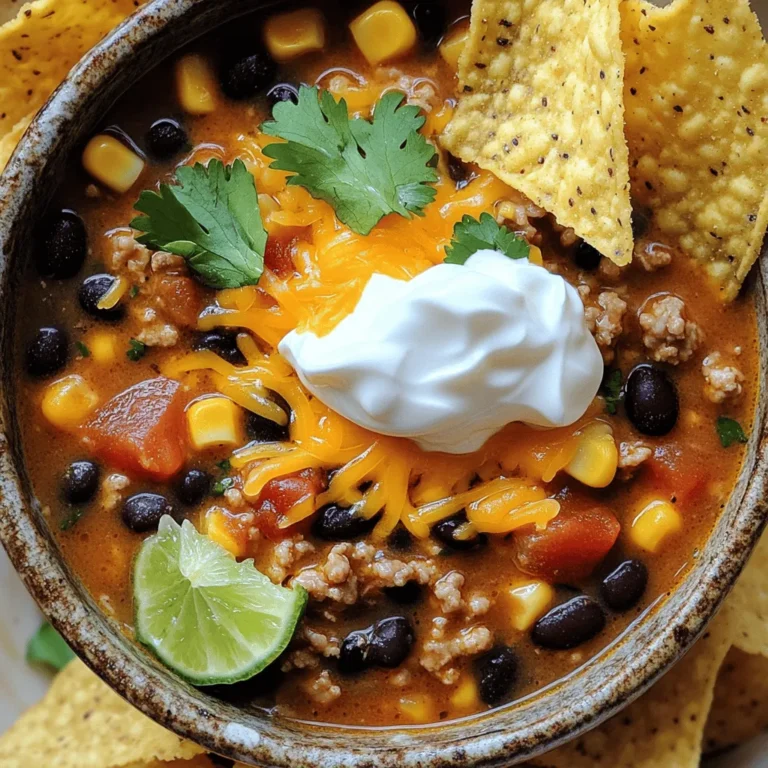 - 1 pound ground turkey - 1 onion, diced - 2 cloves garlic, minced - 1 bell pepper, chopped (yellow or red) - 1 can (15 oz) black beans, rinsed and drained - 1 can (15 oz) corn, drained - 1 can (14 oz) diced tomatoes with green chilies - 4 cups chicken broth - 2 teaspoons chili powder - 1 teaspoon cumin - 1 teaspoon smoked paprika - 1/2 teaspoon salt - 1/4 teaspoon pepper - 1 lime, juiced - 1 cup shredded cheddar cheese - Fresh cilantro, chopped - Sour cream - Tortilla chips - Large pot or Dutch oven - Wooden spoon or spatula - Measuring cups and spoons - Knife and cutting board Gather all the listed ingredients before you start cooking. This way, you can work quickly and keep everything organized. The optional toppings add flavor and texture, making your soup even better. Use a large pot or Dutch oven to fit all the tasty ingredients. Remember to have your measuring tools handy for accuracy! Start by heating a bit of olive oil in a big pot over medium heat. Add the diced onion. Sauté it until the onion turns clear, which takes about 5 minutes. Next, add the minced garlic and chopped bell pepper. Cook for about 3 minutes until the pepper softens. Now, stir in the ground turkey. Use a spoon to break it apart. Cook it until the turkey is brown and cooked through, which takes about 7 to 8 minutes. After that, add the black beans, corn, and diced tomatoes with their juices. Pour in the chicken broth and add the chili powder, cumin, smoked paprika, salt, and pepper. Stir everything well to mix. Bring the soup to a simmer. Then, lower the heat and let it cook for about 20 minutes. This helps the flavors blend together. Just before serving, mix in the lime juice for a fresh taste. Serve it hot, topped with shredded cheddar cheese, fresh cilantro, sour cream, and tortilla chips. Sautéing vegetables well is key to making this soup great. Always start with a hot pan to cook the veggies quickly. Cut your onion and bell pepper into small pieces. This helps them cook evenly. Use a wooden spoon to stir often. This way, they don’t burn. If the pan gets dry, add a splash of broth or water. This keeps the veggies from sticking and adds flavor. To get the best flavors in your soup, use fresh ingredients. Fresh garlic and onion make a huge difference. Don’t skip the spices; they add depth to the soup. Toast the spices in the pan for a minute before adding the other ingredients. This releases their oils and enhances the taste. Let the soup simmer long enough for the flavors to meld together. Just before serving, the lime juice adds brightness. Also, don’t forget the toppings! They add texture and flavor to each bowl. To get a great texture, focus on the cooking time. Cook the turkey until it’s no longer pink. This makes sure you get a good base for your soup. Use fresh veggies for better crunch. When you add beans and corn, stir gently. This keeps them whole and adds more bite. Simmer the soup long enough for flavors to mix but not so long that it becomes mushy. One common mistake is not browning the turkey fully. If the meat stays pink, it can affect flavor. Avoid adding too much liquid at once. Too much broth can make the soup watery. Also, don’t skip the lime juice. It gives a bright taste that you really need. Lastly, don't rush the simmering time. Let it sit for at least 20 minutes. This is key for the best flavor. For a full meal, serve your soup with tortilla chips on the side. They add a nice crunch. You can also offer a fresh salad to balance the soup's warmth. A simple green salad with avocado and lime dressing works great. If you want something heartier, add a side of rice or quinoa. They soak up the flavors and make it filling. To drink, consider a cold beverage like lemonade or iced tea. {{image_2}} Want to turn up the heat? Use spicy ground turkey or add fresh jalapeños. You can also toss in a few dashes of hot sauce. This will give your soup a nice kick. You can adjust the spice level to fit your taste. Remember, spicy flavors can make a big difference! To make this soup vegetarian, swap the ground turkey for plant-based meat. You can also use lentils or quinoa for a hearty touch. For a vegan version, skip the cheese and sour cream. Try using avocado or cashew cream instead. These options keep the soup rich and satisfying. Do you have a dietary restriction? No problem! If you need a gluten-free option, use gluten-free broth. If you want a lower-sodium choice, use low-sodium broth and canned beans. You can also replace black beans with kidney or pinto beans. It’s easy to adapt this recipe to meet your needs. To store leftover Southwest Turkey Taco Soup, let it cool first. Use an airtight container to keep it fresh. This helps avoid spilling and keeps the flavors inside. You can store the soup in your fridge for up to three days. Make sure to label the container with the date. This way, you will know when to eat it. When you are ready to eat the soup again, reheat it on the stove. Pour the soup into a pot over medium heat. Stir it often to keep it from burning. It should heat up in about 5 to 10 minutes. You can add a splash of chicken broth if it looks too thick. This keeps the soup creamy and delicious. You can freeze this soup for later, which is great for meal prep. Allow the soup to cool completely before freezing. Pour it into freezer-safe containers, leaving some space at the top. The soup will expand when it freezes. It can stay in the freezer for up to three months. When you want to eat it, thaw it in the fridge overnight. Reheat it as mentioned above for the best flavor. Yes, you can use ground beef instead of turkey. Ground beef gives a richer taste. It also adds more fat, so watch the cooking time. Brown the beef just like you do with turkey. The rest of the recipe stays the same. Enjoy your twist on this soup! If your soup is too thick, add more chicken broth. Start with a cup and stir well. You can also add water if you’re out of broth. Heat it gently until it reaches your desired thickness. This makes it easy to customize your soup. You can store the soup in the fridge for about three to four days. Make sure to cool it down first. Place it in an airtight container. When you want to eat it, just reheat on the stove or in the microwave. This blog post covered how to make a delicious Southwest Turkey Taco Soup. We went through the ingredients, cooking steps, and helpful tips to create bold flavors. I shared ways to vary the recipe, whether for spice lovers or those needing vegan options. You also learned how to store and reheat leftovers properly. Remember, small tweaks can make a big difference in your soup. Enjoy cooking, and don't hesitate to experiment!