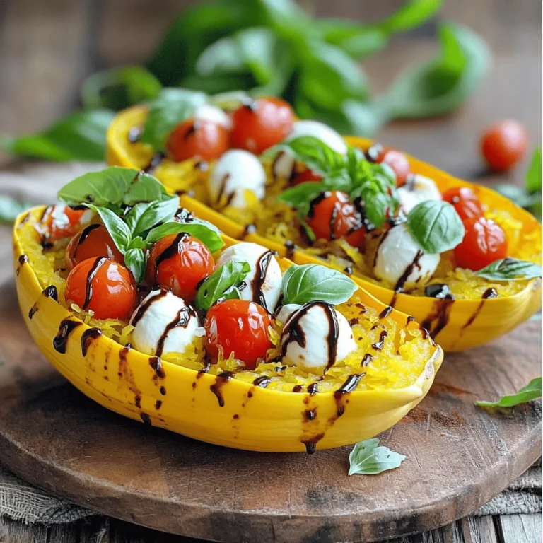 - 1 medium spaghetti squash - 2 tablespoons olive oil - Salt and pepper, to taste - 1 cup cherry tomatoes, halved - 1 cup fresh mozzarella balls, halved - 1/4 cup fresh basil leaves, chopped - 2 cloves garlic, minced - 1 teaspoon balsamic glaze (optional) To create Margherita spaghetti squash boats, you need a few simple ingredients. The star is the spaghetti squash, which gives the dish its unique shape and texture. Olive oil adds richness, while salt and pepper enhance the flavors. Fresh cherry tomatoes provide a sweet pop, and mozzarella balls bring creaminess. The basil leaves add a fragrant touch, and garlic gives it a savory kick. Finally, a drizzle of balsamic glaze can elevate the dish, adding a tangy finish. Using fresh ingredients makes a big difference in flavor. I always choose ripe tomatoes and fresh basil when I cook. Each bite should burst with taste. This combination of ingredients creates a dish that feels both hearty and light. You can enjoy it as a main course or a side. The balance of flavors is perfect for any meal. 1. Start by preheating your oven to 400°F (200°C). This step is key for even cooking. 2. Next, carefully cut the spaghetti squash in half lengthwise. Keep your fingers safe! 3. Scoop out the seeds using a spoon. This will give you space for the filling. 1. Drizzle the inside of each half with olive oil. Add salt and pepper for flavor. 2. Now, place the squash cut-side down on a baking sheet lined with parchment paper. This helps with cleanup later. 3. Roast the squash in the oven for 30-35 minutes until it is tender. You can check it with a fork. 1. While the squash roasts, heat a small skillet over medium heat. Add a drizzle of olive oil. 2. Sauté the minced garlic for about 1 minute until it smells great. Next, add the halved cherry tomatoes. 3. Cook the tomatoes for an additional 3-4 minutes until softened. This adds a sweet touch to the filling. 1. Once the squash is roasted, let it cool slightly. Use a fork to scrape the flesh into strands. 2. In a large bowl, mix the spaghetti squash strands with the sautéed tomatoes, mozzarella balls, and chopped basil. Toss gently to combine. 3. Spoon the filling back into each half of the spaghetti squash. Make sure to pack it well. 4. Return the stuffed squash to the oven. Bake for an additional 10 minutes until the cheese is melted and bubbly. 5. Drizzle with balsamic glaze before serving if you want an extra pop of flavor. To ensure your spaghetti squash is tender, roast it long enough. Cook it at 400°F for 30-35 minutes. The inside should be soft when you poke it with a fork. Perfecting the sautéed filling takes just a few steps. Start by heating olive oil in a small skillet. Sauté minced garlic for a minute until it smells great. Then, add halved cherry tomatoes. Cook them for 3-4 minutes. They should look soft and juicy. For visual appeal, serve the spaghetti squash boats on a rustic wooden board. This adds a homey touch. Arrange the squash with the filling facing up. It shows off the colors and textures. Garnish with fresh basil leaves. They add a pop of green. You can also drizzle balsamic glaze on top for a glossy finish. This makes the dish look fancy and inviting. Adjusting ingredient quantities is easy. If you want more cheese, add extra mozzarella balls. For a lighter dish, cut back on the cheese. Try alternative toppings too. You can use grilled zucchini or bell peppers for extra flavor. Adding a sprinkle of red pepper flakes gives a nice kick. You can mix and match to find your favorite combination. {{image_2}} You can switch out ingredients to fit your diet. Use avocado oil instead of olive oil. This change still gives great flavor. For a dairy-free option, try using a vegan mozzarella. For those needing gluten-free meals, this dish is perfect as it contains no gluten. Spices can add a fun twist. Try adding red pepper flakes for heat. Fresh herbs like oregano or thyme can brighten the dish. You can also mix in other veggies. Zucchini or bell peppers work well. They add color and extra nutrients. Make this dish fun for kids. Cut the squash into smaller pieces for easy eating. Let kids help mix the filling. They can choose their favorite veggies to add. If your child is picky, keep the flavors simple. Just use tomatoes and mozzarella. This way, they will enjoy the meal more. To keep your Margherita spaghetti squash boats fresh, place them in an airtight container. Refrigerate them within two hours after cooking. They stay good for about three to four days. When you’re ready to eat, reheat in the oven or microwave. If using the oven, set it to 350°F (175°C) and heat for about 15 minutes. For the microwave, heat for about two to three minutes. Check if they are warm throughout before enjoying. You can freeze spaghetti squash boats for later use. First, let them cool completely. Then, wrap each half tightly in plastic wrap. Place them in a freezer-safe bag or container. They freeze well for up to three months. When you are ready to eat, thaw them in the fridge overnight. Reheat them in the oven at 350°F (175°C) for about 20 minutes, or until hot. You can also microwave them for quicker reheating. You can tell spaghetti squash is done when it is soft and easy to pierce with a fork. The skin should have a slight give. After roasting for 30-35 minutes, check it by gently squeezing the sides. If it feels tender, it is ready. Yes, you can prepare the filling ahead of time. Cook the squash and let it cool. You can store the squash and filling in the fridge for up to two days. When you are ready to eat, fill the squash and bake it until warm and cheesy. Some great side dishes to pair with Margherita Spaghetti Squash Boats include: - A fresh green salad with lemon vinaigrette - Roasted vegetables like zucchini and bell peppers - Garlic bread or a crusty baguette - A light soup, such as tomato basil Yes, you can replace mozzarella with vegan cheese. Look for plant-based mozzarella or use nutritional yeast for a cheesy flavor. This makes the dish dairy-free and still delicious. Just ensure it melts well for the best texture. This blog post outlined how to make delicious Margherita Spaghetti Squash Boats. We covered the best ingredients, step-by-step instructions, and helpful tips. You learned how to roast the squash and make a tasty filling with fresh tomatoes and mozzarella. Remember, you can customize the recipe to fit your taste and dietary needs. By trying this dish, you’ll enjoy a healthy meal that’s fun to make. Enjoy your cooking adventure!