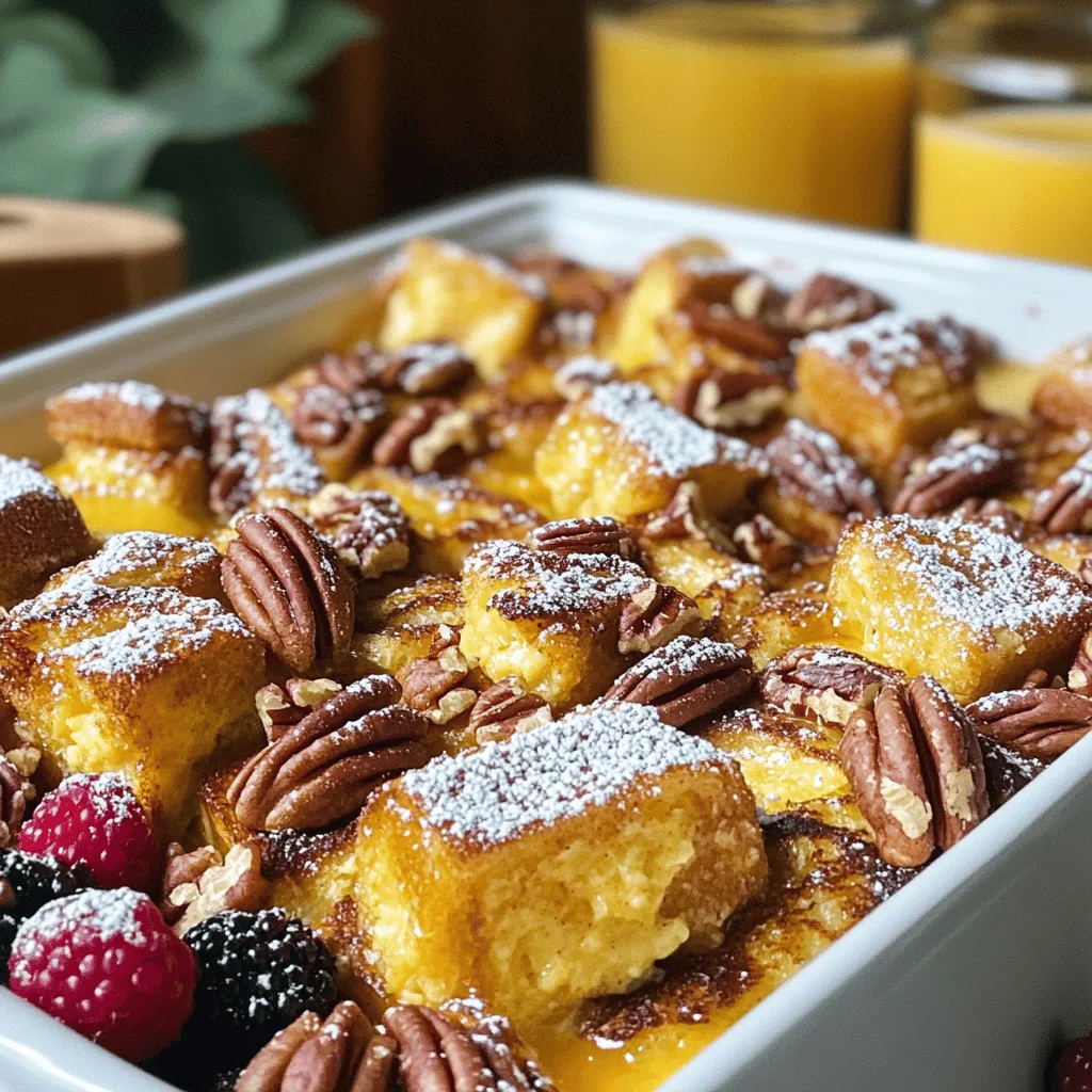 - 1 loaf of brioche bread, cut into cubes - 6 large eggs - 2 cups milk (whole or almond) - 1/2 cup pure maple syrup The main ingredients bring together a rich and sweet flavor. Brioche bread forms the base, soaking up all the custard goodness. Using eggs gives it a fluffy texture, while milk adds creaminess. Pure maple syrup gives the dish its sweet taste, making each bite delightful. - 1 teaspoon vanilla extract - 1 teaspoon ground cinnamon - 1/2 teaspoon nutmeg - 1/4 teaspoon salt Flavoring ingredients enhance the dish. Vanilla extract adds warmth, while cinnamon and nutmeg bring cozy spice notes. Salt balances sweetness, ensuring the flavors shine without being too overpowering. - 1 cup chopped pecans - Powdered sugar (for dusting, optional) - Fresh berries (for serving, optional) Optional additions can elevate your casserole. Chopped pecans add crunch and nuttiness, giving great texture. A dusting of powdered sugar on top adds a sweet finish. Fresh berries provide a pop of color and freshness, making it even more enjoyable. 1. First, preheat your oven to 350°F (175°C). This step warms up your oven, making sure the casserole cooks evenly. 2. Next, grease a 9x13-inch baking dish. You can use butter or non-stick spray. This keeps the casserole from sticking. 3. In a large mixing bowl, create the egg mixture. Whisk together 6 large eggs, 2 cups of milk, 1/2 cup of pure maple syrup, 1 teaspoon of vanilla extract, 1 teaspoon of ground cinnamon, 1/2 teaspoon of nutmeg, and 1/4 teaspoon of salt until everything is well mixed. 1. Now, soak the brioche bread. Take a loaf of brioche bread and cut it into cubes. Add it to the egg mixture. Gently fold the bread in until all pieces are coated. Let it soak for about 15 minutes. This allows the bread to absorb all those tasty flavors. 2. After soaking, stir in 1 cup of roughly chopped pecans. Make sure they are evenly spread throughout the mixture for a nice crunch. 3. Pour the bread mixture into the greased baking dish. Spread it out evenly to ensure even cooking. 1. Cover the dish with aluminum foil. This helps to keep the moisture in while it bakes. Place it in the oven and bake for 30 minutes. 2. After 30 minutes, remove the foil and finish baking. Let it bake for an additional 15-20 minutes. The top should turn golden brown, and the custard should set. 3. Once done, remove the dish from the oven and let it cool for about 10 minutes. If you like, dust it with powdered sugar before serving. You can also add fresh berries on top for a burst of color and flavor. - Choosing the right bread: Use brioche for a rich, soft texture. It soaks up the egg mixture well. You can try challah too. Just make sure it’s fresh. Stale bread can work but may not yield the best result. - Soaking time for best results: Let the bread soak for about 15 minutes. This time helps the bread absorb the egg mixture. If you soak it too long, the bread can get mushy. You want it to be soft but still hold its shape. - Checking for doneness: Bake until the top is golden brown. The custard should be set, not runny. Insert a toothpick into the center. If it comes out clean, it’s done. If not, give it a few more minutes. - Ideal toppings: Dust with powdered sugar for a sweet touch. Fresh berries add color and flavor. You can also drizzle extra maple syrup on top for a richer taste. - Pairing with beverages: Serve with coffee or tea for a cozy breakfast. Fresh juice can also be a great match. Try a sparkling water for a refreshing twist. - Garnishing options: Add mint leaves for a pop of color. You can also sprinkle some chopped pecans on top for added crunch. This makes your dish look fancy and inviting. {{image_2}} Gluten-free options You can swap out the brioche for gluten-free bread. Many stores sell gluten-free loaves. Just make sure to check the label. This small change lets you enjoy the casserole without gluten. Vegan substitutes To make it vegan, replace the eggs with flaxseed meal. Use 1 tablespoon of flaxseed mixed with 3 tablespoons of water for each egg. Almond milk works great instead of regular milk. You can also use maple syrup as your sweetener. Extra spices or flavorings Feel free to get creative! Add a splash of almond extract for a nutty twist. You can also mix in pumpkin pie spice or cardamom for a different flavor. These spices blend well with maple and pecans. Fruit alternatives You can change the berries for other fruits. Try sliced bananas or diced apples. Just remember, softer fruits may cook faster. Add them in the last few minutes of baking for best results. Breakfast vs. dessert variations This casserole shines as both breakfast and dessert. For breakfast, serve it warm with syrup. For dessert, add vanilla ice cream on top. It transforms the dish into a sweet treat everyone will love. Individual servings You can also bake this in smaller dishes. Use ramekins or muffin tins for single servings. This makes for a fun and easy way to serve guests. Plus, it helps with portion control! To keep your Maple Pecan French Toast Casserole fresh, store it in the fridge. Use an airtight container to prevent drying out. Make sure it cools down completely before you cover it. This casserole stays good for about 3 to 4 days in the fridge. When you want to enjoy your leftovers, the oven is the best way to reheat. Preheat your oven to 350°F (175°C). Place the casserole in a baking dish and cover it with foil. Heat for about 20 minutes. This keeps the texture nice and soft. You can also use the microwave if you're in a hurry. Just heat it in short bursts to avoid drying it out. Enjoy it warm! Can I make this ahead of time? Yes, you can make this dish ahead. Prepare it the night before. Just cover it well and place it in the fridge. Bake it in the morning to enjoy a warm breakfast. How do I know when it’s done baking? Look for a golden brown top. The custard should not jiggle. You can also poke it with a knife. If it comes out clean, it’s done. What can I use instead of brioche bread? You can use challah or even a good quality French bread. Both will give a nice texture and taste. Can I use a different type of syrup? Yes, you can use honey or agave syrup. Each will change the flavor slightly but will still taste great. What’s a vegan substitute for eggs? You can use flaxseed meal. Mix 1 tablespoon of flaxseed with 2.5 tablespoons of water. Let it sit for a few minutes to thicken. Can I freeze Maple Pecan French Toast Casserole? Yes, you can freeze it. Bake it first, then cool completely. Wrap it tightly, and it will last for up to three months. What’s the best way to serve this dish? Serve it warm with fresh berries and a drizzle of maple syrup. A dusting of powdered sugar adds a nice touch. Enjoy it with coffee or tea for a perfect meal! This Maple Pecan French Toast Casserole is easy and delicious. We covered key ingredients, step-by-step instructions, and helpful tips. You can adjust flavors and even make it gluten-free or vegan. Leftovers are simple to store and reheat. Enjoy this dish for breakfast or dessert. It’s a great way to impress family and friends. Try it out, and feel free to get creative with your toppings. Happy cooking!