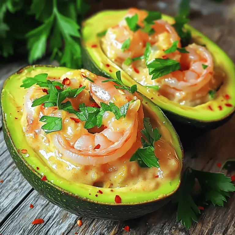 To make creamy garlic shrimp stuffed avocados, gather these fresh ingredients: - 2 ripe avocados - 1 pound large shrimp, peeled and deveined - 3 tablespoons butter - 4 cloves garlic, minced - 1/2 teaspoon red pepper flakes (adjust for spice tolerance) - 1/2 cup heavy cream - 1/2 teaspoon paprika - Salt and pepper to taste - 2 tablespoons fresh parsley, chopped - 1 tablespoon lemon juice Each ingredient plays a key role in the dish. The ripe avocados provide a creamy base. Large shrimp add protein and flavor. Butter and garlic create a savory aroma. Red pepper flakes give a hint of heat. Heavy cream brings richness. Paprika adds color and depth. Fresh parsley brightens the dish. Lemon juice adds freshness and balance. With these simple yet vibrant ingredients, you create a delightful meal that is both satisfying and beautiful. Preparing the skillet Start by heating a large skillet over medium heat. Add 3 tablespoons of butter and let it melt. This step is vital. It gives flavor to the shrimp and garlic. Cooking the shrimp Once the butter melts, add 4 cloves of minced garlic and 1/2 teaspoon of red pepper flakes. Sauté for about 1 minute until the garlic smells good. Next, add 1 pound of large shrimp, seasoned with salt, pepper, and 1/2 teaspoon of paprika. Cook for 2-3 minutes. The shrimp should turn pink and be fully cooked. Making the creamy sauce Now, reduce the heat to low. Pour in 1/2 cup of heavy cream and stir well. Let it simmer for 2-3 minutes until the sauce thickens. Remove the skillet from heat and mix in 2 tablespoons of chopped parsley and 1 tablespoon of lemon juice. Taste and adjust the seasoning if needed. Preparing the avocados While the shrimp mixture cools, cut 2 ripe avocados in half and take out the pit. Use a spoon to scoop out a bit of the flesh. This gives more room for the filling. Filling the avocado halves Spoon the creamy garlic shrimp mixture into each avocado half. Pack it nicely to fill each half well. Presentation tips Serve the stuffed avocados on a bright plate. You can garnish with extra parsley for a pop of color. Ideal side dishes Pair these delicious avocados with a fresh salad or tortilla chips. They balance the creamy flavors perfectly. Choosing the right shrimp For this dish, you want large shrimp. Large shrimp cook well and fill the avocado nicely. Look for shrimp that are firm and have a fresh smell. If you can, buy shrimp that are wild-caught. They taste better than farmed shrimp. Cooking times and techniques Cook the shrimp quickly. Heat a skillet on medium heat. Add butter, then garlic and red pepper flakes. When the garlic smells good, add the shrimp. They only need 2-3 minutes until they turn pink. Overcooking can make them rubbery. How to store ripe avocados Store ripe avocados at room temperature. If you want to slow down ripening, put them in the fridge. Check them daily. Once they are ripe, use them within a couple of days for the best taste. Techniques for cutting and scooping Cut the avocado in half and twist to separate. Use a spoon to scoop out some flesh. This makes more room for the shrimp. Be careful not to scoop too deep; you want the avocado to hold its shape. Adding spices and herbs Feel free to play with flavors! Add more garlic or herbs like cilantro. A pinch of cayenne can kick up the heat. Adjust spices based on your taste. Modifications for creamy texture If you like it creamier, add more heavy cream. You can also mix in cream cheese for richness. Another option is to stir in a bit of sour cream. This makes the filling even more delicious! {{image_2}} You can change the seafood in this dish. Consider using scallops or crab for a twist. Both options give a unique taste while keeping it creamy. If you want a vegetarian dish, swap the shrimp for chickpeas or mushrooms. These alternatives can soak up the creamy sauce well. Adding cheese can enhance the flavor of the shrimp mixture. Try cream cheese for a richer taste. You could also sprinkle some shredded cheddar or feta on top before serving. This adds a nice touch. Experimenting with sauces can also change the dish. A splash of hot sauce can bring heat. Alternatively, a drizzle of soy sauce adds umami. You can serve these stuffed avocados cold or warm. Cold versions work well for summer picnics. Warm servings are comforting on chilly days. You can also use these avocados as appetizers or a main dish. For an appetizer, serve smaller portions. When serving as a main dish, pair it with rice or a salad for a complete meal. How do you store leftover stuffed avocados? To store leftover stuffed avocados, place them in an airtight container. Cover the avocados tightly to keep them fresh. You can also squeeze some lemon juice on top to slow browning. The avocados can last in the fridge for up to two days. What are the shelf life considerations? The shrimp filling should stay fresh for about three days in the fridge. However, the avocado itself will brown quickly. So, it’s best to eat these stuffed avocados as soon as possible for the best taste and texture. What are the best methods for reheating the shrimp filling? To reheat the shrimp filling, use a skillet over low heat. Stir often to avoid burning. You can also microwave it in short bursts, stirring in between. This keeps the shrimp tender and the sauce creamy. How can you prevent avocado browning? To prevent browning, keep the avocado halves covered tightly with plastic wrap or in an airtight container. Adding lemon juice to the cut sides also helps maintain their vibrant green color. You can enjoy this dish with many tasty sides. Here are some great options: - Rice: A light, fluffy rice pairs well and soaks up the sauce. - Salad: A fresh green salad adds crunch and balances the creaminess. - Chips: Tortilla chips are fun for dipping and add texture. - Grilled Veggies: Grilled zucchini or peppers bring more flavor to your meal. - Quinoa: This nutty grain is a healthy choice and complements the shrimp. To add some heat, you can adjust a few things: - Red Pepper Flakes: Increase the amount for more heat. - Hot Sauce: Drizzle some on top or mix it in the shrimp. - Chili Powder: Add a pinch to the shrimp for a warm kick. - Jalapeños: Chop fresh jalapeños and add them to the filling. Yes, you can use frozen shrimp in this recipe. Here’s how: - Thaw First: Make sure to thaw the shrimp before cooking. Place them in the fridge overnight or run them under cold water. - Cook Time: Frozen shrimp may need a minute or two longer to cook. Keep an eye on them until they turn pink. - Quality: Choose shrimp that is peeled and deveined for best results. In this post, we explored how to make Creamy Garlic Shrimp Stuffed Avocados. We covered the ingredients, preparation steps, and tips to enhance flavor. Remember, the right shrimp and fresh avocados make all the difference. You can try various substitutions or serve it warm or cold. Enjoy experimenting with flavors and impressing your guests. Following these steps will help you create a delicious dish every time. Keep this guide handy for your next kitchen adventure!