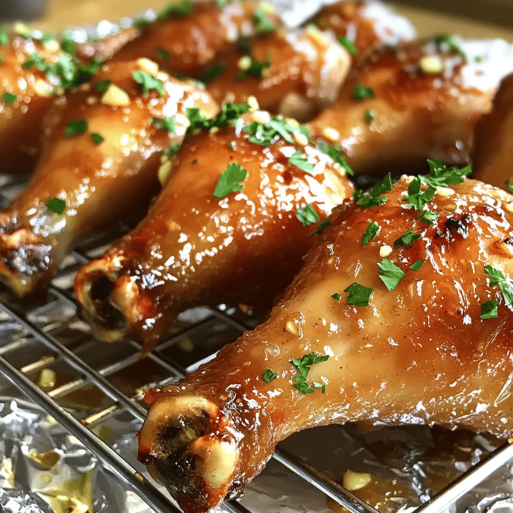 - 8 chicken drumsticks - 4 cloves garlic, minced - 1/4 cup brown sugar - 1/4 cup soy sauce (low sodium recommended) - 2 tablespoons olive oil - 1 tablespoon apple cider vinegar - 1 teaspoon ground ginger - 1/2 teaspoon black pepper - Salt to taste - Fresh parsley for garnish (optional) This recipe starts with fresh chicken drumsticks. I love using drumsticks because they stay juicy and tender. Minced garlic adds a strong, fragrant flavor. The marinade is the star of this dish. It combines sweet brown sugar and salty soy sauce. The olive oil adds richness. Apple cider vinegar gives a slight tang, which balances the sweetness. For seasonings, we use ground ginger for warmth. Black pepper adds a touch of heat. Salt is key to enhancing all the flavors. You can add fresh parsley at the end. It adds a pop of color and freshness to the dish. Gather these simple ingredients to create a tasty meal. The mix of flavors will impress everyone at your table. You can also customize this recipe. Try adding herbs or spices that you enjoy. Cooking should be fun and personal! Start by preheating your oven to 400°F (200°C). This temperature is key for getting a perfect bake. It allows the chicken to cook evenly, ensuring a tender inside and a crispy outside. In a mixing bowl, combine four minced garlic cloves, 1/4 cup of brown sugar, and 1/4 cup of low-sodium soy sauce. Add two tablespoons of olive oil, one tablespoon of apple cider vinegar, one teaspoon of ground ginger, and 1/2 teaspoon of black pepper. Whisk this mix until the brown sugar dissolves. This marinade adds great flavor to your chicken. Take eight chicken drumsticks and place them in a large zip-lock bag or a shallow dish. Pour the marinade over the chicken. Make sure each drumstick gets a good coat. Seal the bag or cover the dish. Let it marinate in the fridge for at least 30 minutes. For even better flavor, let it sit for up to four hours. Line a baking sheet with aluminum foil. This helps with easy cleanup later. Place a wire rack on top of the baking sheet. Arrange the marinated drumsticks on the rack. Leave space between each piece. This allows the hot air to circulate, cooking the chicken evenly. Bake your drumsticks in the preheated oven for 35-40 minutes. Check that the chicken is cooked through and has a nice caramelized glaze. For an extra crispy finish, broil the drumsticks for 2-3 minutes at the end. Keep a close eye on them to avoid burning. Once cooked, take the chicken out of the oven and let it rest for a few minutes. This helps keep the juices inside. Optionally, garnish with freshly chopped parsley before serving for a pop of color and flavor. Enjoy your delicious garlic brown sugar chicken drumsticks! For the best flavor, marinate your chicken well. I suggest marinating for at least 30 minutes. If you have more time, let it sit for up to 4 hours. This gives the flavors time to soak in. Use a plastic bag or a bowl to keep the chicken covered in the marinade. Make sure each drumstick is coated completely. This ensures every bite is tasty. To get that desired crispiness, you can adjust your cooking methods. Baking at a high temperature helps the skin crisp up. If you want extra crunch, broil the drumsticks for 2-3 minutes at the end. Keep an eye on them, so they don’t burn. You can also grill or air fry these drumsticks. Grilling adds a smoky flavor that many love. For air frying, set the temperature to 380°F (193°C) and cook for about 25-30 minutes, flipping halfway through. These garlic brown sugar chicken drumsticks taste great with many sides. I suggest serving them with rice or mashed potatoes. Roasted veggies also make a perfect pair. For a fresh touch, add a salad or some coleslaw. A light dipping sauce can add extra flavor too. Enjoy your meal! {{image_2}} You can make garlic brown sugar chicken drumsticks even better. Try adding spicy elements like sriracha. This gives the dish a nice kick. Mix in a tablespoon of sriracha to your marinade. It balances the sweet and savory flavors perfectly. Citrus flavors also work well. Squeeze some lemon or orange juice into the marinade. This adds freshness and brightens up the dish. You can use the zest as well for extra flavor. Citrus enhances the sweetness of the brown sugar. If you want to switch things up, use different sweeteners. Honey or maple syrup can replace brown sugar. These options add unique flavors that pair well with chicken. Use the same amount as the brown sugar in the recipe. For gluten-free options, try soy sauce substitutes. Coconut aminos or tamari are great choices. They give a similar taste without gluten. This way, everyone can enjoy the dish. You can make low-carb variations of this recipe. Substitute the brown sugar with stevia or erythritol. This keeps the sweetness while cutting carbs. If you're looking for dairy-free tips, you're in luck. This recipe is already dairy-free. Just ensure your soy sauce is dairy-free too. Enjoying tasty meals while sticking to your diet is easy! To keep your garlic brown sugar chicken drumsticks fresh, store them in the fridge. Place the cooled drumsticks in an airtight container. They will stay good for up to four days. If you want to keep them longer, consider freezing. Freezing is a great option for cooked chicken drumsticks. First, let them cool completely. Then, wrap each drumstick tightly in plastic wrap. Place the wrapped drumsticks in a freezer-safe bag. They can last for up to three months. When you are ready to eat, thaw them in the fridge overnight. Reheat your drumsticks to keep them juicy and tasty. The best way is to use the oven. Preheat the oven to 350°F (175°C). Place the drumsticks on a baking sheet. Cover them with foil to keep moisture in. Heat for about 20 minutes or until warm. You can also microwave them, but this may make them a bit dry. Enjoy your delicious chicken! You can marinate chicken drumsticks for at least 30 minutes. For deeper flavor, I suggest marinating for up to 4 hours. The longer you marinate, the more the flavors soak in. Just remember to keep them in the fridge while marinating. Yes, you can use other cuts like chicken breasts, thighs, or wings. Each cut will have a different cooking time. Breasts may cook faster, while thighs and wings will be juicier. Adjust your timing based on the cut you choose. I love pairing these drumsticks with simple sides. Here are some great options: - Steamed broccoli - Garlic mashed potatoes - Creamy coleslaw - Fresh garden salad These sides balance the sweet and savory of the chicken. Absolutely! For air frying, preheat your air fryer to 380°F (193°C). Place the marinated drumsticks in a single layer. Cook for about 25-30 minutes, flipping halfway through. Check for a crispy skin and juicy inside. To check if the chicken is done, use a meat thermometer. Insert it into the thickest part of the drumstick. It should read at least 165°F (74°C). If you don’t have a thermometer, make sure the juices run clear when pierced. In this blog post, we explored a tasty recipe for garlic brown sugar chicken drumsticks. We covered the key ingredients, step-by-step instructions, and tips for cooking the best chicken. Remember, marinating adds flavor and options like grilling can change the dish. You can also try fun variations, like adding spicy flavors or using honey instead of sugar. Follow the storage tips to keep your leftovers fresh. Enjoy trying out this recipe and make it your own! Your meal will be both delicious and memorable.