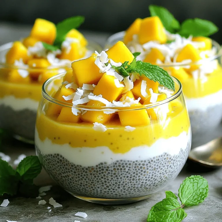 To make the Mango Coconut Chia Pudding, you need a few simple ingredients. Each one adds flavor and texture to our dish. Here’s what you will gather: - Coconut Milk - Almond Milk - Chia Seeds - Maple Syrup or Honey - Vanilla Extract - Ripe Mango - Shredded Coconut - Salt - Fresh Mint Leaves for Garnish Each ingredient plays a key role. Coconut milk gives a creamy base. Almond milk adds a nutty touch. Chia seeds thicken the pudding and add nutrition. Maple syrup or honey adds sweetness without overpowering. Vanilla extract brings warmth and depth to the flavor. Using a ripe mango is crucial. It adds natural sweetness and a bright color. Shredded coconut gives a nice texture and extra coconut flavor. A pinch of salt balances the sweetness, enhancing all the flavors. Finally, fresh mint leaves serve as a lovely garnish, adding a pop of freshness. Gather these ingredients and get ready to create a delicious, healthy snack. Whisking the Milk and Sweeteners Start with a medium bowl. Add 1 cup of coconut milk and 1/2 cup of almond milk. Then, mix in 2 tablespoons of maple syrup and 1 teaspoon of vanilla extract. Don’t forget a pinch of salt. Whisk these ingredients together until smooth. This step helps blend the flavors well. Adding and Mixing Chia Seeds Next, add 1/4 cup of chia seeds to your milk mixture. Stir the mixture well to keep the chia seeds from clumping together. This helps them absorb the liquid evenly. You want them to expand nicely in the next step. Refrigeration Process Cover the bowl tightly with plastic wrap or a lid. Place it in the fridge for at least 4 hours or overnight. The chia seeds will soak up the liquid, thickening the pudding. This waiting time is key for a creamy texture. Adjusting Sweetness if Necessary After chilling, take the bowl out and give it a good stir. Taste the pudding. If you want it sweeter, add a bit more maple syrup. Mix well to ensure the sweetness is even. Serving the Pudding Spoon the thickened chia pudding into individual bowls or glasses. Top each serving with diced mango. Sprinkle 1/4 cup of shredded coconut on top for added texture. For a fresh touch, garnish with mint leaves. Enjoy your tasty, healthy snack! How to Avoid Clumping of Chia Seeds To prevent clumping, stir the chia seeds into the milk mix right away. Make sure you mix well after adding the seeds. If you see clumps, stir again after 15 minutes. This helps the seeds spread out evenly. Best Time to Refrigerate Refrigerate the pudding for at least four hours. For the best texture, overnight is best. This gives the chia seeds time to soak up the liquid. The longer you wait, the thicker your pudding will be. Serving Recommendations Serve the pudding in clear glasses or bowls. Layer the diced mango right on top. This makes it look pretty and fresh. Add a sprinkle of shredded coconut for texture. Finish with mint leaves for color and flavor. This makes the dish stand out for any occasion. {{image_2}} You can make mango coconut chia pudding even more fun by trying different fruits. Pineapple gives a zesty twist, while berries add a burst of color and flavor. You can mix and match these fruits to suit your taste. If you want to change the sweetness, consider using dairy-free sweeteners like agave or coconut sugar. They work well and keep the pudding plant-based. You can adjust the sweetness to your preference. Adding spices can bring warmth and depth to your pudding. A dash of cinnamon adds a cozy flavor, while nutmeg offers a hint of earthiness. Start with a small pinch and taste as you go. These variations keep your pudding fresh and exciting. Try new fruits, sweeteners, and spices to create your perfect snack! Refrigeration Guidelines Store your mango coconut chia pudding in the fridge. Use an airtight container for best results. It stays fresh for about 4 to 5 days. If you see any change in smell or texture, it’s best to toss it out. Freezing Tips You can freeze this pudding if you want to keep it longer. Place it in a freezer-safe container. Leave some space at the top. The chia seeds may change texture after thawing, but it will still taste good. Thaw it in the fridge overnight before you enjoy it. Best Practices for Storage Duration For the best taste and texture, eat the pudding within 4 to 5 days of making it. If you freeze it, use it within a month for the best flavor. Be sure to label your container with the date. This way, you won’t forget how long it has been stored. Chia seeds are small, but they pack a big punch. They are full of fiber, which helps keep you full. They also have protein, which is good for muscles. Chia seeds provide omega-3 fatty acids, helping heart health. They are rich in calcium, which is great for bones. Plus, they are loaded with antioxidants, which fight free radicals. Adding chia seeds to your diet can give you many health perks. Yes, you can make this pudding in advance. In fact, it is best to prepare it ahead of time. The pudding needs at least 4 hours to thicken, but overnight is even better. This lets the chia seeds soak up the liquid and swell. You can store it in the fridge for up to 5 days. That means you can enjoy healthy snacks all week long! Making this pudding vegan is easy! Simply use maple syrup instead of honey, as it is plant-based. You can also choose almond milk or any other plant-based milk. This will keep the pudding entirely vegan. You can enjoy it without worry, and it still tastes great! This post shared how to make a tasty chia seed pudding. You learned about each ingredient, from coconut milk to ripe mango. I walked you through simple steps for preparation, plus tips to make it perfect. You can try fun variations to mix up flavors. Lastly, I covered how to store your pudding so it stays fresh longer. Enjoy this easy and nutritious treat as part of your healthy diet!