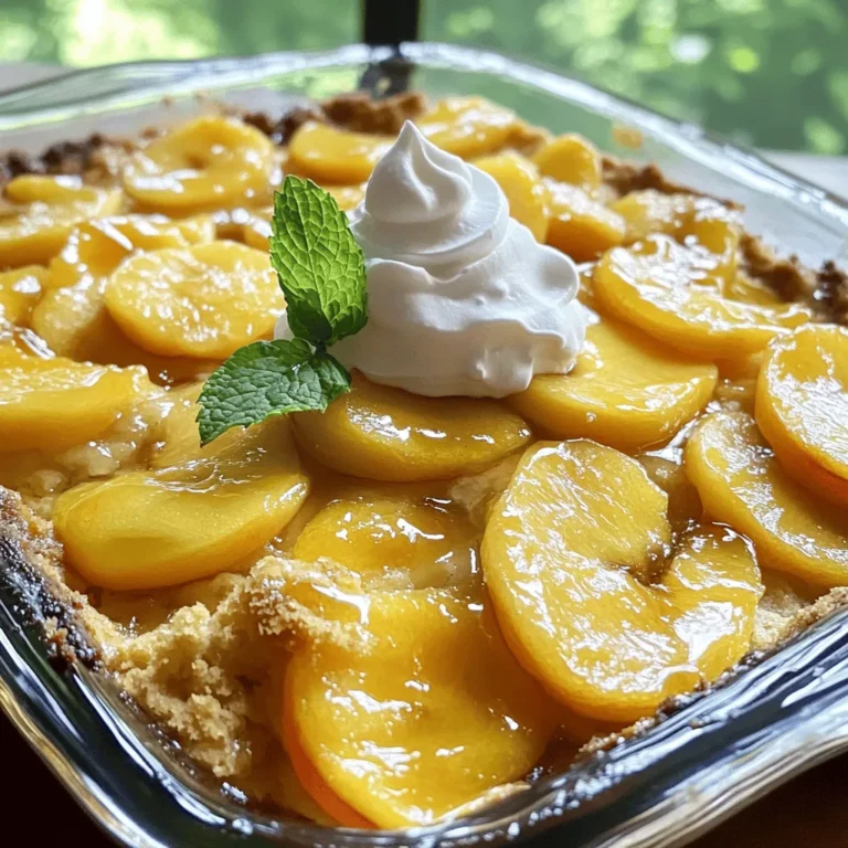 - 1 can (15 oz) sliced peaches in light syrup, drained - 1 box yellow cake mix - 1/2 cup unsalted butter, melted - 1 teaspoon ground cinnamon - 1/2 teaspoon vanilla extract - 1 cup milk - 1/2 cup brown sugar - Whipped cream or vanilla ice cream for serving - 9x13 inch baking dish - Mixing bowl - Whisk or spoon When you make Peach Cobbler Dump Cake, gather your ingredients first. You need one can of sliced peaches. Drain the syrup well. Then, grab a box of yellow cake mix. This mix gives your cake its fluffy texture. Next, you’ll need half a cup of unsalted butter, melted. Butter adds rich flavor. Don’t forget the ground cinnamon. Just one teaspoon brings warmth to the dish. You also need half a teaspoon of vanilla extract for that sweet aroma. One cup of milk makes the batter creamy. Lastly, have half a cup of brown sugar handy. It adds sweetness and depth. For tools, a 9x13 inch baking dish works best. A mixing bowl helps you combine the batter. Use a whisk or spoon to mix your ingredients well. With these simple items, you are ready to make a delicious treat! - Preheat the oven to 350°F (175°C). - Grease the baking dish for easy release. - Combine yellow cake mix, cinnamon, brown sugar, milk, and vanilla extract. - Stir until just combined (lumpy batter is okay!). - Spread peach slices in baking dish. - Pour batter over peaches and drizzle melted butter on top. - Bake for 40-45 minutes until golden brown. - Check doneness with a toothpick. This simple process makes Peach Cobbler Dump Cake a joy to make. I love how quickly it comes together. Just remember, don’t worry about the lumps in the batter; they add to the charm! The golden top and juicy peaches will make your kitchen smell amazing. Enjoy every bite! To get a perfect golden crust, watch your oven closely. The top should turn a lovely golden brown. If you bake it for too long, it can dry out. Always check at the 40-minute mark. If you live at a high altitude, you may need to adjust the baking time. Start with an extra 5 minutes and check for doneness. Serving this cobbler is easy and fun! My favorite way is with a big scoop of vanilla ice cream or a dollop of whipped cream. It adds a creamy touch that pairs well with the warm peaches. For a nice look, use a clear dish. This lets you see the layers of peaches and cake. A sprig of mint on top adds a pop of color! You can boost the flavor by adding spices or nuts. Try mixing in chopped walnuts or pecans for a nice crunch. A dash of nutmeg can also add warmth. If you want to switch up the fruit, use cherries or apples. Just make sure to drain any extra juice to keep the cake from getting soggy. {{image_2}} You can change the fruit in this recipe easily. Canned fruits work great, like cherries or apples. Just swap the peaches with your favorite canned fruit. If you prefer fresh fruit, wash and slice your choice. You can use fresh peaches, berries, or even plums. Make sure to adjust the sugar based on fruit sweetness. Fresh fruit gives a bright taste, while canned fruit makes it easy. Need a gluten-free option? Just pick a gluten-free cake mix. Many brands offer this choice, and they taste great too. For those who want a vegan version, use plant-based milk and a vegan cake mix. You can also replace butter with coconut oil or a vegan butter substitute. These changes keep the dessert delicious for everyone. Want to jazz it up? Try adding extracts like almond or coconut. Just a teaspoon can make a big difference. You can also mix in some chocolate chips or caramel for a sweet twist. The chocolate will melt and add richness, while caramel brings a lovely sweetness. These small changes can take your peach cobbler dump cake to the next level. To keep your Peach Cobbler Dump Cake fresh, store it in an airtight container. Place it in the fridge if you plan to eat it within a few days. For longer storage, you can freeze it. Wrap it tightly in plastic wrap and then in foil. This keeps out air and moisture. To reheat, use the oven for the best texture. Preheat it to 350°F (175°C). Place the cake in a baking dish and cover it with foil. Heat for about 15-20 minutes. If you use the microwave, heat it in short bursts. Check every 30 seconds to avoid overheating. Peach Cobbler Dump Cake lasts about 3-4 days in the fridge. If frozen, it can last up to 3 months. Look for signs of spoilage like an off smell or mold. If it looks or smells strange, it’s best to toss it out. To make Peach Cobbler Dump Cake, start with one can of sliced peaches in light syrup. Drain the peaches and spread them in a greased 9x13 inch baking dish. In a bowl, mix one box of yellow cake mix with cinnamon, brown sugar, milk, and vanilla extract. Stir until just combined; it’s okay if the batter is lumpy. Pour this batter over the peaches. Finally, drizzle melted butter on top. Bake at 350°F for 40-45 minutes until golden brown. Yes, you can use fresh peaches! Just slice about four to five fresh peaches and peel them. You can add a bit of sugar to make them sweeter. Then, follow the same steps as you would with canned peaches. Fresh peaches will give your cobbler a bright, fresh taste. A cobbler usually has a biscuit or pie crust topping. A dump cake, like this one, uses cake mix. You simply dump the ingredients in layers. The cake mix forms a crust as it bakes. This makes dump cakes quick and easy, perfect for busy days. Yes, you can make it ahead! Prepare the cake and cover it with foil. Store it in the fridge for up to two days before baking. When you’re ready, bake it according to the recipe. It’s great for parties or family gatherings. Absolutely! To make a smaller batch, just halve the recipe. Use an 8x8 inch dish instead. For a larger batch, double the recipe and use a larger dish. Adjust the baking time as needed to ensure it cooks through. This Peach Cobbler Dump Cake is simple and fun. It takes just 10 minutes to prep! You will love how easy it is to make. You only need a few ingredients. The sweet peaches mix well with the cake. The result is a warm, gooey treat. Here are the steps to follow: 1. Preheat your oven to 350°F (175°C). 2. Grease a 9x13 inch baking dish. 3. Spread the drained peach slices evenly in the dish. 4. In a bowl, mix yellow cake mix, cinnamon, brown sugar, milk, and vanilla. 5. Stir until just mixed. The batter will be lumpy. That's okay! 6. Pour the batter over the peaches in the dish. 7. Drizzle the melted butter on top of the batter. 8. Bake for 40-45 minutes. Check if the top is golden brown. A toothpick should come out clean. 9. Cool for about 10 minutes before serving. For serving, scoop the warm cobbler into bowls. Top with whipped cream or ice cream. Add a mint sprig for color. Enjoy this sweet treat! For detailed cooking instructions, see the full recipe above. Mixing sweet peaches with a simple yellow cake gives you a delightful dessert. This Peach Cobbler Dump Cake is quick and delicious. From easy preparation steps to versatile variations, this recipe makes baking fun and simple. Remember to store any leftovers properly to enjoy later. With so many ways to customize this dish, your options are endless. I hope you feel inspired to create your own version and enjoy every bite!