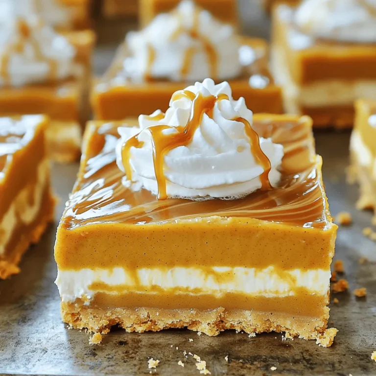 - 1 ½ cups graham cracker crumbs - ½ cup unsalted butter, melted - ¼ cup brown sugar - 1 can (15 oz) pumpkin puree - 1 cup cream cheese, softened - ¾ cup powdered sugar - 1 teaspoon vanilla extract - ½ teaspoon ground cinnamon - ¼ teaspoon ground nutmeg - ½ cup caramel sauce (plus extra for drizzling) - 1 cup whipped cream (for topping) Creating no-bake caramel pumpkin pie bars is simple, and it starts with gathering the right ingredients. The base of these bars comes from graham cracker crumbs, which give a sweet crunch. You need 1 ½ cups for the crust. The crust also requires ½ cup of melted unsalted butter and ¼ cup of brown sugar to make it rich and flavorful. For the filling, the star is 1 can of pumpkin puree. This gives it that lovely orange hue and great taste. You will also need 1 cup of softened cream cheese for a smooth texture. Add ¾ cup of powdered sugar for sweetness, along with 1 teaspoon of vanilla extract, ½ teaspoon of ground cinnamon, and ¼ teaspoon of ground nutmeg for warmth and spice. Finally, don’t forget about the caramel! You will use ½ cup of caramel sauce to swirl into the filling, plus some extra for drizzling on top. Top off each bar with 1 cup of whipped cream for a delightful finish. With these ingredients, you will create a dessert that is both easy and delicious. Each bite will remind you of the cozy flavors of fall. - In a medium bowl, mix 1 ½ cups graham cracker crumbs, ½ cup melted butter, and ¼ cup brown sugar. - Stir until the crumbs look like wet sand. This mix will hold your bars together. - Next, press the mixture into the bottom of an 8x8 inch baking dish. Use parchment paper for easy removal. - In a large bowl, beat 1 cup of softened cream cheese until it's smooth. - Gradually add in ¾ cup powdered sugar, 1 teaspoon vanilla extract, ½ teaspoon ground cinnamon, and ¼ teaspoon ground nutmeg. - Mix well until everything is combined. This creates a tasty filling for your bars. - Then, gently fold in 1 can (15 oz) of pumpkin puree. Make sure it’s mixed well for a smooth texture. - Spread the pumpkin filling evenly over the crust. Use a spatula to smooth the top. - Drizzle ½ cup caramel sauce over the pumpkin filling. Swirl it gently with a knife for a pretty marbled look. - Cover the dish with plastic wrap. Refrigerate for at least 4 hours or until set. This helps the flavors blend and firm up the bars. - Choosing the right cream cheese: Use full-fat cream cheese for a rich and creamy filling. Make sure it is room temperature. This helps it blend smoothly with the other ingredients. - Tips for a well-set dessert: Chill the bars for at least four hours. This step helps the filling firm up. If you want a firmer texture, leave them in the fridge overnight. - Adding spices for extra warmth: Try adding a pinch of ground ginger or cloves to the filling. These spices add depth to the flavor. - Substituting caramel with chocolate or other sauces: If you love chocolate, swap caramel for chocolate sauce. This twist gives the bars a new taste. - Serving suggestions and garnishes: Top each bar with whipped cream and a drizzle of caramel. You can also add a sprinkle of cinnamon for a pop of color. - How to cut and serve bars neatly: Use a sharp knife to cut the bars. Clean the knife between cuts for neat edges. Serve on a pretty plate for a nice touch. {{image_2}} You can switch up the toppings to make your No-Bake Caramel Pumpkin Pie Bars even more fun. Try adding chopped nuts like pecans or walnuts. They add a nice crunch and flavor. You could also use chocolate shavings instead. Dark chocolate pairs well with the pumpkin. If you want a lighter touch, consider different whipped topping options. You can use flavored whipped cream or even coconut whipped cream for a twist. For a lighter version of these bars, think about low-fat cream cheese. It works well and still tastes great. You can also use alternative sweeteners, like honey or stevia, instead of powdered sugar. This change can lower the sugar content while keeping the sweetness. Just adjust the amount based on your taste. Make these bars even more special for the holidays. You can add cranberries for a festive touch. They give a sweet and tart flavor that complements the pumpkin. Another idea is to incorporate maple flavors. Swapping some caramel sauce for maple syrup creates a fall-themed dessert. Each of these variations makes the bars unique and seasonal. You should store your No-Bake Caramel Pumpkin Pie Bars in the fridge. They stay fresh and tasty for longer that way. If you want to keep them for a month or more, put them in the freezer. To store them in the fridge, cover the dish with plastic wrap. This keeps moisture in and prevents them from drying out. If you freeze them, wrap each bar in plastic wrap. Then, place them in an airtight container or a zip-top bag. In the fridge, these bars last about 5 to 7 days. If you freeze them, they can last up to 2 months. Check for signs of spoilage. If you see any mold or off-smells, it’s best to throw them away. A change in texture can also mean they've gone bad. If they feel slimy or overly dry, avoid eating them. Always trust your senses to judge freshness. Yes, you can make these bars ahead of time. I recommend making them a day before you plan to serve them. This allows the flavors to meld and the filling to set nicely. Store the bars in the fridge, covered with plastic wrap. They will stay fresh for up to five days. If you want to keep them longer, consider freezing them. Wrap them tightly in plastic wrap, then place them in an airtight container. They can last in the freezer for up to three months. Just remember to thaw them in the fridge overnight before serving. If you need an alternative to graham crackers, there are many options. You can use gluten-free cookies for a similar flavor and texture. Another option is to use crushed vanilla wafers or even digestive biscuits. For a nutty twist, consider almond flour mixed with a bit of butter and sugar. This will give you a unique flavor that pairs well with pumpkin. Feel free to get creative with whatever you have at home. To make these bars dairy-free, you can substitute the cream cheese with a dairy-free cream cheese alternative. Many brands offer great options that taste just as good. For the whipped cream, you can use coconut cream or a dairy-free whipped topping. Just make sure to chill coconut milk overnight and whip it before adding. This way, you still get that fluffy texture without dairy. Enjoy your delicious dessert without the dairy! This blog post covered a delicious pumpkin dessert. We started with essential ingredients, then moved through each step of the recipe. I shared tips for the best texture and flavor. You learned about tasty variations and smart storage practices. In the end, this dessert is customizable and easy to make. Enjoy making it your own!