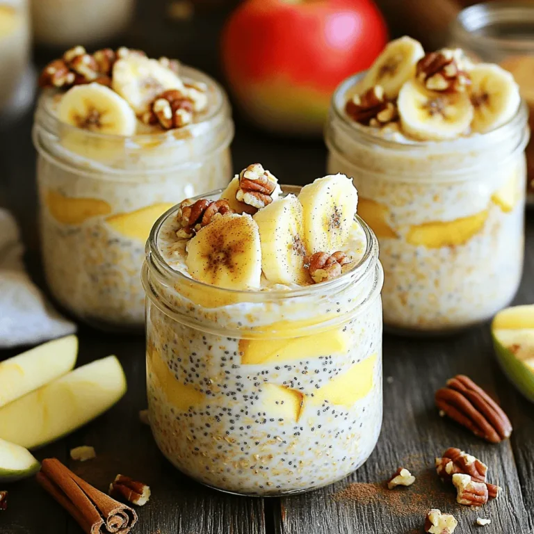 To make High-Protein Snickerdoodle Overnight Oats, gather these items: - 1 cup rolled oats - 1 cup unsweetened almond milk (or milk of choice) - 1/2 cup Greek yogurt (plain or vanilla) - 2 tablespoons chia seeds - 1 tablespoon maple syrup (optional, for sweetness) - 1 tablespoon cinnamon (plus extra for topping) - 1 teaspoon vanilla extract - 1 scoop vanilla protein powder (optional) - A pinch of salt - Chopped nuts (like pecans or walnuts) for garnish - Sliced apples or banana for topping You can easily swap some ingredients to fit your taste or diet. Try these: - Use coconut milk instead of almond milk for a tropical flavor. - Substitute regular yogurt with dairy-free yogurt for a vegan option. - Replace chia seeds with flax seeds if you prefer. - Use honey or agave syrup instead of maple syrup for sweetness. - Add different spices like nutmeg or pumpkin spice for variety. Each serving of these oats provides a balanced meal. Here’s a breakdown: - Calories: Approximately 350 - Protein: About 20 grams - Carbohydrates: Around 45 grams - Fat: Roughly 10 grams - Fiber: Approximately 8 grams These numbers can vary based on your choices and portion sizes. This dish offers a good mix of protein, fiber, and healthy fats, making it a great start to your day! 1. Start by taking a large mixing bowl. 2. Add 1 cup of rolled oats to the bowl. 3. Pour in 1 cup of unsweetened almond milk, or your preferred milk. 4. Add 1/2 cup of Greek yogurt. You can use plain or vanilla yogurt. 5. Next, sprinkle in 1 tablespoon of cinnamon for that snickerdoodle flavor. 6. Then, mix in 1 teaspoon of vanilla extract for extra taste. 7. Stir in 2 tablespoons of chia seeds, which help with texture. 8. If you want some sweetness, add 1 tablespoon of maple syrup. 9. Mix in a pinch of salt to balance the flavors. 10. If you want more protein, add 1 scoop of vanilla protein powder. 11. Stir everything well until fully combined. 12. Cover the bowl tightly, and place it in the fridge. 13. Let it soak for at least 4 hours or overnight. - Ensure you stir well to break up any clumps. - Soaking overnight helps the oats absorb liquid and become soft. - If you forget to soak it overnight, let it sit for at least 4 hours. - Check the consistency in the morning. If it's thick, add a splash of milk. - Serve the oats in individual bowls or jars for a nice look. - Top with chopped nuts like pecans or walnuts for crunch. - Add a sprinkle of cinnamon for extra flavor. - Slice apples or bananas and place them on top. - You can enjoy them cold or warm them in the microwave for 30 seconds. To get the best texture, use rolled oats. They soak up liquid well. Mix all your ingredients well to avoid clumps. Let your oats sit overnight. This gives them time to soften. If they seem too thick in the morning, add a splash of almond milk. Stir until you reach your desired creaminess. The sweetness level can change based on your taste. I suggest starting with one tablespoon of maple syrup. You can add more if you like it sweeter. If you prefer natural sweetness, use ripe bananas on top. Apples also add a nice touch and flavor. To boost protein, use Greek yogurt. It adds creaminess and nutrition. You can also add a scoop of vanilla protein powder. This helps if you want a filling meal. Chopped nuts, like pecans or walnuts, are great too. They add healthy fats and extra protein. {{image_2}} You can easily change the flavor of your high-protein snickerdoodle overnight oats. Here are some tasty ideas: - Chocolate: Add 1 tablespoon of cocoa powder. This adds a rich taste. - Pumpkin Spice: Mix in 2 tablespoons of pumpkin puree and 1 teaspoon of pumpkin spice. This gives a cozy fall flavor. - Nutty: Stir in almond or hazelnut extract. This adds a nice nutty touch. You can adjust the recipe to fit your dietary needs: - Vegan: Use plant-based yogurt and almond milk. You can skip the protein powder or use a vegan version. - Gluten-Free: Choose gluten-free rolled oats. This makes the recipe safe for gluten-sensitive folks. Toppings can change your oats in fun ways. Here are some great options: - Fruits: Try berries, peaches, or mango. They add freshness and vitamins. - Nuts: Pecans or walnuts give a crunch. They also add healthy fats. - Seeds: Add pumpkin or sunflower seeds for more protein and texture. - Sweeteners: Drizzle honey or agave syrup for extra sweetness. - Spices: Sprinkle nutmeg or cardamom to spice it up. These variations keep your snickerdoodle overnight oats exciting and delicious! You can mix and match to find your favorite flavors. To store your high-protein snickerdoodle overnight oats, find a clean, airtight container. You can use a glass jar or a plastic container with a tight lid. Fill your container with the oats, leaving some room at the top. This space allows for any expansion as the oats soak up liquid. The oats stay fresh for about 3 to 5 days in the fridge. I recommend eating them within this time for the best taste and texture. If you notice any extra liquid, just stir it in before eating. Always check for any off smells before you dig in. If you prefer warm oats, you can easily reheat them. Just remove your oats from the fridge and transfer them to a microwave-safe bowl. Heat them for about 30 seconds. Stir and check the temperature. If they need more warmth, heat for another 15 seconds. Enjoy them warm or cold, based on your mood! Yes, you can use different types of oats. Instant oats and steel-cut oats work well. Instant oats will soak up liquid faster. Steel-cut oats take longer to soften, so adjust the soaking time. Rolled oats are best for a creamy texture. They blend well with yogurt and milk. You can keep overnight oats in the fridge for up to five days. Just make sure to store them in an airtight container. This will keep them fresh and tasty. If you notice any changes in smell or texture, it's best to toss them. Absolutely! Meal prepping overnight oats is easy. You can make several jars at once. Just follow the recipe and divide the mixture into jars. This way, you have breakfast ready for the week. Grab one in the morning, and you're all set! We covered everything about making delicious overnight oats. You now know the full list of ingredients, how to prepare them step-by-step, and tips for great texture. You can customize flavors and make dietary adjustments. Don’t forget about storage to keep them fresh. With your new knowledge, you can enjoy tasty, healthy overnight oats that fit your needs. Explore different variations to keep it exciting. Start today and make your breakfast a joyful experience!