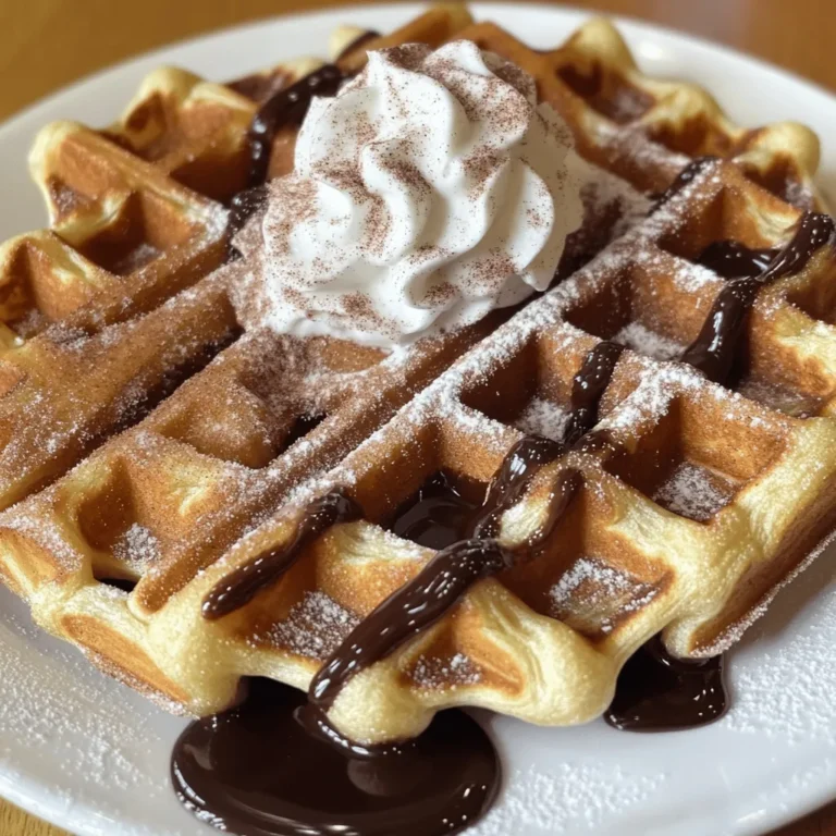 To make cinnamon sugar churro waffles, you need: - 1 cup all-purpose flour - 1 teaspoon baking powder - 1/4 teaspoon salt - 1/2 teaspoon ground cinnamon - 1 tablespoon sugar - 1 cup milk - 1 large egg - 1/4 cup melted butter - 1/4 cup granulated sugar (for coating) - 2 teaspoons ground cinnamon (for coating) - Optional: Whipped cream and chocolate sauce for serving You can swap all-purpose flour with a gluten-free blend if needed. For a dairy-free option, use almond milk instead of regular milk. If you want to cut sugar, reduce the amount in the batter. You can also use coconut oil in place of butter for a different flavor. For best results, use a dry measuring cup for flour and a liquid measuring cup for milk. When measuring flour, spoon it into the cup and level it off with a knife. This method prevents packing too much flour. When measuring sugar, scoop it directly from the container and level it off as well. Accurate measuring ensures your waffles come out perfect every time! Start by preheating your waffle maker. Each maker is different. Follow the manufacturer’s instructions. This step is key for crispy waffles. In a large bowl, add the flour, baking powder, salt, cinnamon, and sugar. Use a whisk to mix them all together. Make sure there are no lumps. This blend creates a solid base for the waffles. In another bowl, whisk the milk and egg. Make sure they blend well. Then, add the melted butter and mix again. This mix adds moisture and richness to your waffles. Once your waffle maker is ready, lightly grease it. Use cooking spray or melted butter for added flavor. Pour the batter onto the hot iron, close it, and cook for about 3-5 minutes. Wait until they turn golden brown and crispy. As soon as the waffles are done, remove them carefully. Place them in a shallow dish with cinnamon and sugar. Coat both sides well. This step gives the waffles their churro-like sweetness. Serve warm, and add whipped cream or chocolate sauce if you like. Enjoy the delightful crunch! To get crispy churro waffles, you need a hot waffle maker. Preheat it according to the instructions. Use a light spray of cooking oil or melted butter on the plates. This helps the waffles crisp up nicely. Pour the batter in and close the lid tightly. Cook until golden brown, usually about 3-5 minutes. If you open it too soon, the waffles may be soft. One common mistake is overmixing the batter. Stir just enough to combine the wet and dry ingredients. Lumps are okay! Another mistake is not preheating the waffle maker well. If it's not hot enough, the waffles will not cook evenly. Also, remember to coat the waffles in cinnamon sugar right after cooking. If you wait too long, they won’t stick well. Serve your churro waffles warm for the best taste. Drizzle some chocolate sauce on top for sweetness. A dollop of whipped cream adds a nice touch too. Try adding fresh fruit like strawberries or bananas for a fruity flavor. You can also sprinkle extra cinnamon sugar on top if you want more sweetness. Enjoy these tasty treats with your favorite hot drink! {{image_2}} You can make these churro waffles even tastier. Try adding Nutella to the batter for a rich twist. You can also mix in fruits like mashed bananas or blueberries. These add sweetness and moisture. Chocolate chips are another fun option. They melt into the waffle and bring joy in every bite. While cinnamon sugar is a classic, you can switch things up. Instead of cinnamon sugar, try coating the waffles in melted chocolate. This makes them even more indulgent. You can also use maple syrup for a sweet glaze. A dusting of powdered sugar gives a nice touch too, adding a soft sweetness. For those with dietary needs, making gluten-free churro waffles is simple. Just use a gluten-free flour blend instead of all-purpose flour. For dairy-free, use almond milk or oat milk in place of regular milk. Coconut oil can replace melted butter for a dairy-free option. This way, everyone can enjoy these delightful waffles. Store leftover waffles in an airtight container. Let them cool down first. They can last up to three days in the fridge. If you want to keep them longer, freezing is a great option. To reheat, pop the waffles in a toaster or an oven. Use the toaster for a quick fix. For the oven, preheat it to 350°F and heat for about 5-7 minutes. This will make them warm and crispy again. To freeze, wrap each waffle in plastic wrap or foil. Place them in a freezer-safe bag. They will keep well for up to two months. When you're ready, just thaw them in the fridge overnight before reheating. Enjoy your churro waffles whenever you like! Yes, you can make churro waffles ahead of time. Cook them, then let them cool. Place them in an airtight container. You can keep them in the fridge for up to three days. When you are ready to eat, just reheat them in the toaster. This keeps them crispy and tasty. Churro waffles pair well with many toppings. Here are some good options: - Whipped cream - Chocolate sauce - Caramel sauce - Fresh fruit, like strawberries or bananas - Ice cream for a dessert twist You can mix and match these toppings to find your favorite combination. You will know the waffles are done when they are golden brown and crispy. Most waffle makers have a light that signals when they are ready. If yours does not, check at about 3-5 minutes. Gently open the waffle maker. If it releases easily and looks golden, it is ready to serve. Yes, you can use a regular waffle maker for this recipe. Just make sure it is preheated and greased lightly. The batter works well in both traditional and Belgian waffle makers. Enjoy the same great taste with your preferred style! You learned about the key ingredients and how to prepare delicious churro waffles. Accurate measurements and the right cooking steps are crucial for great results. I shared tips to ensure your waffles are crispy and tasty. You also explored fun variations and storage methods. Try these ideas next time you cook. Enjoy the process and make each bite special. Happy cooking!