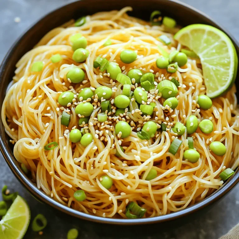 - 8 oz. noodles (rice noodles or soba noodles) - 1 cup shelled edamame (fresh or frozen) - 4 cloves garlic, minced - 2 tablespoons olive oil - 1 tablespoon chili paste (adjust to taste) - 2 tablespoons soy sauce - 1 tablespoon sesame oil - 1 green onion, sliced - 1 teaspoon sesame seeds - Salt and pepper to taste - Lime wedges for zest - Fresh cilantro for garnish - Crushed peanuts for crunch - Use whole wheat noodles for a healthier choice. - Swap olive oil for avocado oil for a different taste. - You can replace chili paste with sriracha or hot sauce. - If you don’t have sesame oil, use any neutral oil. These ingredients create a bright, tasty meal. Feel free to mix and match based on what you have. Start by boiling water in a pot. Add the noodles and cook them as the package says. For rice noodles, it usually takes about 4-6 minutes. If you're using soba noodles, it may take about 5-7 minutes. Once cooked, drain the noodles and set them aside. Be sure to rinse them with cold water to stop the cooking. This helps keep them firm and not mushy. In a large skillet, heat 2 tablespoons of olive oil over medium heat. Once the oil is hot, add 4 minced garlic cloves. Sauté for 1-2 minutes until the garlic smells good but does not turn brown. Next, add 1 cup of shelled edamame. If you're using frozen edamame, make sure it is thawed first. Stir and cook for another 2-3 minutes until the edamame is hot. Now it’s time to mix everything! Add 1 tablespoon of chili paste and 2 tablespoons of soy sauce into the skillet. Stir well to coat the garlic and edamame. Then, toss in the cooked noodles along with 1 tablespoon of sesame oil. Mix everything together until the noodles are coated in the sauce. Season with salt and pepper to taste. Allow the dish to cook for another 1-2 minutes. This helps all the flavors blend nicely. Finally, remove from heat and garnish with sliced green onions and sesame seeds for a lovely finish. To get the best flavor, I use fresh garlic. Fresh garlic adds a strong taste. Sauté it until it smells good, but don’t let it burn. Use quality chili paste for the right heat. Adjust the amount based on your spice level. Add soy sauce to deepen the taste. The mix of soy and sesame oil makes it rich. Cook noodles according to package instructions. Timing is key to avoid mushy noodles. Rinse them with cold water after cooking. This stops the cooking process and helps keep them firm. Make sure to toss the noodles with the sauce quickly. This ensures they soak up all the flavors. For a great look, serve noodles in a big bowl. Top them with sliced green onions. A sprinkle of sesame seeds adds texture and charm. For a zesty kick, add a lime wedge on the side. This not only looks good but tastes great too! {{image_2}} You can easily make Minute Garlic Chili Edamame Noodles vegetarian or vegan. The base of this dish is already plant-based. Just be sure to use vegetable broth instead of any meat-based broth. For a vegan twist, skip the sesame oil if you want. However, I suggest keeping it for added flavor. You can also replace the soy sauce with a gluten-free version if needed. Want to add some protein? Tofu is a great choice! Just cube some firm tofu and sauté it in the same pan with the garlic. If you like chicken or shrimp, they work well too. Cook them first until golden, then add garlic and edamame. This way, you boost flavor and nutrition in one dish. If you love heat, try different chili sauces. Sriracha adds a sweet and spicy kick. Gochujang brings a unique, rich flavor. You can adjust the amount based on your spice level. Mix and match to find your perfect heat balance. Just remember to taste as you go! To store your leftover Minute Garlic Chili Edamame Noodles, first let them cool. Place them in an airtight container. You can keep them in the fridge for up to three days. This helps keep the noodles fresh and tasty. Make sure to seal the container well to prevent drying out. When you are ready to eat your leftovers, reheat them on the stove for best results. Add a splash of water or a bit of oil to the pan. Heat over medium until warmed through. You can also use the microwave if you're in a hurry. Just cover the bowl with a microwave-safe lid and heat for 1-2 minutes. Stir halfway to ensure even heating. You can freeze these noodles if you want to save them for later. First, let them cool completely. Then, place them in a freezer-safe bag, squeezing out as much air as possible. They can last up to two months in the freezer. When you want to eat them, thaw overnight in the fridge. Reheat as mentioned earlier for the best flavor. Yes, you can use many types of noodles. Rice noodles and soba noodles work best. You may also try whole wheat or egg noodles for a twist. Just make sure to cook them according to package instructions. This way, you ensure they stay firm and delicious. To change the heat level, tweak the chili paste. Start with a small amount. Taste as you mix. If you want more heat, add more chili paste slowly. You can also add fresh chili slices for a fresh kick. This way, you can customize the spice to fit your taste. These noodles pair well with many dishes. You can serve them with grilled chicken or tofu for protein. A fresh salad adds crunch and balance. Try a side of steamed veggies for extra nutrition. Don't forget a wedge of lime for a zesty kick! This blog post showed you how to make garlic chili edamame noodles from scratch. We covered required ingredients, optional flavors, and substitutions. I also shared simple step-by-step cooking instructions and helpful tips for the best taste. You learned about variations like vegetarian options and protein additions. Finally, we discussed storage tips for leftovers and answers to common questions. Now, it's time for you to try this dish. Enjoy your cooking adventure and make it your own!