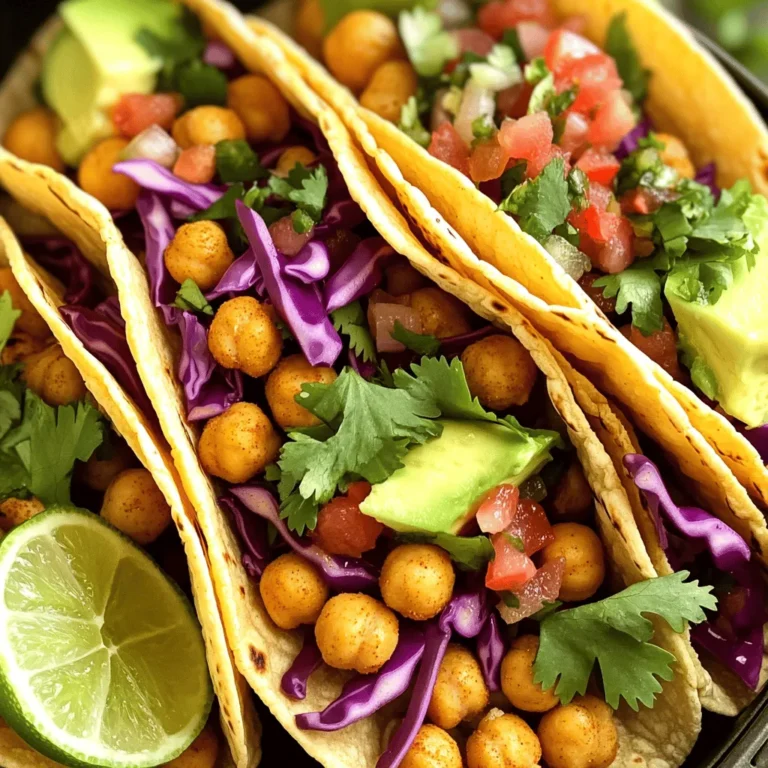 - 1 can (15 oz) chickpeas, drained and rinsed - 1 tablespoon olive oil - 1 teaspoon smoked paprika - 1 teaspoon garlic powder - 1 teaspoon cumin - 1/2 teaspoon chili powder - Salt and pepper to taste - 8 small corn tortillas - 1 cup red cabbage, shredded - 1 avocado, sliced - 1 cup pico de gallo (or your favorite salsa) - Fresh cilantro for garnish - Lime wedges for serving The star of this recipe is the chickpeas. They give a great crunch and protein. I use canned chickpeas for ease, but you can also use dried ones if you prefer. Just soak and cook them first. For flavor, I mix in spices like smoked paprika, garlic powder, and cumin. These spices bring warmth and depth. I adjust salt and pepper based on taste. Next, we have the taco components. Corn tortillas hold everything together. You can warm them up easily on a skillet. Toppings like shredded red cabbage and sliced avocado add freshness. Pico de gallo or salsa gives a nice kick. Fresh cilantro adds a burst of flavor. Lastly, lime wedges brighten up the dish. Each ingredient plays a role in making these tacos tasty and fun to eat. Prepping the air fryer Start by setting your air fryer to 400°F (200°C). This high heat helps the chickpeas get crispy. Preheating takes just a few minutes and makes a big difference. Coating the chickpeas In a mixing bowl, add one can of drained and rinsed chickpeas. Pour in one tablespoon of olive oil, followed by one teaspoon each of smoked paprika, garlic powder, and cumin. Add half a teaspoon of chili powder, plus salt and pepper to taste. Toss everything well until all the chickpeas are coated in the spices. This step is vital for flavor! Air frying process Place the spiced chickpeas in the air fryer basket in a single layer. Make sure they have space to cook evenly. Air fry for 15 minutes, shaking the basket halfway through. The chickpeas should turn golden and crispy. If they need more time, check them in 2-minute intervals. Tips for achieving pliable tortillas To make your corn tortillas soft and easy to fold, warming them is key. Avoid cold tortillas, as they can crack. The best method for warming Use a dry skillet over medium heat. Place each tortilla in the skillet for about 30 seconds on each side. You want them warm and flexible, not crispy. Layering the ingredients Once your chickpeas are done and your tortillas are warm, it’s time to build your tacos. Place a generous spoonful of crispy chickpeas in the center of each tortilla. This is where the flavor begins! Presentation tips Top the chickpeas with shredded red cabbage, sliced avocado, and pico de gallo. These colors and textures make your tacos look great. Finish with fresh cilantro and a squeeze of lime juice for extra zest. Serve with lime wedges on the side for added flavor. To make your chickpeas crispy, the air fryer is your best friend. Start by preheating it to 400°F (200°C). This step helps the chickpeas cook evenly. When you place them in the basket, keep them in a single layer. Shaking the basket halfway through cooking is key. It helps the heat reach all sides of the chickpeas. If you skip this, they may cook unevenly. You want them golden brown and crunchy for the best taco experience. You can adjust the spice level to fit your taste. If you like heat, add more chili powder. For a milder flavor, reduce the amount. The smoked paprika and cumin work well together, adding depth to the dish. Feel free to mix in other spices too. Experiment with cayenne for heat or oregano for earthiness. There’s no wrong way to season; find your perfect blend. These tacos pair well with sides like rice or a fresh salad. You can also serve them with a cold drink, like a light beer or sparkling water. For garnishes, cilantro adds a fresh touch. A squeeze of lime juice brightens the flavors. Try adding some sliced radishes for a crunchy, peppery bite. Enjoy your tasty creation! {{image_2}} You can swap chickpeas for other beans. Black beans or pinto beans work well. They add a different taste and texture. If you want a vegan option, just stick with beans and vegetables. For a vegetarian twist, consider adding cheese or sour cream. Tacos are fun to customize. Try toppings like shredded lettuce, diced tomatoes, or jalapeños. You can also add roasted veggies or sautéed mushrooms for extra flavor. For something different, mix in some quinoa or brown rice for a hearty filling. Store-bought salsas can save time. Look for fresh options with no added sugars. A mango salsa adds a sweet touch. If you want to make your own, try mixing diced tomatoes, onions, cilantro, and lime juice. You can also add a pinch of salt for flavor. This fresh salsa pairs perfectly with your tacos. To keep your chickpeas fresh, store them in an airtight container. Place them in the fridge. They will last for up to five days. For best results, keep them separate from other items. This way, they stay crispy longer. For the tortillas, wrap them in a clean kitchen towel. This helps to keep them from drying out. You can also store them in a zip-top bag. Make sure to squeeze out the air. Store them in the fridge for up to a week. To reheat chickpeas, the air fryer is the best choice. Set it to 400°F (200°C). Place the chickpeas in the basket and heat for 5-7 minutes. Shake the basket halfway through. This keeps them crispy. If you don't have an air fryer, you can use the oven. Spread the chickpeas on a baking sheet. Bake them at 400°F (200°C) for the same time. You can also microwave them, but they won't be as crispy. Just warm them for about 1-2 minutes. Yes, you can use dried chickpeas. First, soak them overnight in water. This softens them. After soaking, cook the chickpeas in boiling water for about 1-2 hours. You want them tender but not mushy. Drain and rinse them before seasoning. Then, follow the same steps as with canned chickpeas. You will love the fresh taste! For crispy chickpeas, set your air fryer to 400°F (200°C). Cook them for 15 minutes. Shake the basket halfway through. This helps them crisp evenly. Keep an eye on them the last few minutes. You want them golden brown and crunchy. To make these tacos gluten-free, use corn tortillas. They are naturally gluten-free. Always check the label to be sure. You can also use lettuce wraps for a fresh twist. They add a nice crunch too! Enjoy your tasty tacos without worry. This blog post outlined how to make tasty chickpea tacos with ease. You learned about the main ingredients, the step-by-step prep, and useful tips for crispiness. I shared variations to keep your meals fresh and fun, and covered how to store leftovers properly. Remember, you can customize the spices and toppings to your taste. These tacos are not just healthy; they are also simple and tasty. Enjoy your cooking and share your own twists on this recipe!