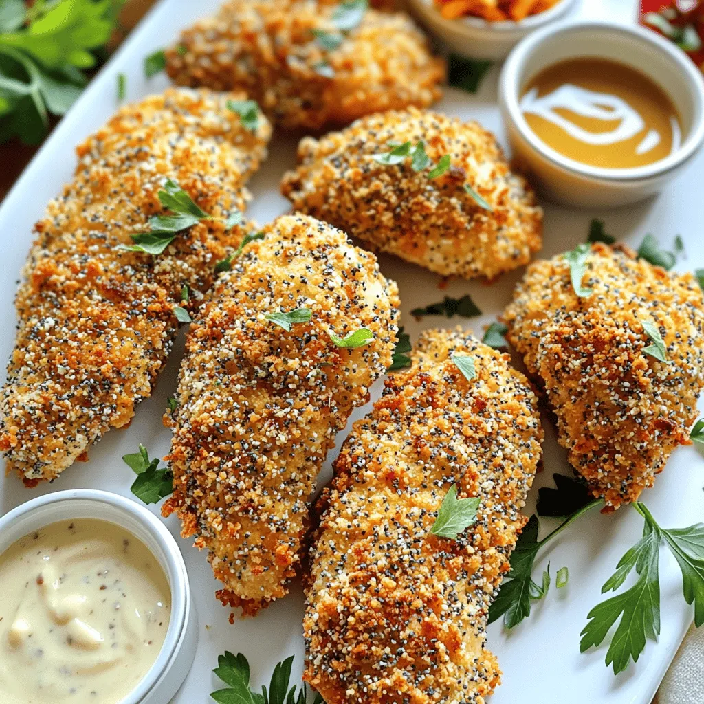 - 1 pound chicken tenders - 1 cup buttermilk - 1 cup breadcrumbs - 1/2 cup finely crushed everything bagels or everything bagel seasoning - 2 tablespoons grated Parmesan cheese - 1 teaspoon garlic powder - 1 teaspoon onion powder - 1/2 teaspoon paprika - Salt and pepper to taste - 1 tablespoon olive oil The main ingredients for Baked Everything Bagel Chicken Tenders are simple yet flavorful. Chicken tenders are the star of this dish. They are juicy and cook quickly. Buttermilk adds moisture and flavor. It also makes the chicken very tender. Next, we have breadcrumbs. They give a nice crunch. You can use regular or whole wheat. The crushed everything bagels or seasoning bring that iconic bagel flavor. It gives the tenders a unique twist! The seasoning is key to making these tenders pop. Grated Parmesan cheese adds a rich taste. Garlic and onion powder give depth. Paprika adds a bit of warmth and color. Salt and pepper enhance all these flavors. Finally, olive oil helps the coating crisp up in the oven. It also adds a touch of healthy fat. All these ingredients come together to create a dish that's hard to resist. This flavor-packed meal is perfect for any night of the week! 1. Preheat the oven: Set your oven to 400°F (200°C). This ensures that your chicken tenders cook evenly. While it heats, you can prepare the rest of the recipe. 2. Soaking chicken in buttermilk: Take 1 pound of chicken tenders and place them in a bowl. Pour 1 cup of buttermilk over the chicken. Let it soak for at least 30 minutes. This step makes the chicken juicy and flavorful. 1. Mixing the breadcrumb mixture: In a separate bowl, combine 1 cup of breadcrumbs and 1/2 cup of finely crushed everything bagels. Add in 2 tablespoons of grated Parmesan cheese, 1 teaspoon of garlic powder, 1 teaspoon of onion powder, 1/2 teaspoon of paprika, and salt and pepper to taste. Mix until everything is well blended. 2. Coating technique for chicken tenders: After soaking, remove the chicken tenders from the buttermilk. Let the extra buttermilk drip off. Take each tender and coat it in the breadcrumb mixture. Press down gently to make sure the coating sticks well. 1. Arranging chicken on the baking sheet: Line a baking sheet with parchment paper. Place the coated chicken tenders on the sheet. Leave some space between each piece for even cooking. 2. Drizzling with olive oil: Drizzle 1 tablespoon of olive oil over the chicken. This will help the coating turn golden and crispy as it bakes. 3. Baking time and flipping tips: Bake the chicken in the oven for 20-25 minutes. Halfway through, flip the tenders to get them crispy on both sides. The chicken should be cooked through and golden brown when done. To make your Baked Everything Bagel Chicken Tenders pop, consider these marinades: - Honey mustard: A sweet and tangy mix. - Garlic and herb: A classic blend that adds depth. If you want to switch up the seasonings, try: - Cajun spice: Adds a bit of heat. - Smoked paprika: Gives a nice smoky flavor. For the best crunch, bake at 400°F (200°C). This heat makes the coating crisp. Be sure to flip the tenders halfway for even cooking. Drizzling olive oil is key. It helps the coating brown and become crispy. Use just enough to coat without making them greasy. Serve these tenders with tasty dipping sauces such as: - Ranch: A classic favorite. - Honey mustard: Sweet and savory. - Yogurt dip: Light and refreshing. For a beautiful presentation, arrange the tenders on a platter. Sprinkle fresh herbs on top for color. Place dipping sauces in small bowls around the tenders to make it inviting. {{image_2}} You can change up the texture by using panko instead of regular breadcrumbs. Panko gives a crunchier bite. It also browns well in the oven. If you want a twist, try using crushed crackers or cornflakes for a fun crunch. For a different flavor, you can swap everything bagel seasoning. Try a mix of sesame seeds, garlic powder, and onion flakes. You can also use Italian seasoning for a fresh taste. Just remember, keep the ratios balanced. Chicken tenders are great, but you can use chicken breasts or thighs, too. Breasts are lean and cook fast, while thighs add more flavor and moisture. If you want a plant-based option, tofu works well. Press it to remove moisture, then coat as you would chicken. Fish like salmon or cod can also be a tasty option. Just adjust the cooking time since fish cooks faster. For gluten-free needs, use gluten-free breadcrumbs or crushed nuts. Almond flour can also work as a great substitute. If you're avoiding dairy, skip the Parmesan cheese or use a dairy-free alternative. Buttermilk can be replaced with almond milk mixed with a bit of vinegar or lemon juice. This gives a similar tangy effect. These substitutions help everyone enjoy this dish! To keep your Baked Everything Bagel Chicken Tenders fresh, store them in an airtight container. This helps keep them from drying out. Place the container in the fridge. They stay good for about 3 to 4 days. If you want them to last longer, freeze them. They can last for up to 2 months in the freezer. When it’s time to enjoy leftovers, the best way to reheat them is in the oven. Preheat the oven to 375°F (190°C). Place the chicken tenders on a baking sheet. This helps them regain their crispiness. Bake for about 10 to 15 minutes. If you want to use a microwave, place a paper towel under the chicken. This helps absorb moisture and avoid sogginess. Heat in short bursts until warm, checking often to keep them crispy. Bake chicken tenders for 20 to 25 minutes at 400°F (200°C). The chicken should be cooked through and golden brown. Flip the tenders halfway for even cooking. This step helps them get crispy on all sides. Yes, you can use frozen chicken tenders. However, thaw them before soaking in buttermilk. This makes the coating stick better. You may need to adjust the baking time slightly if they are still a bit frozen. If you don't have buttermilk, you can make your own. Mix 1 cup of milk with 1 tablespoon of vinegar or lemon juice. Let it sit for five minutes. This creates a sour milk that works well in the recipe. Yes, you can make these tenders ahead of time. Prepare them and store in the fridge for up to one day. Bake them just before serving for the best texture. You can also freeze them after coating for later use. This post shared how to make tasty baked chicken tenders. We covered key ingredients like chicken, buttermilk, and breadcrumbs. I also shared tips to get crunchy texture and enhance flavors. In the end, you can adapt the recipe with different coatings and proteins. Don't forget to try out the storage tips and reheating methods for the best results. Enjoy your cooking!