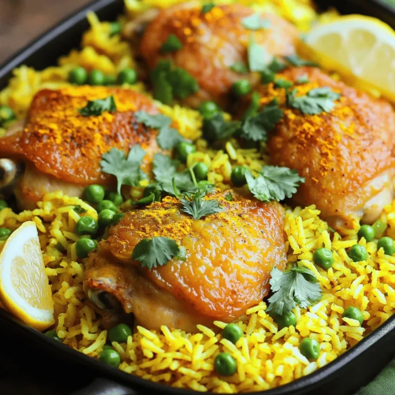 - 1 lb chicken thighs, boneless and skinless, cut into bite-sized pieces - 1 cup basmati rice, rinsed - 1 medium onion, finely chopped - 3 garlic cloves, minced - 1 inch ginger, grated - 1 teaspoon turmeric powder - 1 pinch of saffron threads - 1 teaspoon cumin powder - 1 teaspoon coriander powder - 2 cups chicken broth (or vegetable broth for a vegetarian option) - 1 tablespoon olive oil - Salt and pepper to taste - 1/2 cup frozen peas - Fresh cilantro for garnish - Lemon wedges, for serving The fresh ingredients form the base of this dish. Chicken thighs bring tenderness and flavor. Basmati rice adds a nice texture. Onion, garlic, and ginger create depth and aroma. For spices, turmeric gives a vibrant color and earthy taste. Saffron adds a unique touch. Cumin and coriander introduce warm notes to the dish. Broth ensures the dish stays moist. Olive oil adds richness. Salt and pepper enhance all the flavors. Frozen peas offer a pop of color and sweetness. Fresh cilantro and lemon wedges add brightness when serving. Each ingredient plays a key role in creating the delicious Saffron Turmeric Chicken & Rice One Pot Delight. First, take a small bowl. Soak the saffron threads in two tablespoons of warm water. This step helps release their color and flavor. Set this aside while you prepare the rest of the meal. Next, grab a large, deep pot. Heat one tablespoon of olive oil on medium heat. Add the finely chopped onion. Sauté for about 4 to 5 minutes until it turns translucent. Then, stir in the minced garlic and grated ginger. Cook for one more minute until the aroma fills your kitchen. Now, add the chicken pieces to the pot. Season them with salt, pepper, cumin, and coriander. Cook the chicken pieces for 7 to 8 minutes. You want them browned on all sides. Sprinkle turmeric powder over the browned chicken and mix well. Then, pour in two cups of chicken broth. Bring it to a gentle simmer. Next, stir in the rinsed basmati rice along with the soaked saffron and its water. Cover the pot, reduce the heat to low, and let it simmer for about 15 minutes. The rice should absorb all the liquid and become tender. In the last 5 minutes of cooking, fold in half a cup of frozen peas. This adds color and sweetness to the dish. Once the rice is cooked, remove the pot from heat. Let it rest, covered, for another 5 minutes. After the resting time, fluff the rice with a fork. This step separates the grains for a better texture. Garnish with fresh cilantro to add a pop of color. Serve with lemon wedges on the side for a zesty touch. Enjoy your saffron turmeric chicken and rice delight! To keep your rice from getting mushy, rinse it well. Rinsing removes extra starch. This helps the rice stay separate and fluffy. After rinsing, soak the rice for about 30 minutes. This step lets the grains absorb water and cook evenly. The best rice for this dish is basmati. It has a lovely aroma and a light, fluffy texture. You can also use jasmine rice for a slightly different taste. Both types work well with saffron and turmeric. You can add more spices to boost flavor. Consider using cardamom or cinnamon for warmth. A pinch of chili powder can add a nice kick if you like heat. When it comes to herbs, fresh cilantro shines in this dish. It adds brightness and freshness. Dried herbs can work too, but they won’t have the same impact. If you use dried herbs, add them earlier in the cooking process. This dish pairs well with a simple salad. A fresh cucumber salad or a side of roasted vegetables can balance the meal. For drinks, I recommend a light white wine. A chilled Sauvignon Blanc complements the dish's flavors. If you prefer non-alcoholic options, serve it with a refreshing mint lemonade. This drink will add a zesty touch. {{image_2}} You can make a tasty vegetarian version by swapping chicken for tofu or chickpeas. Tofu absorbs flavors well. Use firm tofu and cut it into cubes. Sauté it just like you would with chicken. If using chickpeas, drain and rinse canned chickpeas. Add them in step 6, right before you mix in the rice. This swap keeps the dish hearty and satisfying. If you want to switch up the protein, shrimp or fish works great. For shrimp, peel and devein them first. Add them to the pot after browning the onions, garlic, and ginger. Cook until they turn pink, about 3-5 minutes. For fish, use firm white fish like cod. Cut it into chunks and add it with the rice. Adjust cooking time to ensure the fish stays tender. To add more texture, consider adding dried fruits or nuts. Raisins or dried apricots can bring a sweet touch. Toss them in when you add the rice. Nuts like almonds or cashews add a nice crunch. Toast them lightly in the pot before mixing in the rice for extra flavor. These tweaks make the dish fun and exciting every time you cook it! To store leftovers, let the dish cool down first. Place it in an airtight container. Store it in the fridge for up to three days. This keeps the chicken and rice fresh. Make sure to separate the portion sizes if you want to reheat only a part. For freezing, use freezer-safe containers or bags. Divide the dish into smaller portions. It freezes well for up to three months. When ready to eat, thaw it overnight in the fridge. This prevents ice crystals from forming and keeps texture. To reheat, use the stovetop or microwave. If using the stovetop, add a splash of broth. Heat gently over low heat. If using a microwave, cover the dish with a lid. Heat in short bursts, stirring between. This helps keep the chicken moist and the rice fluffy. Yes, you can use brown rice. However, you must adjust the cooking time. Brown rice takes longer to cook than basmati. You will need about 40-45 minutes for brown rice to become tender. Make sure to add more liquid, too. Use about 2.5 cups of broth for every cup of brown rice. Keep an eye on it and check for doneness. Saffron adds a unique flavor and color. However, if you don’t have saffron, you can still enjoy this dish. You can use turmeric alone for color. Alternatively, you could use a pinch of smoked paprika for a different taste. Remember, the flavor will change a bit without saffron, but it will still be tasty. If you want more heat, add red pepper flakes. Start with a small pinch and taste as you go. You can also use fresh chili peppers or hot sauce. Another option is to add some cayenne pepper into the spice mix. Adjust the spice level to suit your taste! This post shared how to make a tasty dish using fresh ingredients like chicken thighs and basmati rice. We explored spices like turmeric and saffron, and how to prepare them. I showed you step-by-step instructions, tips to enhance flavors, and variations for different tastes. Storing and reheating leftovers properly helps keep the dish great for later. Enjoy trying out these methods and sharing your meal with friends and family. Cooking can be fun!