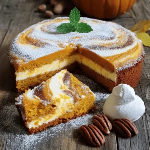 - 1 ½ cups all-purpose flour - 1 teaspoon baking powder - ½ teaspoon baking soda - ½ teaspoon salt - 1 teaspoon ground cinnamon - ½ teaspoon ground nutmeg - ¼ teaspoon ground ginger - ½ cup unsalted butter, softened - 1 cup granulated sugar - 2 large eggs - 1 teaspoon vanilla extract - 1 cup canned pumpkin puree - 8 ounces cream cheese, softened - ⅓ cup powdered sugar - 1 teaspoon vanilla extract (for the cream cheese layer) When making pumpkin cream cheese marble cake, the right ingredients are key. I love starting with fresh, quality items. The flour, sugar, and spices create a warm, inviting flavor. The pumpkin adds moistness, while the cream cheese gives a rich, creamy layer. Make sure to use unsalted butter. It helps control the salt levels in your cake. For the pumpkin, I prefer canned puree, but you can make your own if you like. Just remember to choose ripe pumpkins for the best flavor. Gather all your ingredients before you start. This makes the process smooth and fun. You can even measure them out in small bowls. It feels like a mini cooking show! - 9-inch round cake pan - Mixing bowls - Electric mixer or whisk - Spatula - Parchment paper - Measuring cups and spoons Using the right tools makes a big difference. A 9-inch round cake pan fits this recipe perfectly. I always line the bottom with parchment paper. It helps the cake come out easily without sticking. Mixing bowls are essential for combining ingredients. I like a big bowl for the wet mix and a smaller one for the dry. An electric mixer or a whisk works well for beating everything together. A spatula is great for folding in the ingredients gently. With the right equipment in hand, you’re ready to create a delightful cake that everyone will love! 1. Preheat your oven to 350°F (175°C). This heat helps the cake rise well. 2. Grease a 9-inch round cake pan. Line the bottom with parchment paper. This helps with easy removal. 3. In a medium bowl, mix together the dry ingredients: - 1 ½ cups all-purpose flour - 1 teaspoon baking powder - ½ teaspoon baking soda - ½ teaspoon salt - 1 teaspoon ground cinnamon - ½ teaspoon ground nutmeg - ¼ teaspoon ground ginger Set this mixture aside for later. 1. In a large bowl, beat together the softened butter and granulated sugar. Mix until light and fluffy. This takes about 3-4 minutes. 2. Add the eggs one at a time. Mix well after each egg. 3. Stir in 1 teaspoon of vanilla extract and the 1 cup of pumpkin puree. Mix until everything is smooth. 1. Gradually fold the dry ingredients into the pumpkin mixture. Do not overmix; just combine until moistened. 2. In another bowl, mix together the cream cheese layer. Beat 8 ounces of softened cream cheese, ⅓ cup powdered sugar, and 1 teaspoon vanilla extract. Mix until smooth. 1. Pour half of the pumpkin batter into the prepared cake pan. 2. Dollop half of the cream cheese mixture on top. 3. Use a knife or skewer to swirl them together gently for a marbled look. 4. Pour the remaining pumpkin batter into the pan. Top with the rest of the cream cheese mixture. Swirl again. 5. Bake in your preheated oven for 40-45 minutes. The cake is done when a toothpick comes out clean from the center. Enjoy the baking process and look forward to a cake that is moist and delicious! - Ensure ingredients are at room temperature: This helps the butter and sugar mix together well. It makes the batter light and fluffy. Cold butter can lead to a dense cake. Always take your eggs and butter out of the fridge an hour before baking. - Proper mixing techniques to avoid dense cake: Mix the wet and dry ingredients separately first. When combining, fold gently. Overmixing can make the cake tough. Stop mixing as soon as you see no dry flour. - Dusting with powdered sugar: After your cake is cool, sprinkle powdered sugar on top. This adds a sweet touch and looks pretty. Use a fine sieve for an even dusting. - Serving suggestions: Serve slices with whipped cream or a scoop of vanilla ice cream. These add creaminess and flavor. A sprig of mint or a few pecan halves makes a great garnish. - Fixing a sunken cake: A sunken cake often means it was underbaked. Always check for doneness with a toothpick. If it comes out clean, it’s ready. If the center sinks after baking, it may be from too much mixing or too much liquid. - Ways to avoid overbaking: Keep an eye on your cake as it bakes. Start checking at the 40-minute mark. Every oven is different. If the top is browning too fast, cover it loosely with foil. This helps it bake evenly. {{image_2}} You can make this cake even more fun! Try adding chocolate chips or nuts to the batter. This adds a nice crunch and rich flavor. You can also switch up the cream cheese layer. Instead of plain, use vanilla or spices like cinnamon. This gives the cake a twist. If you need gluten-free options, use a gluten-free all-purpose flour. This keeps the texture light. For a vegan version, use a plant-based butter and replace eggs with flax eggs. Just mix one tablespoon of flaxseed meal with three tablespoons of water for each egg. These swaps keep the cake tasty for everyone. As the seasons change, so can your cake! Try adding other fall spices like allspice or cloves. They bring warmth and depth. For festive toppings, consider caramel sauce or pecans. This makes your cake not just delicious but also beautiful for the holidays. To keep your pumpkin cream cheese marble cake fresh, you have two main options: room temperature and refrigerator storage. - Room Temperature: If you plan to eat the cake within two days, store it at room temperature. Place it on a cake stand or plate, and cover it with a cake dome or plastic wrap. This keeps the cake moist and prevents it from drying out. - Refrigerator Storage: If you need to store it longer, the fridge is your best bet. Wrap the cake tightly in plastic wrap or aluminum foil. This helps keep the flavors intact and stops it from absorbing other odors in your fridge. You can also freeze the cake for later enjoyment. Here’s how: - How to Freeze: First, let the cake cool completely. Then, slice it into portions for easy thawing. Wrap each slice tightly in plastic wrap, ensuring no air gets in. Place the wrapped slices into a freezer-safe bag or container. - Best Practices for Thawing: When you’re ready to eat, take out a slice and let it thaw in the fridge overnight. If you’re in a hurry, you can thaw it at room temperature for about 1-2 hours. Knowing how long your cake lasts helps you enjoy it at its best. - Room Temperature: The cake stays fresh for about 2 days when stored at room temperature. - Refrigerator: In the fridge, it lasts about 5-7 days. - Freezing: If frozen, the cake can last up to 3 months without losing its flavor. Just remember to wrap it well! Storing your pumpkin cream cheese marble cake correctly ensures you enjoy its deliciousness for days. You can make your own pumpkin puree at home. Start with fresh pumpkins. Cut them in half, remove the seeds, and roast until soft. Scoop out the flesh and blend it until smooth. If you don't have pumpkin, try butternut squash or sweet potato as a substitute. Both add a similar flavor and texture to your cake. Yes, you can make this cake ahead of time. Bake the cake and let it cool completely. Once cool, wrap it tightly in plastic wrap. Store it at room temperature for up to three days. You can also freeze the cake for up to three months. Just be sure to wrap it well. Thaw it overnight in the fridge when you're ready to enjoy it. If you have leftover cream cheese mixture, you can use it in many ways. Spread it on toast or bagels for a tasty breakfast. You can also use it as a dip for fruits or crackers. Another great option is to mix it into pancake batter for cream cheese pancakes. The possibilities are endless! This blog post guided you through making a delicious pumpkin cake with a cream cheese layer. We covered each key step, from gathering ingredients to baking and presenting your cake. Remember to follow tips for baking success, like using room temperature ingredients. Also, explore variations to make it your own. Whether for a party or a cozy night in, this cake will impress. Enjoy making sweet memories with this recipe. Happy baking!