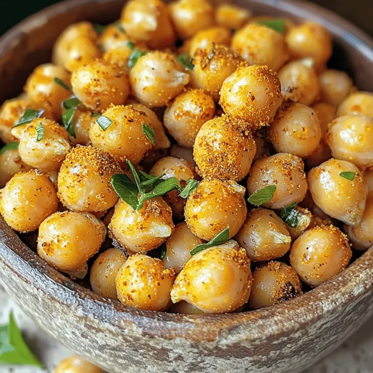 - 1 can (15 oz) chickpeas, rinsed and drained - 1 tablespoon olive oil - 1 tablespoon ranch seasoning mix - ½ teaspoon garlic powder - ½ teaspoon onion powder - ¼ teaspoon smoked paprika - Salt and pepper to taste To make crispy ranch air fryer chickpeas, you need simple yet key ingredients. Start with a can of chickpeas. Make sure they are rinsed and drained well. This helps remove excess salt and makes them healthier. Next, you will need olive oil. It helps season the chickpeas and adds flavor. For the seasoning, use a ranch seasoning mix. This gives a tangy taste that pairs well with chickpeas. Garlic powder and onion powder add depth to the flavor. Smoked paprika brings a warm, earthy note. Finally, salt and pepper help balance all the flavors. These ingredients come together to create a delicious snack! You can enjoy these chickpeas on their own or sprinkle them on salads and soups for an extra crunch. Start by rinsing the chickpeas. This step removes extra salt and liquid. After rinsing, pat them dry using a clean towel. Removing moisture is key for getting that perfect crunch. If the chickpeas are wet, they won't crisp up well in the air fryer. In a medium bowl, toss the dried chickpeas with olive oil. Add the ranch seasoning mix, garlic powder, onion powder, smoked paprika, salt, and pepper. Mix well so every chickpea gets coated. An even coating ensures a burst of flavor in every bite. You want each chickpea to be tasty and crunchy. Before you cook, preheat your air fryer to 400°F (200°C) for about 3-5 minutes. This step helps the chickpeas cook faster and become crispy. Once preheated, place the seasoned chickpeas in the air fryer basket in a single layer. Cook them for 15-20 minutes. Remember to shake the basket every 5 minutes. This action helps them cook evenly, so all sides get that golden brown color. When they are done, they should look crispy and delicious. To get crispy ranch air fryer chickpeas, drying them well is key. After rinsing, use a clean towel to pat them dry. This step removes extra moisture, which helps them crisp up. An air fryer set to 400°F (200°C) works best. Preheat it for 3-5 minutes before adding your chickpeas. You can boost flavor by adding spices. Try cayenne for heat or cumin for depth. Different ranch seasoning types can change the taste. Some are creamier, while others are more tangy. Experiment to find your favorite mix. Crispy ranch chickpeas make a great snack on their own. You can also add them to salads for crunch or mix them into soups for texture. They pair well with dips like hummus or yogurt. Enjoy them straight from the bowl or as a topping on your favorite dishes. {{image_2}} You can change the taste of your crispy ranch air fryer chickpeas easily. Try different seasonings to make them spicy or BBQ-flavored. For a kick, add cayenne pepper or chili powder. If you want a sweeter note, sprinkle on cinnamon or a touch of brown sugar. You can also customize for dietary needs. Make them gluten-free by checking your ranch seasoning. Most brands are safe, but always read labels. If you're vegan, use a plant-based ranch mix. Chickpeas are great, but you can swap them for other legumes. White beans or black beans work well, too. They bring a different texture and taste. You can also try different oils. Use avocado oil for a buttery flavor, or coconut oil for a hint of sweetness. Each oil adds its own flair to the dish. If you don't have an air fryer, you can still make crispy chickpeas. An oven works just as well. Spread the seasoned chickpeas on a baking sheet. Bake them at 400°F for about 25-30 minutes. Keep an eye on them to avoid burning. Stovetop cooking is another option. Use a skillet and cook over medium heat. Stir often until they become golden and crunchy. Enjoy this versatile snack in many ways! After making crispy ranch air fryer chickpeas, you need to store them well. To keep your snacks fresh, follow these tips: - Let them cool completely. This step helps prevent sogginess. - Use an airtight container. Glass or plastic containers work well. - Keep them in a cool, dry place. Avoid direct sunlight or heat. These practices help maintain the crispiness and flavor of your chickpeas. If you have leftovers, you might want to re-crisp them. Here’s how: - Air Fryer Method: Preheat the air fryer to 400°F (200°C). Add the chickpeas for about 5 minutes. This method gives them their crunch back. - Oven Method: Place the chickpeas on a baking sheet. Bake at 350°F (175°C) for 10 minutes. Check them often to avoid burning. Both methods work well, but the air fryer is quicker. How long can you keep your chickpeas? Here's what to know: - Room Temperature: Chickpeas last about 1 day. Keep them in an airtight container. - Refrigerator: They can last up to 3 days. Look out for signs they are bad, like a weird smell or soft texture. If you notice these, it’s best to toss them. You should air fry chickpeas for 15 to 20 minutes. Cooking them at 400°F (200°C) makes them crispy. Shake the basket every five minutes. This helps them cook evenly. Look for a golden brown color. Your chickpeas should also feel crunchy when done. Yes, you can use dried chickpeas. First, soak them overnight in water. This softens them. Then, cook them until tender. This usually takes about 1 to 2 hours. After cooking, rinse and dry them well. Follow the same steps for seasoning and air frying. Soggy chickpeas can happen for a few reasons. First, they might not be dried enough. Always pat them dry with a towel. Second, you may have added too much oil. Stick to one tablespoon of olive oil. Lastly, ensure your air fryer is preheated. If they are still soggy, cook them longer to help them crisp up. In this post, we explored how to make crispy ranch chickpeas using simple ingredients. We discussed the key steps: preparing, seasoning, air frying, and achieving the perfect crunch. You learned about flavor variations and storage tips to keep your snack fresh. These roasted chickpeas make a tasty treat or a great salad topper. With easy adjustments, you can customize the flavors to fit your taste. Enjoy your cooking adventure and savor each crispy bite!