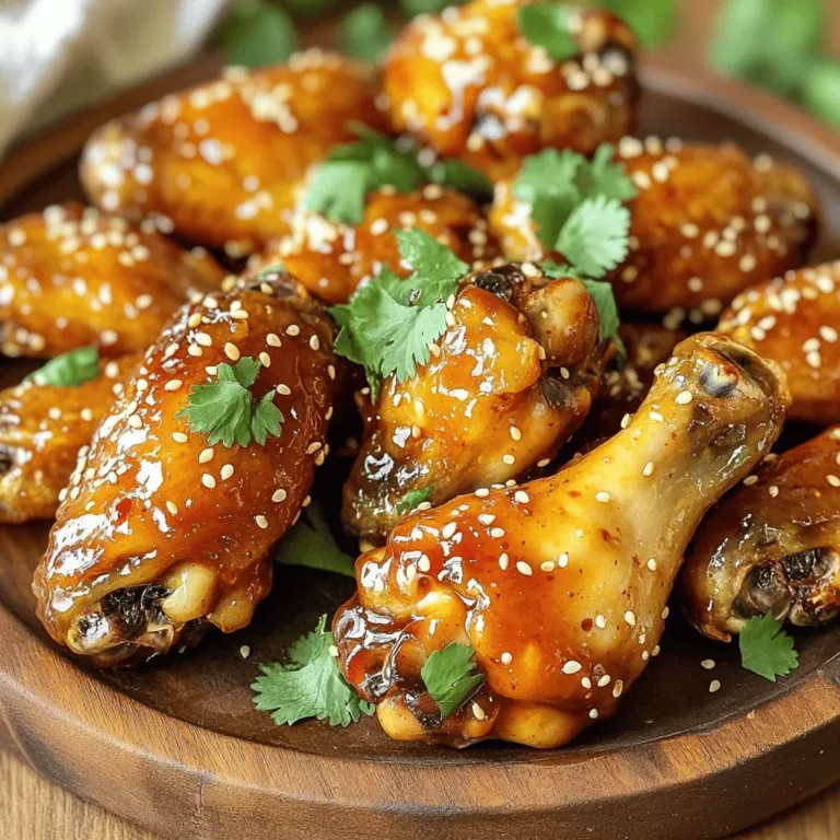 - 2 pounds chicken wings - 1/4 cup honey - 1/4 cup Sriracha sauce - 2 tablespoons soy sauce (low sodium) - 1 tablespoon olive oil - 1 teaspoon garlic powder - 1 teaspoon ground ginger - Salt and pepper to taste - Sesame seeds (for garnish) - Fresh cilantro (chopped, for garnish) When making Honey Sriracha Air Fryer Chicken Wings, I always start with fresh chicken wings. You want them meaty and juicy. The honey and Sriracha mix gives a sweet and spicy kick. This combo makes the wings hard to resist. I add soy sauce for depth. It brings out the flavor. Olive oil helps with cooking, ensuring the wings crisp up nicely. Garlic powder adds a warm, savory taste, while ground ginger gives a hint of spice. For garnishes, I love to sprinkle sesame seeds and fresh cilantro on top. They make the dish look vibrant and add a fresh taste. This recipe combines great flavors that everyone will enjoy. Try it out! - Rinse and pat dry the wings. Use paper towels to soak up any moisture. - To get crispy wings, ensure they are completely dry. This helps them crisp up in the air fryer. - In a large mixing bowl, combine the honey, Sriracha, soy sauce, olive oil, garlic powder, ground ginger, salt, and pepper. - Whisk all the ingredients together until they blend well. This step is key for even flavor. - Preheat your air fryer to 375°F (190°C) for about 5 minutes. This helps start the cooking process. - Place the marinated wings in a single layer in the air fryer basket. Cook for 25 to 30 minutes. - Flip the wings halfway to ensure they cook evenly. They should be golden brown and reach 165°F (74°C) inside. For crispy wings, start by drying them well. Rinse your chicken wings and pat them dry with paper towels. This step is key because moisture makes them soggy. Cook them in a single layer in the air fryer. This allows hot air to reach all sides, making them crisp. Marinating the wings for at least 30 minutes also helps. The longer they sit, the more flavor they absorb. Want to tweak the taste? You can swap out the soy sauce for coconut aminos for a gluten-free option. If you like it spicy, add more Sriracha to your marinade. You can also mix in a bit of lime juice for a zesty kick. Each change can create a new taste that excites your palate. Pair your honey Sriracha wings with classic dips like ranch or blue cheese. Their cool, creamy textures balance the spicy wings. For sides, try serving them with a fresh salad or crispy fries. These options round out your meal and keep it fun. Enjoy your wings hot, topped with sesame seeds and cilantro for an extra pop! {{image_2}} For a bolder kick, just add more Sriracha to your marinade. Start with an extra tablespoon. This small change gives the wings more heat without losing that sweet flavor. If you want it even hotter, add a dash of cayenne pepper. Adjusting the spice level is easy, and it makes your wings stand out. Swap out the Sriracha for your favorite BBQ sauce to create a sweet and smoky flavor. Use the same amount of BBQ sauce as you would Sriracha. Mix it with honey and soy sauce to keep that sweet touch. This variation is great for those who prefer a milder taste but still want juicy wings. For a keto-friendly option, we can make a few easy swaps. Replace honey with a low-carb sweetener like erythritol. Use coconut aminos instead of soy sauce to cut carbs. This version still packs a punch of flavor while keeping your meal low in carbs. Enjoy the same delicious taste without the extra carbs! To store chicken wings, place them in an airtight container. This keeps moisture out and helps maintain freshness. Make sure they cool down first. When stored properly, these wings last in the fridge for up to three days. If you want to enjoy the flavors longer, consider freezing them. To freeze cooked wings, wrap them tightly in plastic wrap. Then, place them in a freezer bag. This helps prevent freezer burn. You can freeze them for up to three months. When ready to eat, thaw them in the fridge overnight. Reheat the wings in the air fryer for about 10-15 minutes. This keeps them crispy and tasty. To get your wings crispy, start with dry wings. After washing, pat them completely dry. It helps to remove moisture. You can also toss wings in a bit of olive oil before cooking. This adds a nice crunch. Cooking them at a higher temperature, like 375°F, works well. Flip the wings halfway through cooking to ensure even crispiness. Yes, you can use frozen chicken wings! Just note that they will need a longer cooking time. Add about 5-10 extra minutes to the cooking process. Make sure to check that they reach an internal temperature of 165°F. For best results, do not thaw them before cooking. This keeps the wings juicy and tender. Honey Sriracha wings taste great with many dips. A classic ranch or blue cheese dip adds a cool touch. If you want more heat, try a spicy mayo or hot sauce. You can also serve them with a sweet chili sauce for a nice balance. Each dip adds a unique flavor to these tasty wings! In this article, we covered how to make tasty honey Sriracha air fryer chicken wings. You learned about the main and extra ingredients that add flavor. I shared easy steps for preparing, marinating, and cooking the wings to perfection. Plus, I provided tips for crispy wings and fun serving ideas. Try your hand at these wings for your next snack or party. Enjoy the flavors and share with friends!