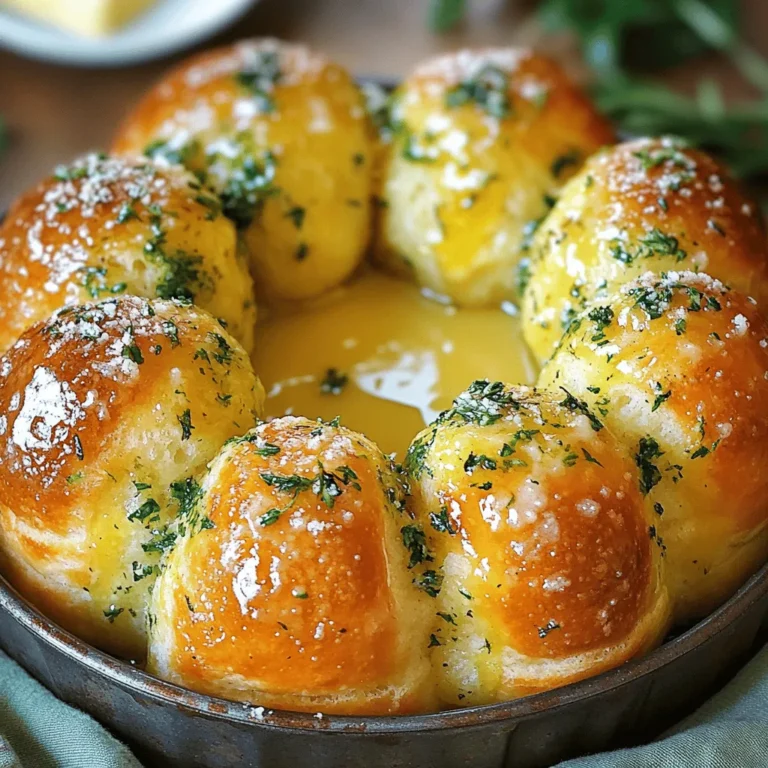 - Flour and Yeast - 3 cups all-purpose flour - 1 packet (2 ¼ teaspoons) active dry yeast - Butter and Oil - ¼ cup unsalted butter, melted - 1 tablespoon olive oil - 1 cup warm water (110°F) - Fresh Herbs and Garlic - 4 cloves garlic, minced - 2 tablespoons fresh parsley, chopped - 1 tablespoon fresh rosemary, chopped - 1 tablespoon fresh thyme, chopped - Cheese and Seasoning - ¼ cup granulated sugar - 1 teaspoon salt - ½ teaspoon black pepper - ½ cup grated Parmesan cheese Gather these ingredients to make your garlic herb monkey bread. Each item adds flavor and texture. The combination of fresh herbs and garlic makes this bread highly aromatic and tasty. The cheese adds a savory touch and makes it melt in your mouth. You will love how easy this recipe is. The dough comes together quickly. Just mix the ingredients and let them rise. You will create a soft, fluffy bread that pulls apart easily. This dish is perfect for sharing or serving at gatherings. Enjoy the fun of pulling apart each piece. Activating the Yeast Start by mixing warm water with sugar and yeast. This helps the yeast grow. Let it sit for 5-10 minutes. You will see bubbles on top when it's ready. Mixing Dry Ingredients In a separate bowl, mix the flour and salt. Make a small well in the center. This is where you will add the wet mix. Combining Ingredients Now, pour the yeast mix, melted butter, and olive oil into the well. Stir this until it forms a dough. Kneading Technique Put the dough on a floured surface. Knead it for 5-7 minutes. You want it smooth and elastic. Don’t rush; this step is key. First Rise Place the kneaded dough in a greased bowl. Cover it with a damp towel. Let it rise in a warm spot until it doubles in size, which takes about 1 hour. Preparing the Garlic Herb Coating While the dough rises, mix the minced garlic, parsley, rosemary, thyme, black pepper, and Parmesan cheese in a bowl. This will give your bread great flavor. Shaping Dough Balls After the first rise, punch down the dough. Divide it into small pieces, about 1 inch each. Roll each piece into a ball. Arranging in Bundt Pan Dip each ball in the garlic herb mix, coating it well. Place the coated balls in a greased bundt pan. Stack them up nicely. Preheating the Oven Before you bake, preheat your oven to 350°F (175°C). This step is important for even cooking. Baking Time and Temperature Bake the monkey bread for 30-35 minutes. Look for a golden brown color on top. Cooling Before Serving After baking, let it cool for a few minutes. Then invert it onto a plate. Serve warm for the best taste! Temperature Considerations Warm water helps the yeast wake up. Aim for 110°F. Too hot kills the yeast. Too cold slows it down. Always check the water’s warmth before mixing. Ensuring Dough Rises Properly Dough needs a warm, draft-free space to rise. Use a towel to cover it. This keeps the heat in. A good rise takes about one hour. If your kitchen is cold, try placing the bowl near a warm oven. Achieving the Best Flavor Fresh herbs add great taste. I love using parsley, rosemary, and thyme. Mix them with minced garlic and Parmesan cheese. This blend gives the bread a rich, savory flavor. Serving Suggestions Serve the bread warm. Drizzle with melted butter for extra flavor. Sprinkle fresh herbs on top for color. This makes the dish look inviting. Use a nice plate to display your creation. Using Dipping Sauces Pair the monkey bread with dipping sauces. Marinara or garlic butter work well. Small bowls make it easy for guests to dip. This adds fun and flavor to your meal. {{image_2}} Adding Cheese Variants You can add many types of cheese to your monkey bread. Cheddar, mozzarella, or feta all work great. Cheese gives the bread a nice, gooey texture. Simply mix the cheese into the garlic herb blend. This adds flavor and richness. Other Herbs and Seasonings Feel free to swap out the herbs in the recipe. Basil, oregano, or dill can add a unique twist. You can also add a pinch of chili flakes for heat. Mixing and matching herbs lets you create your perfect flavor. Gluten-Free Alternatives If you need a gluten-free option, use gluten-free flour. Brands like Bob’s Red Mill offer great blends. Just follow the same steps in the recipe. The bread may have a different texture, but it will still taste great. Vegan Substitutions To make this recipe vegan, replace butter with a plant-based option. You can use coconut oil or vegan butter. For the cheese, try nutritional yeast or a vegan cheese. These changes keep the flavor while making it suitable for everyone. - Refrigerating Leftovers: Let your garlic herb monkey bread cool completely. Wrap it in plastic wrap or foil. Place it in an airtight container. It will stay fresh in the fridge for up to three days. - Freezing Options: For longer storage, you can freeze monkey bread. Wrap the cooled bread tightly in plastic wrap, then foil. Label it with the date. It can last in the freezer for up to three months. - Oven vs. Microwave: The oven gives the best results. Preheat your oven to 350°F (175°C). Unwrap the bread and place it on a baking sheet. Heat for about 10-15 minutes until warm. If you're short on time, you can use the microwave. Place a single piece on a microwave-safe plate. Heat for 15-20 seconds. Be careful, as it can become chewy if overcooked. Enjoy your delicious garlic herb monkey bread any time with these simple storage and reheating tips! It takes about two hours to make garlic herb monkey bread. This includes prep time and the rising time for the dough. Setting aside 20 minutes for prep and about 1 hour for the first rise is key. The second rise takes another 30-45 minutes. Finally, you bake it for 30-35 minutes. Yes, you can use different herbs in this recipe. If you prefer basil or oregano, feel free to swap them in. Fresh herbs add great flavor, but dried herbs work too. Just use less of them since dried herbs are stronger. To make monkey bread ahead of time, prepare the dough and shape it into balls. After coating them, place the balls in the bundt pan. Cover the pan with plastic wrap and refrigerate. You can bake it the next day. Just let it rise for 30 minutes before baking. The best way to reheat monkey bread is in the oven. Preheat your oven to 350°F (175°C). Place the monkey bread on a baking tray covered with foil. Heat for about 10-15 minutes until warmed through. This keeps it soft and tasty. Yes, garlic herb monkey bread is suitable for freezing. After baking, let it cool completely. Wrap it tightly in plastic wrap and then in foil. It can last up to 3 months in the freezer. Thaw it in the fridge overnight before reheating. Making garlic herb monkey bread is simple and fun. You learned the key ingredients like flour, yeast, and fresh herbs. I detailed steps from dough prep to baking, ensuring great results. Tips helped you improve flavor and presentation. Plus, variations and storage info keep options open. In closing, this bread is perfect for sharing. Try different herbs or cheeses to make it your own. Follow the steps, and enjoy a delicious snack anytime. Cooking is all about experimenting and having fun!