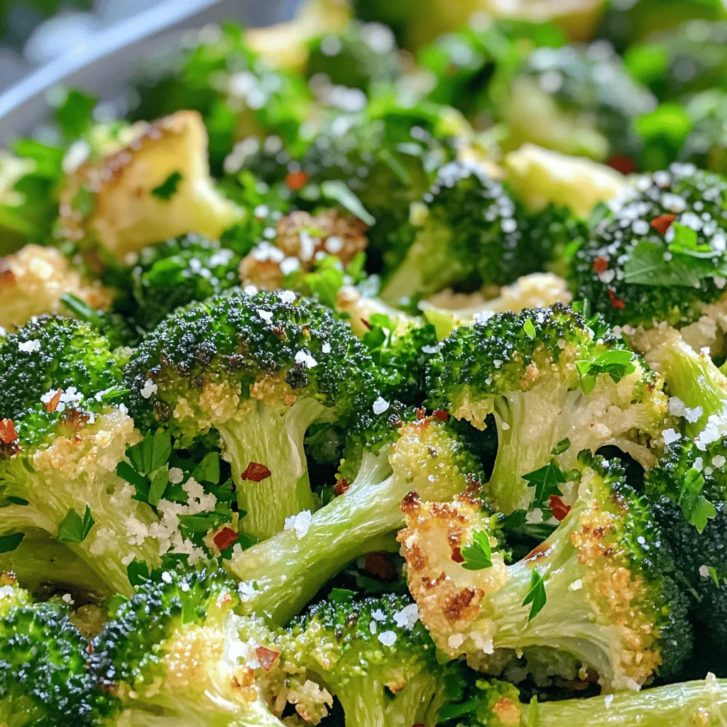 - Broccoli florets - Garlic - Olive oil Broccoli is the star of this dish. Choose a large head, and cut it into small florets. This helps them roast well. Next, we have garlic. I love using four cloves for a strong flavor. You should mince the garlic so it mixes well. Olive oil is our healthy fat. It helps the broccoli become crispy and adds richness. - Lemon zest and juice - Red pepper flakes Lemon zest and juice bring brightness to the broccoli. The zest adds a strong lemon scent. Use the zest from one lemon, and don't skip this step. The juice adds tanginess. For a bit of heat, I add red pepper flakes. This is optional, but it gives a nice kick to the dish. - Parmesan cheese - Fresh parsley garnish If you want a cheesy touch, sprinkle Parmesan cheese on top. It melts beautifully and adds a rich taste. Fresh parsley is great for garnish. It adds color and freshness to your plate. You can skip these if you want a lighter dish. First, preheat your oven to 425°F (220°C). This step helps the broccoli roast well. Next, cut the large head of broccoli into florets. Aim for bite-sized pieces to cook evenly. In a large bowl, combine the broccoli florets with minced garlic, olive oil, lemon zest, and lemon juice. Add red pepper flakes, salt, and pepper to taste. Toss everything together so the broccoli gets coated. This mixture brings out great flavors. Spread the broccoli mix evenly on a baking sheet lined with parchment paper. Make sure the florets are in a single layer. This helps them roast nicely. Place the baking sheet in the preheated oven. Roast for about 20-25 minutes. Stir halfway through for even cooking. If you want cheese, sprinkle grated Parmesan over the broccoli in the last 5 minutes. Once done, take it out and let it cool a bit. Enjoy the crispy, tasty broccoli! To get that perfect roasted texture, space your broccoli out on the baking sheet. Each floret should have room to breathe. This lets the hot air circulate, making them crispy. When you spread them too close, they steam instead of roast. Stir the broccoli halfway through cooking. This helps all sides get that nice, golden-brown color. You can add more flavor with different spices and herbs. Try a sprinkle of cumin or paprika for a warm touch. Fresh thyme or oregano can give a nice earthiness. If you want a kick, add more red pepper flakes. Experiment and find what you love! Lemon garlic roasted broccoli pairs well with many main dishes. It complements chicken, fish, or pasta beautifully. For a fun twist, serve it on a bed of quinoa or farro. For presentation, place the broccoli on a colorful platter. A sprinkle of fresh parsley adds a pop of green and freshness. Enjoy the vibrant colors and flavors! {{image_2}} You can change the flavor of Lemon Garlic Roasted Broccoli easily. For a Mediterranean twist, add olives. They give a nice salty taste. Simply chop some olives and mix them in with the broccoli. This will add depth and a briny kick to the dish. If you want an Asian-inspired flavor, try sesame oil. Replace olive oil with sesame oil. Add a sprinkle of sesame seeds for extra crunch. This gives your broccoli a nutty taste. Both options are fun and delicious! This dish is great for many diets. You can make it vegan by leaving out the cheese. The broccoli still tastes great without it. Use the same ingredients to keep the lemon and garlic flavors strong. If you need a gluten-free option, you are in luck! This recipe is naturally gluten-free. Just make sure your added ingredients, like olives or sesame oil, are also gluten-free. You can enjoy a tasty meal without worry. I love to use seasonal veggies with this dish. In spring, try adding asparagus. Cut them to the same size as the broccoli. In fall, mix in some butternut squash. It adds a sweet taste. You can also use bell peppers or zucchini. These veggies will roast well and add color to your plate. Enjoy experimenting with what’s in season! To store leftover Lemon Garlic Roasted Broccoli, use an airtight container. Glass or plastic food containers work well. Make sure the broccoli is cool before sealing the container. This keeps the flavors fresh for up to three days. When reheating, aim to keep the broccoli's crispness. You can use the oven or a skillet. For the oven, preheat to 350°F (175°C). Place the broccoli on a baking sheet and heat for about 10 minutes. For the skillet, heat on medium and stir for about five minutes. This helps maintain that delicious roasted flavor. If you want to freeze the broccoli, first let it cool completely. Place it in a freezer-safe bag or container. Remove as much air as you can to avoid freezer burn. It can last for up to three months. To defrost, move it to the fridge overnight. Reheat in the oven or skillet for the best results. Broccoli is a superfood packed with vitamins. It is high in vitamin C, which helps your immune system. It also contains vitamin K, important for bone health. Eating broccoli can aid digestion due to its fiber content. Plus, it has antioxidants that fight free radicals. Regularly eating broccoli may lower the risk of certain cancers. It can also help reduce inflammation in the body. Yes, you can use frozen broccoli! Just make sure to thaw it first. Drain any excess water so it can roast well. Frozen broccoli may not have the same crunch as fresh. But it will still taste great with the lemon and garlic. Adjust roasting time to about 15-20 minutes since it's already partially cooked. Lemon Garlic Roasted Broccoli goes well with many meals. It pairs nicely with grilled chicken or fish. You can also serve it alongside pasta dishes. If you love vegetarian options, try it with quinoa or rice. For a complete meal, add a hearty salad. The bright flavors complement many dishes, making it a versatile side. This post explored how to make Lemon Garlic Roasted Broccoli. We covered key ingredients like broccoli, garlic, and olive oil, along with flavor boosters like lemon zest. I shared step-by-step instructions for roasting, tips for perfect texture, and ideas for variations. Remember, this dish is healthy and fun to customize. Enjoy making it your own!