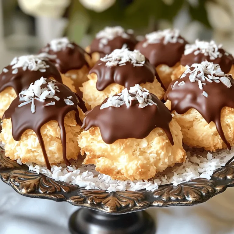 - 3 cups unsweetened shredded coconut - 2/3 cup sweetened condensed milk - 1 teaspoon vanilla extract - 1/4 teaspoon salt - 2 large egg whites - 1 cup semi-sweet chocolate chips - 1 teaspoon coconut oil - Mixing bowls - Baking sheet and parchment paper - Cookie scoop or hands - Electric mixer (for egg whites) - Microwave-safe bowl To make chocolate dipped coconut macaroons, gather these ingredients. The coconut gives your macaroons a chewy texture. The sweetened condensed milk adds sweetness and moisture. Vanilla extract enhances the flavor, while salt balances the sweetness. You will need two large egg whites. Whipping them makes your macaroons light and airy. Semi-sweet chocolate chips provide a rich chocolate flavor, while coconut oil helps smooth the chocolate. Having the right tools makes cooking easier. Mixing bowls help you combine ingredients. Using a baking sheet with parchment paper prevents sticking. A cookie scoop or your hands helps form the macaroons. An electric mixer will whip the egg whites quickly. A microwave-safe bowl is great for melting the chocolate. With these ingredients and tools, you are set to create a tasty treat! - Preheat your oven to 325°F (163°C). - Line a baking sheet with parchment paper. - In a large bowl, mix 3 cups of unsweetened shredded coconut, 2/3 cup of sweetened condensed milk, 1 teaspoon of vanilla extract, and 1/4 teaspoon of salt. Make sure the coconut is fully coated. - In another bowl, beat 2 large egg whites until they form stiff peaks. - Gently fold the egg whites into the coconut mixture. Be careful not to deflate them. - Use a cookie scoop or your hands to shape small mounds. Place them on the prepared baking sheet, leaving about 1 inch between each mound. - Bake for 15-20 minutes until the tops turn golden brown. - While the macaroons cool, melt 1 cup of semi-sweet chocolate chips with 1 teaspoon of coconut oil. Microwave in 30-second bursts, stirring until smooth. - Once the macaroons are cool, dip the bottoms or half into the melted chocolate. Let any excess chocolate drip off. - Set the dipped macaroons back on the wire rack. You can chill them in the fridge for 10-15 minutes to help the chocolate set faster. To get the right texture in your macaroons, use unsweetened shredded coconut. It helps control sweetness. Mix the coconut with sweetened condensed milk, vanilla, and salt. Ensure every piece of coconut is coated well. When folding in the egg whites, be gentle. Use a spatula to lift the mixture from the bottom and fold it over the top. This keeps your macaroons light and fluffy. A big mistake is overmixing the coconut with the condensed milk. This can lead to a dense texture. Mix just until combined. Also, do not skip cooling the macaroons before dipping. Cooling helps the chocolate stick better. If you dip them hot, the chocolate will melt and slide off. Serve your macaroons on a decorative platter for a nice touch. You can sprinkle extra shredded coconut on top for flair. A drizzle of melted chocolate also adds elegance. It makes your macaroons look even more tempting. For special occasions, arrange them in a pyramid shape for a fun display. {{image_2}} You can easily make vegan chocolate-dipped coconut macaroons by swapping a few ingredients. Instead of sweetened condensed milk, use a plant-based milk mixed with a thickener like cornstarch. This change keeps the rich flavor without using dairy. You can also replace the egg whites with aquafaba, the liquid from canned chickpeas. It whips up nicely and binds the macaroons well. For a gluten-free option, these macaroons are already a safe choice. The main ingredient is shredded coconut, which is naturally gluten-free. Just ensure all your ingredients, especially chocolate, are labeled gluten-free to avoid any cross-contamination. To make your macaroons extra tasty, consider adding extracts. A teaspoon of almond or extra coconut extract can boost the flavor. You could also mix in chopped nuts, like almonds or walnuts, for added crunch. Dried fruits like cranberries or apricots can add a sweet twist. Just chop them small so they blend in well with the coconut. When it comes to chocolate, you have options! If you prefer dark chocolate, use that instead of semi-sweet. It adds a rich taste and pairs well with the coconut. White chocolate is another fun choice. It brings a sweet creaminess that complements the macaroons nicely. Just melt it the same way you would with semi-sweet chocolate, and dip your cooled macaroons in for a sweet treat. To keep your chocolate-dipped coconut macaroons fresh, store them in an airtight container. You can place them at room temperature if you eat them within a few days. If you think they will last longer, put them in the fridge. The cool air helps keep them fresh and tasty. Chocolate-dipped macaroons can last about 5 to 7 days at room temperature. If stored in the fridge, they can last up to 2 weeks. Always check for any signs of spoilage before eating. If you want to save macaroons for later, freezing is a great option. Here’s how to do it: 1. Cool Completely: Make sure the macaroons are fully cool before freezing. 2. Wrap Well: Place them in a single layer on a baking sheet. Freeze for about 1 hour. 3. Store: Transfer to freezer bags or containers. Remove as much air as possible. 4. Thawing Tips: To thaw, take them out of the freezer and let them sit at room temperature for about 30 minutes before enjoying. By following these steps, you can enjoy your delicious macaroons anytime! The main ingredients are: - 3 cups unsweetened shredded coconut - 2/3 cup sweetened condensed milk - 1 teaspoon vanilla extract - 1/4 teaspoon salt - 2 large egg whites - 1 cup semi-sweet chocolate chips - 1 teaspoon coconut oil These ingredients come together to create a chewy and sweet treat. Yes, you can try different sweeteners. For a lower sugar option, use sugar substitutes like stevia or monk fruit. Keep in mind that this may change the texture. Always check the conversion rate, as different sweeteners have varying sweetness levels. You will know they are done when they turn golden brown on top. Typically, this takes about 15-20 minutes at 325°F (163°C). Keep an eye on them, as ovens can vary. If they look too pale, give them a few more minutes. Absolutely! You can make the macaroons a day or two in advance. Simply store them in an airtight container at room temperature. If you want to dip them in chocolate later, wait until you are ready to serve. A macaroon is a chewy cookie made with coconut, while a macaron is a delicate French meringue cookie made with almond flour. They look different and have very different flavors and textures. Macarons are often filled with cream, while macaroons are usually just dipped in chocolate. You learned how to make delicious chocolate-dipped macaroons with simple steps. We covered the necessary ingredients, tools, and step-by-step instructions. Tips and variations help you customize each batch. Remember to store them properly to keep them fresh for longer. Macaroons are fun to make, and you can try new flavors too. With these methods, you’ll impress friends and family. Enjoy creating tasty treats that everyone will love!