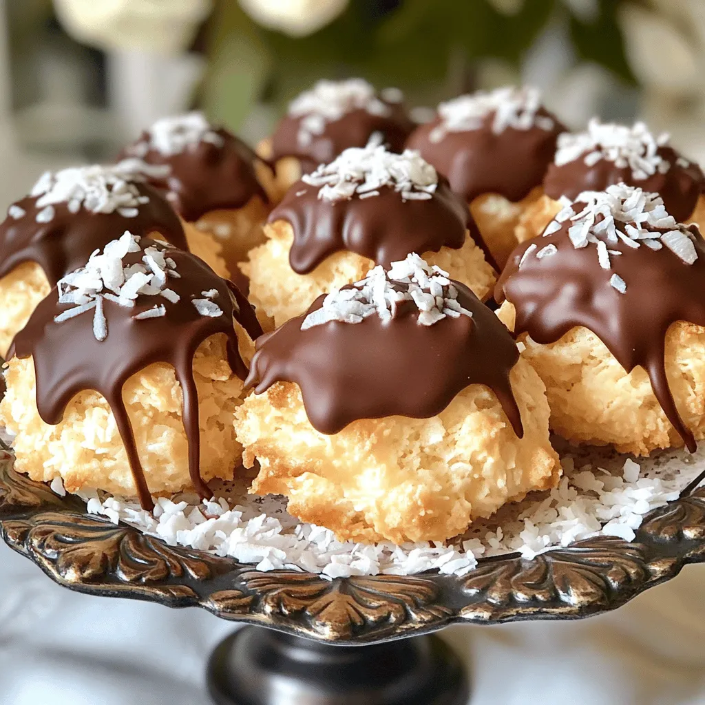 - 3 cups unsweetened shredded coconut - 2/3 cup sweetened condensed milk - 1 teaspoon vanilla extract - 1/4 teaspoon salt - 2 large egg whites - 1 cup semi-sweet chocolate chips - 1 teaspoon coconut oil - Mixing bowls - Baking sheet and parchment paper - Cookie scoop or hands - Electric mixer (for egg whites) - Microwave-safe bowl To make chocolate dipped coconut macaroons, gather these ingredients. The coconut gives your macaroons a chewy texture. The sweetened condensed milk adds sweetness and moisture. Vanilla extract enhances the flavor, while salt balances the sweetness. You will need two large egg whites. Whipping them makes your macaroons light and airy. Semi-sweet chocolate chips provide a rich chocolate flavor, while coconut oil helps smooth the chocolate. Having the right tools makes cooking easier. Mixing bowls help you combine ingredients. Using a baking sheet with parchment paper prevents sticking. A cookie scoop or your hands helps form the macaroons. An electric mixer will whip the egg whites quickly. A microwave-safe bowl is great for melting the chocolate. With these ingredients and tools, you are set to create a tasty treat! - Preheat your oven to 325°F (163°C). - Line a baking sheet with parchment paper. - In a large bowl, mix 3 cups of unsweetened shredded coconut, 2/3 cup of sweetened condensed milk, 1 teaspoon of vanilla extract, and 1/4 teaspoon of salt. Make sure the coconut is fully coated. - In another bowl, beat 2 large egg whites until they form stiff peaks. - Gently fold the egg whites into the coconut mixture. Be careful not to deflate them. - Use a cookie scoop or your hands to shape small mounds. Place them on the prepared baking sheet, leaving about 1 inch between each mound. - Bake for 15-20 minutes until the tops turn golden brown. - While the macaroons cool, melt 1 cup of semi-sweet chocolate chips with 1 teaspoon of coconut oil. Microwave in 30-second bursts, stirring until smooth. - Once the macaroons are cool, dip the bottoms or half into the melted chocolate. Let any excess chocolate drip off. - Set the dipped macaroons back on the wire rack. You can chill them in the fridge for 10-15 minutes to help the chocolate set faster. To get the right texture in your macaroons, use unsweetened shredded coconut. It helps control sweetness. Mix the coconut with sweetened condensed milk, vanilla, and salt. Ensure every piece of coconut is coated well. When folding in the egg whites, be gentle. Use a spatula to lift the mixture from the bottom and fold it over the top. This keeps your macaroons light and fluffy. A big mistake is overmixing the coconut with the condensed milk. This can lead to a dense texture. Mix just until combined. Also, do not skip cooling the macaroons before dipping. Cooling helps the chocolate stick better. If you dip them hot, the chocolate will melt and slide off. Serve your macaroons on a decorative platter for a nice touch. You can sprinkle extra shredded coconut on top for flair. A drizzle of melted chocolate also adds elegance. It makes your macaroons look even more tempting. For special occasions, arrange them in a pyramid shape for a fun display. {{image_2}} You can easily make vegan chocolate-dipped coconut macaroons by swapping a few ingredients. Instead of sweetened condensed milk, use a plant-based milk mixed with a thickener like cornstarch. This change keeps the rich flavor without using dairy. You can also replace the egg whites with aquafaba, the liquid from canned chickpeas. It whips up nicely and binds the macaroons well. For a gluten-free option, these macaroons are already a safe choice. The main ingredient is shredded coconut, which is naturally gluten-free. Just ensure all your ingredients, especially chocolate, are labeled gluten-free to avoid any cross-contamination. To make your macaroons extra tasty, consider adding extracts. A teaspoon of almond or extra coconut extract can boost the flavor. You could also mix in chopped nuts, like almonds or walnuts, for added crunch. Dried fruits like cranberries or apricots can add a sweet twist. Just chop them small so they blend in well with the coconut. When it comes to chocolate, you have options! If you prefer dark chocolate, use that instead of semi-sweet. It adds a rich taste and pairs well with the coconut. White chocolate is another fun choice. It brings a sweet creaminess that complements the macaroons nicely. Just melt it the same way you would with semi-sweet chocolate, and dip your cooled macaroons in for a sweet treat. To keep your chocolate-dipped coconut macaroons fresh, store them in an airtight container. You can place them at room temperature if you eat them within a few days. If you think they will last longer, put them in the fridge. The cool air helps keep them fresh and tasty. Chocolate-dipped macaroons can last about 5 to 7 days at room temperature. If stored in the fridge, they can last up to 2 weeks. Always check for any signs of spoilage before eating. If you want to save macaroons for later, freezing is a great option. Here’s how to do it: 1. Cool Completely: Make sure the macaroons are fully cool before freezing. 2. Wrap Well: Place them in a single layer on a baking sheet. Freeze for about 1 hour. 3. Store: Transfer to freezer bags or containers. Remove as much air as possible. 4. Thawing Tips: To thaw, take them out of the freezer and let them sit at room temperature for about 30 minutes before enjoying. By following these steps, you can enjoy your delicious macaroons anytime! The main ingredients are: - 3 cups unsweetened shredded coconut - 2/3 cup sweetened condensed milk - 1 teaspoon vanilla extract - 1/4 teaspoon salt - 2 large egg whites - 1 cup semi-sweet chocolate chips - 1 teaspoon coconut oil These ingredients come together to create a chewy and sweet treat. Yes, you can try different sweeteners. For a lower sugar option, use sugar substitutes like stevia or monk fruit. Keep in mind that this may change the texture. Always check the conversion rate, as different sweeteners have varying sweetness levels. You will know they are done when they turn golden brown on top. Typically, this takes about 15-20 minutes at 325°F (163°C). Keep an eye on them, as ovens can vary. If they look too pale, give them a few more minutes. Absolutely! You can make the macaroons a day or two in advance. Simply store them in an airtight container at room temperature. If you want to dip them in chocolate later, wait until you are ready to serve. A macaroon is a chewy cookie made with coconut, while a macaron is a delicate French meringue cookie made with almond flour. They look different and have very different flavors and textures. Macarons are often filled with cream, while macaroons are usually just dipped in chocolate. You learned how to make delicious chocolate-dipped macaroons with simple steps. We covered the necessary ingredients, tools, and step-by-step instructions. Tips and variations help you customize each batch. Remember to store them properly to keep them fresh for longer. Macaroons are fun to make, and you can try new flavors too. With these methods, you’ll impress friends and family. Enjoy creating tasty treats that everyone will love!