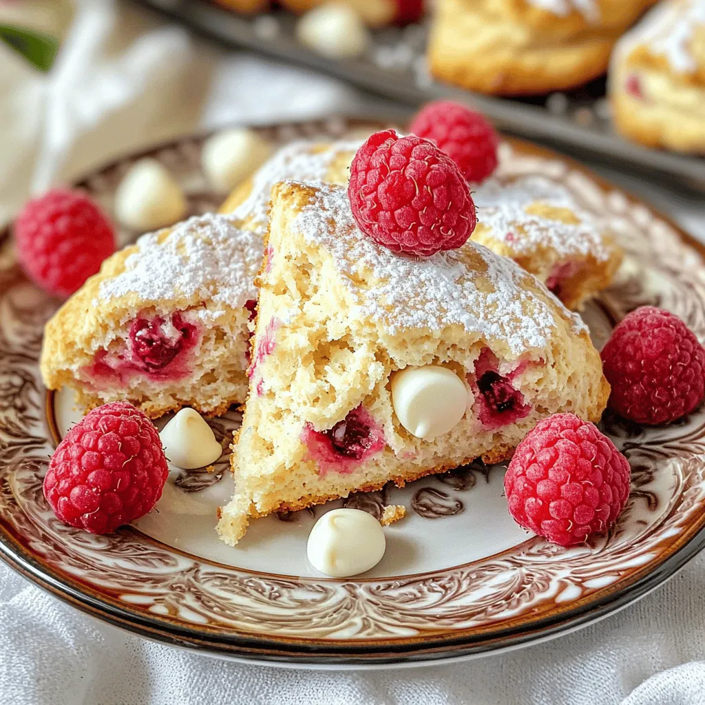To make these Raspberry White Chocolate Scones, you need a few simple ingredients. Here’s the complete list: - 2 cups all-purpose flour - 1/3 cup granulated sugar - 1 tablespoon baking powder - 1/2 teaspoon salt - 1/2 cup unsalted butter, cold and cubed - 1/2 cup heavy cream - 1 large egg - 1 teaspoon vanilla extract - 1 cup fresh raspberries - 3/4 cup white chocolate chips Each ingredient plays a key role. The flour gives structure, while sugar adds sweetness. Baking powder helps the scones rise. Salt enhances all the flavors, and cold butter creates a flaky texture. Heavy cream makes the dough rich and tender. The egg binds the ingredients, while vanilla adds a lovely aroma. Fresh raspberries and white chocolate chips provide bursts of flavor. Choosing the right raspberries is important. Look for plump, ripe berries. They should be bright and firm. For the white chocolate, pick good quality chips for the best taste. Using fresh ingredients makes a big difference in flavor. Now you have everything to get started! Gather these ingredients and prepare for a delicious treat. 1. Preheat your oven to 400°F (200°C). Line a baking sheet with parchment paper. 2. In a large bowl, mix together the flour, sugar, baking powder, and salt. Make sure all the dry ingredients are well combined. 3. Add the cold, cubed butter into the flour mix. Use your fingers or a pastry cutter to blend the butter until it looks like coarse crumbs. 1. In a separate bowl, whisk together the heavy cream, egg, and vanilla extract. Mix until well blended. 2. Once mixed, pour this wet mixture into your dry ingredients. Stir gently until just combined. Do not overmix; a few lumps are okay. 1. Gently fold in the fresh raspberries and white chocolate chips. Make sure they are evenly spread in the dough. 2. Transfer the dough to a lightly floured surface. Shape it into a circle about 1-inch thick. 3. Cut the circle into 8 equal wedges. You can use a sharp knife or a pizza cutter for clean cuts. 1. Place the wedges on your prepared baking sheet. Leave some space between each one. 2. If you like, brush the tops with extra cream and sprinkle sugar for added sweetness. 3. Bake in the preheated oven for 18-20 minutes. They should be lightly golden on top. 4. Once done, let the scones cool on the baking sheet for 5 minutes. Then, move them to a wire rack to cool completely. To make the best Raspberry White Chocolate Scones, avoid overmixing the dough. When you mix too much, the scones become tough. Mix just until you see no dry flour. This keeps them light and fluffy. For extra fluffiness, use cold ingredients. Cold butter and heavy cream create steam as they bake. This steam makes the scones rise and gives them a nice texture. Keep your butter in the fridge until you are ready to use it. These scones are best served warm. Drizzle melted white chocolate on top. Add fresh raspberries for a pop of color and flavor. Pair your scones with a nice cup of coffee or tea. The warmth of the drink enhances the flavors of the scones. Enjoy them as a delightful breakfast or a sweet snack. To store leftovers, place them in an airtight container. They will stay fresh for up to three days at room temperature. If you want to enjoy them later, try freezing the scones. Wrap them well in plastic wrap and place them in a freezer bag. When ready to eat, thaw them overnight in the fridge. Reheat in a warm oven for a few minutes. This will bring back their fresh taste. {{image_2}} You can change the fruit in this recipe. Blueberries or strawberries work great. They bring their own sweet taste. You can also mix in some chopped nuts for a crunch. For chocolate, try dark or milk chocolate. Each choice adds a unique twist. Dark chocolate offers a rich flavor. Milk chocolate is sweeter and creamier. Experiment with these options to find your favorite. If you need gluten-free scones, you can find alternatives. Use gluten-free flour blends that are easy to find. These blends often work well in baked goods. For a vegan option, swap the unsalted butter with coconut oil. You can use almond or oat milk instead of heavy cream. Replace the egg with a flaxseed mixture. Mix one tablespoon of ground flaxseed with three tablespoons of water. Let it sit for a few minutes. This will help bind your scones together. These changes let everyone enjoy these tasty treats. Each scone weighs about 100 grams. Here’s what you get per scone: - Calories: 350 - Total Fat: 18g - Saturated Fat: 10g - Cholesterol: 60mg - Sodium: 220mg - Carbohydrates: 45g - Dietary Fiber: 1g - Sugars: 14g - Protein: 4g These scones offer a sweet balance of fats and carbs. The white chocolate adds sweetness, while the raspberries give a fruity burst. Raspberry white chocolate scones contain dairy and gluten. Here are some potential allergens: - Dairy: Heavy cream and butter are key ingredients. - Gluten: All-purpose flour is used. For healthier swaps, consider these options: - Gluten-Free Flour: Use a gluten-free blend. - Dairy-Free Options: Substitute coconut cream for heavy cream and vegan butter for regular butter. - Sugar Alternatives: Replace granulated sugar with coconut sugar or a sugar substitute. These swaps can help you enjoy scones while meeting different dietary needs. To make these scones, follow these easy steps: 1. Preheat your oven to 400°F (200°C) and prepare a baking sheet with parchment paper. 2. In a large bowl, mix the flour, sugar, baking powder, and salt. 3. Add cold, cubed butter to the flour mix. Use your fingers to blend until you see coarse crumbs. 4. In another bowl, whisk the heavy cream, egg, and vanilla together. Pour this into the dry mix and stir gently. Do not overmix. 5. Carefully fold in the fresh raspberries and white chocolate chips. 6. Turn the dough onto a floured surface and form it into a circle, about one inch thick. Cut it into eight wedges. 7. Place the wedges on the baking sheet with space between them. You can brush extra cream on top and sprinkle sugar for sweetness. 8. Bake for 18-20 minutes until they turn golden on top. 9. Let them cool on the baking sheet for five minutes before moving to a wire rack. Yes, you can freeze scones! Here’s how: - Before baking: Shape the scones and place them on a baking sheet. Freeze them until solid, then transfer to a zip-top bag. They last up to three months. - To bake: Bake from frozen. Add a few extra minutes to the baking time. - After baking: Allow cooled scones to freeze. Wrap them well to avoid freezer burn. Thaw in the fridge overnight before enjoying. If you need a substitute for heavy cream, try these options: - Half-and-half: Use the same amount as heavy cream. - Milk and butter: Mix 1/4 cup melted butter with 3/4 cup milk for one cup of cream. - Coconut cream: This adds a rich flavor, but check for allergies to coconut. You can tell when your scones are done by looking for these signs: - They should be lightly golden on top. - A toothpick inserted in the center comes out clean or with a few crumbs. - If you tap the bottom, it sounds hollow. These tips will help you bake perfect scones every time! This blog post covered how to make delicious Raspberry White Chocolate Scones. We explored the ingredients, step-by-step instructions, and tips for success. Perfect scones need good mixing and cold ingredients. Remember to try different fruits and store leftover scones properly. Whether enjoyed at breakfast or as a snack, these treats are a delightful addition to any table. Follow these methods, and you’ll bake scones worth sharing. Enjoy your baking journey!