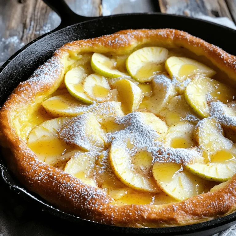 To make a Fluffy Apple Cinnamon Dutch Baby, you will need: - 3 large eggs - 2/3 cup whole milk - 2/3 cup all-purpose flour - 1 teaspoon vanilla extract - 1 tablespoon sugar - 1/4 teaspoon salt - 1/4 teaspoon ground cinnamon - 2 medium apples (like Granny Smith), peeled, cored, and thinly sliced - 2 tablespoons unsalted butter - Powdered sugar for dusting - Maple syrup for serving (optional) You can easily swap some ingredients for others. If you want a dairy-free option, use almond milk or oat milk instead of whole milk. For a gluten-free version, try using a gluten-free flour blend. If you don’t have Granny Smith apples, any tart apple works well. You can also replace sugar with honey or maple syrup for a different sweetness. Each serving of this Dutch baby offers a tasty treat. It has about 230 calories per slice. You get around 10 grams of protein from the eggs and milk. The apples add fiber and vitamins, making this dish not just delicious but also somewhat healthy. Adjustments in ingredients can change the nutritional values, so keep that in mind when you make swaps. Enjoy this dish with a drizzle of maple syrup for extra flavor, but be aware it will add sugar and calories. First, heat your oven to 425°F (220°C). Place a cast-iron skillet or an oven-safe pan inside. This helps the skillet get very hot. A hot skillet makes the batter puff up nicely. In a mixing bowl, crack three large eggs. Whisk them until they are frothy. Then, pour in 2/3 cup whole milk and 1 teaspoon vanilla extract. Add 1 tablespoon sugar, 1/4 teaspoon salt, and 1/4 teaspoon ground cinnamon. Whisk until everything is mixed well. Next, slowly add 2/3 cup all-purpose flour. Keep whisking until there are no lumps. The batter should be smooth and creamy. Carefully take the hot skillet out of the oven. Add 2 tablespoons unsalted butter to the skillet. Let it melt and cover the bottom. Quickly pour the smooth batter over the melted butter. Then, take 2 medium apples, peeled, cored, and thinly sliced. Arrange the apple slices over the batter, pressing them in slightly. Bake for 20-25 minutes until the Dutch baby is puffed and golden brown. When done, take it out and let it cool for a minute. It will deflate a bit as it cools. Dust with powdered sugar and serve warm. If you like, drizzle maple syrup on top. Enjoy your tasty treat! To get your Dutch baby to puff up, heat your skillet well. Preheat your oven to 425°F (220°C) and put your skillet inside. This step is key. When you pour in the batter, it needs that hot surface to rise. The melted butter helps, too. It creates steam as it heats up. Whisk your batter until smooth. Lumps can stop it from rising. Pour it quickly into the skillet. If you wait too long, it might not puff. Want to boost the flavor? Add a bit more cinnamon. A pinch of nutmeg can work wonders, too. You might try using vanilla bean paste instead of extract. The tiny seeds add a nice touch. You can also mix in a splash of orange juice for a citrus kick. For extra sweetness, add a sprinkle of brown sugar over the apples before baking. These small changes can take your Dutch baby to the next level. One common mistake is not letting the skillet get hot enough. If it’s not hot, your batter won't puff. Another issue is overmixing the batter. This can make it tough instead of fluffy. Make sure to slice your apples thin. Thick slices may not cook through. Lastly, don’t skip the powdered sugar on top. It adds a lovely finish and sweetness. Avoiding these pitfalls will help you make the best Fluffy Apple Cinnamon Dutch Baby! {{image_2}} You can switch up the apples for other fruits. Pears work well, too. Berries like blueberries or raspberries add a nice burst of flavor. Bananas give a sweet twist and pair nicely with cinnamon. Feel free to get creative with seasonal fruits to match your taste. Try adding nutmeg for a warm spice flavor. A touch of vanilla bean gives it a rich depth. You can also mix in some lemon zest for a refreshing kick. Each tweak can change how your Dutch baby tastes and keeps it fun. If you want a healthier Dutch baby, use whole wheat flour. This adds a nutty taste and more fiber. You can swap whole milk for low-fat milk to cut calories. For a dairy-free option, almond milk works great. These changes keep your dish tasty but lighter. To keep your Fluffy Apple Cinnamon Dutch Baby fresh, let it cool first. Cut it into slices. Place the slices in an airtight container. You can store it in the fridge for up to three days. This way, you can enjoy it later without losing its taste. When you want to eat your leftover Dutch Baby, preheat your oven to 350°F (175°C). Place the slices on a baking sheet. Heat for about 10 minutes. This warms it up nicely while keeping it fluffy. You can also use a microwave for quick reheating. Just heat each slice for about 30 seconds. If you want to keep it longer, you can freeze it. Wrap each slice tightly in plastic wrap. Then place them in a freezer-safe bag. Make sure to squeeze out any air. It can last up to three months in the freezer. To enjoy, thaw in the fridge overnight before reheating. A Dutch baby pancake is a large, fluffy pancake. It bakes in the oven and puffs up as it cooks. The batter is made from eggs, milk, flour, and sugar. You can top it with fruits, like apples or berries. It is often served for breakfast or brunch. Yes, you can prepare the batter ahead of time. Mix the batter and store it in the fridge for up to 24 hours. When ready to bake, preheat your oven and pan. Pour the batter into the hot skillet and add apples. Bake as usual for fresh, warm pancakes. You can serve your Dutch baby with a dusting of powdered sugar. Maple syrup adds a sweet touch, too. Fresh fruit, like berries or bananas, works great on top. For a richer flavor, try whipped cream or yogurt. Enjoy it warm for the best taste! You learned how to make a Fluffy Apple Cinnamon Dutch Baby. We covered ingredients, instructions, and tips. Each step helps you create a tasty dish. Consider using different fruits and healthy swaps for fun twists. Store leftovers properly for later enjoyment. Remember, cooking is all about exploring. Don't fear making mistakes. Use this guide to experiment and enjoy the process. Happy cooking!