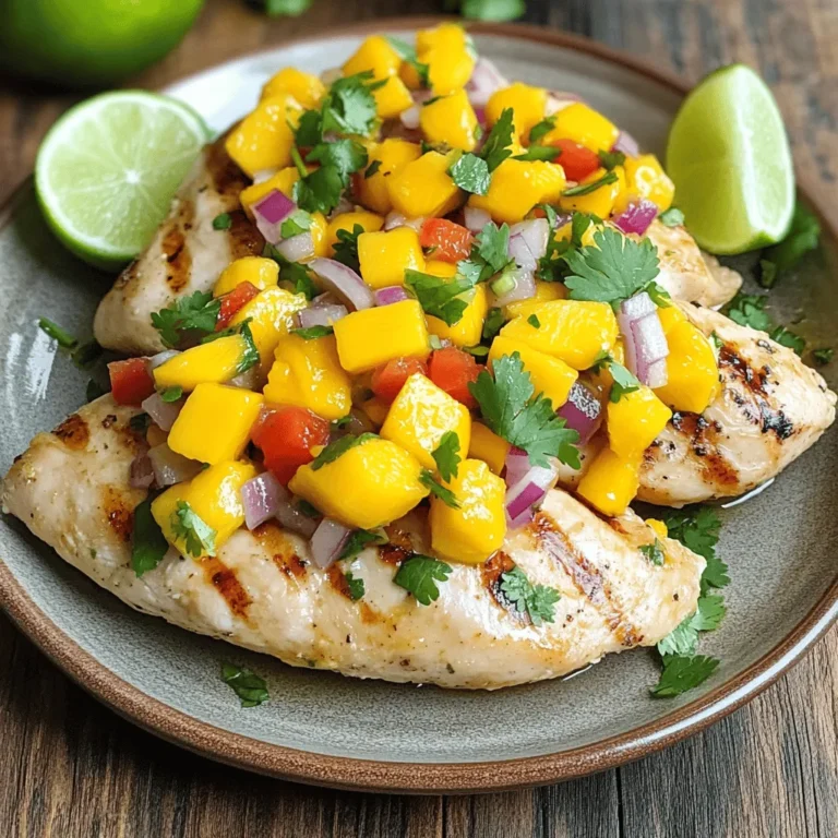 - 4 boneless, skinless chicken breasts - 1 ripe mango, diced - 1 small red onion, finely chopped - 1 red bell pepper, diced - 1 jalapeño, deseeded and minced (optional for heat) - 1/4 cup fresh cilantro, chopped - 2 tablespoons lime juice - 2 tablespoons olive oil - 1 teaspoon ground cumin - Salt and pepper to taste When I make Mango Salsa Chicken, I focus on fresh and vibrant ingredients. The chicken is the star here, and I always choose boneless, skinless breasts for ease. They cook quickly and soak up the flavors well. The ripe mango is key. It adds sweetness and a beautiful color. I choose a mango that feels soft to the touch. This means it is ripe and ready to use. I also like to include red onion and red bell pepper. They give a good crunch and a pop of color to the dish. If you want some heat, add a jalapeño. I remove the seeds to keep it mild. But if you love spice, feel free to keep some seeds in. For the marinade, I mix fresh cilantro, lime juice, olive oil, ground cumin, salt, and pepper. This mix brings the dish to life. The lime juice adds brightness, and cumin gives warmth. It is simple but so effective. These fresh, simple ingredients create a meal that feels special yet easy to make. Start by gathering your ingredients. In a small bowl, whisk together: - 2 tablespoons olive oil - 2 tablespoons lime juice - 1 teaspoon ground cumin - Salt and pepper to taste Mix these well until they blend into a smooth marinade. The lime juice adds a bright flavor, while cumin gives warmth to the dish. Take your chicken breasts and place them on a clean surface. Brush the marinade over both sides of each piece. Make sure to coat them evenly. This step is key for flavor. Let the chicken marinate for about 15 minutes. You can cover it with plastic wrap if you like. While the chicken marinates, it’s time to prepare the mango salsa. In a medium bowl, combine: - 1 ripe mango, diced - 1 small red onion, finely chopped - 1 red bell pepper, diced - 1 jalapeño, deseeded and minced (optional) - 1/4 cup fresh cilantro, chopped Mix these ingredients together gently. Season with a pinch of salt and a squeeze of lime juice. This salsa gives the dish a fresh and vibrant taste. Preheat your grill or grill pan over medium-high heat. Once hot, place the marinated chicken on the grill. Cook for 6-7 minutes on each side. Check the chicken’s doneness; it should reach 165°F (75°C). This ensures it’s safe to eat and still juicy. After cooking, remove the chicken from the grill. Let it rest for about 5 minutes. This helps keep it juicy. To serve, place the grilled chicken on a plate and top it generously with the fresh mango salsa. Enjoy the burst of flavors! To make your marinade shine, start by adjusting the lime juice and seasoning. Taste it as you go. A good balance of lime and spices makes the chicken pop with flavor. If it’s too tart, add a bit more olive oil. If it’s bland, sprinkle in some salt and pepper. To ensure your chicken is juicy, use a meat thermometer. Cook the chicken until it reaches 165°F or 75°C. This step helps avoid dry chicken. Insert the thermometer into the thickest part of the breast. It’s a quick way to check for doneness. If you don’t have a thermometer, cut into the chicken. If the juices run clear, it’s ready. When you serve your mango salsa chicken, take a moment to make it pretty. Garnish your dish with fresh cilantro. Add lime wedges on the side. This makes your meal look vibrant and inviting. A colorful platter always catches the eye and makes the meal feel special. {{image_2}} You can swap chicken for shrimp or tofu. Shrimp cooks quickly and adds a nice taste. Tofu soaks up flavors well and is a great option for vegans. Both choices make this dish fun and tasty. Want to spice up your salsa? Try adding diced avocado or pineapple. The creamy avocado gives a smooth texture, while pineapple adds a sweet twist. Both options make the salsa even more vibrant and delicious. You can bake the chicken instead of grilling it. Preheat your oven to 375°F (190°C). Place the marinated chicken in a baking dish. Bake for 25-30 minutes until cooked through. This method keeps the chicken juicy and flavorful, too. After enjoying your Mango Salsa Chicken, store any leftovers in an airtight container. This keeps the chicken fresh. You can safely refrigerate it for up to 3 days. Make sure it cools to room temperature before sealing it. This step helps avoid extra moisture inside the container. If you want to prepare ahead, freeze the marinated chicken. You can freeze it for up to 2 months before grilling. Just place it in a freezer-safe bag or container. This makes meal prep easy and quick. When ready to cook, simply thaw it in the fridge overnight. When reheating your grilled chicken, do it gently. Use a skillet over low heat to warm it up. This method keeps the chicken tender and juicy. Avoid using high heat, as it can dry out the meat. If you have leftover salsa, add it on top for extra flavor! Yes, you can save time by prepping in advance. Marinate the chicken and make the salsa ahead. Store them in the fridge. This way, you can grill the chicken quickly when you’re ready to eat. You can serve this dish with rice, quinoa, or a fresh salad. Each option adds a nice touch. The rice or quinoa gives a hearty base. A salad adds freshness and crunch. Choose what you enjoy most! Want more heat? Add extra jalapeños to the salsa. You can also add a dash of hot sauce to the marinade. Adjust the spice to your taste. Make it as spicy as you like! This recipe combines juicy chicken with fresh mango salsa for a tasty meal. You learned how to make a quick marinade, marinate chicken, and prepare a vibrant salsa. Remember to adjust flavors for your taste, and feel free to swap chicken for shrimp or tofu. Store any leftovers properly, and you can enjoy this dish later. So, grab your ingredients and start cooking this delicious meal today. Enjoy!