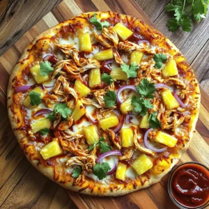 To make a tasty Hawaiian BBQ chicken pizza, gather these main ingredients: - 1 pre-made pizza crust - 1 cup cooked chicken breast, shredded - 1/2 cup barbecue sauce (preferably a sweet one) - 1 cup mozzarella cheese, shredded - 1/2 cup red onion, thinly sliced - 1/2 cup pineapple chunks, fresh or canned - 1/4 cup cilantro, chopped (for garnish) - 1 teaspoon olive oil - Salt and pepper to taste Each ingredient plays a key role. The chicken adds protein, and the barbecue sauce gives it that sweet and smoky flavor. Mozzarella cheese melts beautifully, while pineapple adds a sweet burst. The red onion adds crunch and bite, and cilantro brightens the dish. You can switch things up with these optional ingredients: - Jalapeños for heat - Bell peppers for crunch - Bacon for a smoky touch - Feta cheese for extra tang Feel free to mix in your favorites. This makes the pizza your own. For the best base, consider these crust options: - Thin crust for a crispy bite - Thick crust for a chewy texture - Cauliflower crust for a low-carb choice - Whole wheat crust for added fiber Choose the crust that fits your taste. All options work well with the toppings. Start by preheating your oven to 450°F (230°C). In a medium bowl, mix one cup of cooked, shredded chicken with half a cup of barbecue sauce. Stir until the chicken is well-coated. If you want a bolder taste, feel free to add more sauce. This mix gives your pizza the sweet and tangy flavor it needs. On a floured counter, take your pre-made pizza crust. Roll it out until it fits your baking sheet or pizza stone. Make sure it is even all around. Once it is rolled out, place it onto your baking sheet. Brush the edges lightly with olive oil. This helps achieve a nice golden brown color when baked. Spread the BBQ chicken mixture evenly across the crust. Leave a small border around the edges. Next, sprinkle one cup of shredded mozzarella cheese over the chicken. Add half a cup of thinly sliced red onion and half a cup of pineapple chunks on top of the cheese. Distribute them well for balanced flavors. Lightly season with salt and pepper to enhance the taste. Now, bake the pizza in your preheated oven for about 12-15 minutes. You want the crust to be golden and the cheese to bubble. Once done, take it out and let it cool for a minute. Finally, garnish with chopped cilantro before slicing and serving. Enjoy your Hawaiian BBQ Chicken Pizza! To get a great crust, choose a pre-made one that fits your taste. I like thin crusts for a crispy bite. If you want a softer crust, look for thicker options. Roll it out evenly on a floured surface. Brush the edges with olive oil. This helps the edges turn golden brown while baking. The sauce is key for flavor. I suggest using a sweet barbecue sauce. It pairs well with chicken and pineapple. Mix the shredded chicken with the sauce until it's well-coated. If you want more flavor, add more sauce. Don't forget the red onion for a nice crunch. It adds a bit of sharpness that balances the sweetness of the pineapple. For a fun presentation, serve the pizza on a wooden cutting board. This gives it a rustic look. Before cutting, sprinkle fresh cilantro on top. It adds color and a fresh taste. You can also add a small bowl of barbecue sauce on the side. This lets everyone dip their slices for extra flavor. {{image_2}} You can enjoy this pizza without meat. Use a mix of veggies instead of chicken. Try bell peppers, mushrooms, or zucchini. Toss them in barbecue sauce for flavor. This keeps all the taste but adds a fresh twist. You can also add some beans for protein. Black beans or chickpeas work great. They add a nice texture and flavor. If you like heat, jalapeños are a perfect fit. Slice fresh jalapeños and scatter them on top. You can also use pickled jalapeños for a tangy kick. Adjust the amount based on your heat level. Just remember, a little goes a long way! The spicy flavor pairs well with the sweet barbecue sauce. While mozzarella is classic, you can mix it up. Try using smoked gouda or pepper jack for a unique taste. Cheddar cheese also adds a sharp flavor. Mix and match different cheeses for fun. Just ensure they melt well and blend with the toppings. This way, each bite is a tasty surprise! To keep your Hawaiian BBQ chicken pizza fresh, let it cool first. Then, wrap it tightly in plastic wrap or foil. You can also use an airtight container. Store it in the fridge. This method keeps the pizza from drying out or getting soggy. For the best taste, reheat your pizza in the oven. Set the oven to 350°F (175°C). Place the pizza on a baking sheet. Bake it for about 10-12 minutes. This makes the crust crispy again. You can also use a microwave, but it may make the crust soft. If you use the microwave, heat it for 30 seconds at a time until warm. You can store leftover Hawaiian BBQ chicken pizza in the fridge for about 3-4 days. If you want to keep it longer, place it in the freezer. It can last up to 2 months in the freezer. Just remember to wrap it well. When you're ready to eat it, thaw it in the fridge overnight before reheating. I love using a sweet barbecue sauce for this pizza. A sauce like honey BBQ adds a great flavor. You can also try teriyaki sauce for a fun twist. The sweet taste works well with chicken and pineapple. If you want a bit of spice, choose a sauce with a kick. This adds depth to the flavors. Yes, you can make your pizza crust from scratch! It is easy and fun. Mix flour, yeast, water, and salt to create the dough. Knead it until smooth, then let it rise. I often use pre-made crust for quick meals, but making your own is a great way to enjoy the process. Homemade crust can taste fresher and more special. Hawaiian BBQ Chicken Pizza goes well with several side dishes. A fresh green salad is a good choice. You can also serve coleslaw for a crunchy texture. Fruit salad adds a sweet touch that complements the pizza. If you want something warm, try garlic bread. These sides balance the meal and make it even more enjoyable. Hawaiian BBQ chicken pizza is fun and tasty. We covered the main and optional ingredients, helping you tailor the dish. Step-by-step instructions made it easy to prepare and assemble your pizza. I shared tips for perfect crust and flavors, plus ways to present it nicely. Don't forget the variations to suit your taste, like vegetarian options or spicy jalapeños. With proper storage and reheating, your leftovers will stay scrumptious. Enjoy this pizza with friends and family for a great meal!