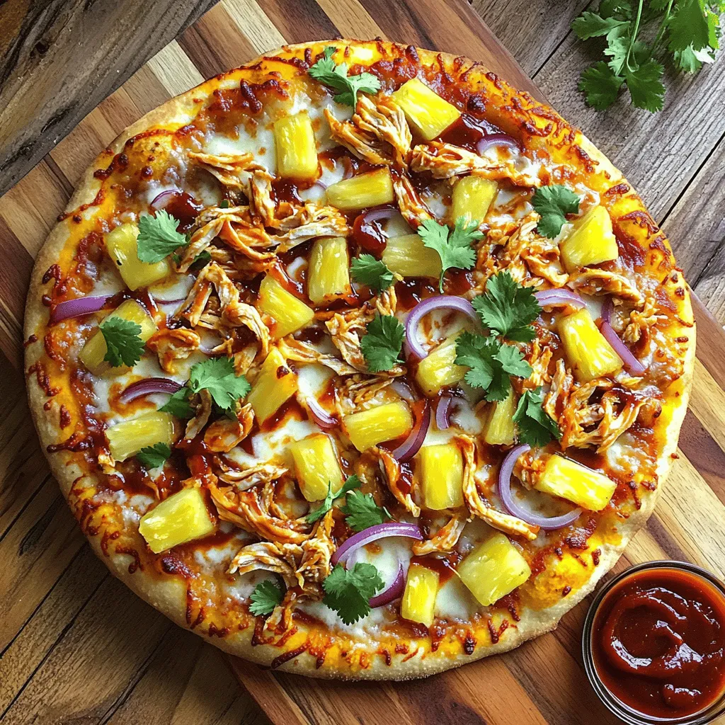 To make a tasty Hawaiian BBQ chicken pizza, gather these main ingredients: - 1 pre-made pizza crust - 1 cup cooked chicken breast, shredded - 1/2 cup barbecue sauce (preferably a sweet one) - 1 cup mozzarella cheese, shredded - 1/2 cup red onion, thinly sliced - 1/2 cup pineapple chunks, fresh or canned - 1/4 cup cilantro, chopped (for garnish) - 1 teaspoon olive oil - Salt and pepper to taste Each ingredient plays a key role. The chicken adds protein, and the barbecue sauce gives it that sweet and smoky flavor. Mozzarella cheese melts beautifully, while pineapple adds a sweet burst. The red onion adds crunch and bite, and cilantro brightens the dish. You can switch things up with these optional ingredients: - Jalapeños for heat - Bell peppers for crunch - Bacon for a smoky touch - Feta cheese for extra tang Feel free to mix in your favorites. This makes the pizza your own. For the best base, consider these crust options: - Thin crust for a crispy bite - Thick crust for a chewy texture - Cauliflower crust for a low-carb choice - Whole wheat crust for added fiber Choose the crust that fits your taste. All options work well with the toppings. Start by preheating your oven to 450°F (230°C). In a medium bowl, mix one cup of cooked, shredded chicken with half a cup of barbecue sauce. Stir until the chicken is well-coated. If you want a bolder taste, feel free to add more sauce. This mix gives your pizza the sweet and tangy flavor it needs. On a floured counter, take your pre-made pizza crust. Roll it out until it fits your baking sheet or pizza stone. Make sure it is even all around. Once it is rolled out, place it onto your baking sheet. Brush the edges lightly with olive oil. This helps achieve a nice golden brown color when baked. Spread the BBQ chicken mixture evenly across the crust. Leave a small border around the edges. Next, sprinkle one cup of shredded mozzarella cheese over the chicken. Add half a cup of thinly sliced red onion and half a cup of pineapple chunks on top of the cheese. Distribute them well for balanced flavors. Lightly season with salt and pepper to enhance the taste. Now, bake the pizza in your preheated oven for about 12-15 minutes. You want the crust to be golden and the cheese to bubble. Once done, take it out and let it cool for a minute. Finally, garnish with chopped cilantro before slicing and serving. Enjoy your Hawaiian BBQ Chicken Pizza! To get a great crust, choose a pre-made one that fits your taste. I like thin crusts for a crispy bite. If you want a softer crust, look for thicker options. Roll it out evenly on a floured surface. Brush the edges with olive oil. This helps the edges turn golden brown while baking. The sauce is key for flavor. I suggest using a sweet barbecue sauce. It pairs well with chicken and pineapple. Mix the shredded chicken with the sauce until it's well-coated. If you want more flavor, add more sauce. Don't forget the red onion for a nice crunch. It adds a bit of sharpness that balances the sweetness of the pineapple. For a fun presentation, serve the pizza on a wooden cutting board. This gives it a rustic look. Before cutting, sprinkle fresh cilantro on top. It adds color and a fresh taste. You can also add a small bowl of barbecue sauce on the side. This lets everyone dip their slices for extra flavor. {{image_2}} You can enjoy this pizza without meat. Use a mix of veggies instead of chicken. Try bell peppers, mushrooms, or zucchini. Toss them in barbecue sauce for flavor. This keeps all the taste but adds a fresh twist. You can also add some beans for protein. Black beans or chickpeas work great. They add a nice texture and flavor. If you like heat, jalapeños are a perfect fit. Slice fresh jalapeños and scatter them on top. You can also use pickled jalapeños for a tangy kick. Adjust the amount based on your heat level. Just remember, a little goes a long way! The spicy flavor pairs well with the sweet barbecue sauce. While mozzarella is classic, you can mix it up. Try using smoked gouda or pepper jack for a unique taste. Cheddar cheese also adds a sharp flavor. Mix and match different cheeses for fun. Just ensure they melt well and blend with the toppings. This way, each bite is a tasty surprise! To keep your Hawaiian BBQ chicken pizza fresh, let it cool first. Then, wrap it tightly in plastic wrap or foil. You can also use an airtight container. Store it in the fridge. This method keeps the pizza from drying out or getting soggy. For the best taste, reheat your pizza in the oven. Set the oven to 350°F (175°C). Place the pizza on a baking sheet. Bake it for about 10-12 minutes. This makes the crust crispy again. You can also use a microwave, but it may make the crust soft. If you use the microwave, heat it for 30 seconds at a time until warm. You can store leftover Hawaiian BBQ chicken pizza in the fridge for about 3-4 days. If you want to keep it longer, place it in the freezer. It can last up to 2 months in the freezer. Just remember to wrap it well. When you're ready to eat it, thaw it in the fridge overnight before reheating. I love using a sweet barbecue sauce for this pizza. A sauce like honey BBQ adds a great flavor. You can also try teriyaki sauce for a fun twist. The sweet taste works well with chicken and pineapple. If you want a bit of spice, choose a sauce with a kick. This adds depth to the flavors. Yes, you can make your pizza crust from scratch! It is easy and fun. Mix flour, yeast, water, and salt to create the dough. Knead it until smooth, then let it rise. I often use pre-made crust for quick meals, but making your own is a great way to enjoy the process. Homemade crust can taste fresher and more special. Hawaiian BBQ Chicken Pizza goes well with several side dishes. A fresh green salad is a good choice. You can also serve coleslaw for a crunchy texture. Fruit salad adds a sweet touch that complements the pizza. If you want something warm, try garlic bread. These sides balance the meal and make it even more enjoyable. Hawaiian BBQ chicken pizza is fun and tasty. We covered the main and optional ingredients, helping you tailor the dish. Step-by-step instructions made it easy to prepare and assemble your pizza. I shared tips for perfect crust and flavors, plus ways to present it nicely. Don't forget the variations to suit your taste, like vegetarian options or spicy jalapeños. With proper storage and reheating, your leftovers will stay scrumptious. Enjoy this pizza with friends and family for a great meal!