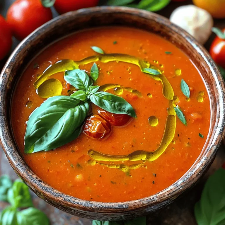 To make a great roasted tomato basil soup, you need simple ingredients that pack a lot of flavor. Here’s what you’ll need: - 2 pounds ripe tomatoes, halved - 1 onion, chopped - 4 cloves garlic, unpeeled - 3 tablespoons olive oil - 2 cups vegetable broth - 1 teaspoon sugar - Salt and pepper to taste - 1 cup fresh basil leaves, roughly chopped - ¼ cup heavy cream (optional for creaminess) Ripe tomatoes are key. They give the soup its rich, sweet flavor. Look for deep red tomatoes that feel heavy for their size. The onion and garlic add depth to the taste. Roasting them brings out their natural sweetness. Olive oil helps the veggies roast nicely and adds a touch of richness. Vegetable broth is the base of the soup, giving it body and flavor. A hint of sugar balances the acidity of the tomatoes. Fresh basil is essential. It brightens the soup and adds a lovely aroma. If you want a creamy texture, add heavy cream. It makes the soup feel even more comforting. Gather these ingredients, and you're ready to make a bowl of warmth that feels like a hug. 1. Preheating the oven Start by heating your oven to 400°F (200°C). This step is key for roasting. The high heat will caramelize the tomatoes and onions, making them sweet and rich in flavor. 2. Preparing the baking sheet Take a large baking sheet and arrange your halved tomatoes, chopped onion, and unpeeled garlic cloves on it. Make sure they are spread out evenly. Drizzle with olive oil. Sprinkle salt and pepper to taste. Toss everything to coat well. 1. Timing and temperature Place the baking sheet in the oven. Roast the vegetables for 30 to 35 minutes. This timing ensures the tomatoes get soft and the garlic becomes tender. 2. Key indicators for readiness Look for the tomatoes to be caramelized and soft. The garlic should feel tender when pressed. These signs mean your vegetables are ready to come out. 1. Blender tips for a creamy texture Let the roasted mix cool for a few minutes. Squeeze the garlic out of its skins and toss the skins. Transfer the mix to a blender. Add vegetable broth, sugar, and half of the fresh basil. Blend until smooth and creamy. 2. Adjusting flavor with cream Pour the blended soup into a pot and heat it over medium-low heat. If you want a richer taste, stir in heavy cream. Adjust the seasoning with more salt and pepper if needed. Enjoy your delicious roasted tomato basil soup! To get the best flavor from your soup, perfect roasting is key. Here are some tips: - Achieving perfect caramelization: Roast your tomatoes at 400°F. This high heat brings out their natural sweetness. Look for a golden-brown color on the edges. That’s the caramelization you want. - Choosing the right tomatoes: Use ripe tomatoes for the best taste. Varieties like Roma or heirloom work well. They have more flavor and less water. This gives your soup a richer texture. Blending your soup correctly helps you avoid messes. Here's how you can do it: - How to avoid splatter: Allow your roasted veggies to cool a bit before blending. Use a towel to cover the blender lid. This keeps hot soup from splattering. - Ensuring smooth consistency: Blend in batches if needed. Add a bit of vegetable broth to help the blender. This ensures a creamy soup without chunks. To make your soup stand out, consider adding more flavors: - Additional herbs and spices: Besides basil, try adding thyme or oregano. A pinch of red pepper flakes gives a nice kick. - Balancing acidity and sweetness: The sugar in your recipe helps balance the acidity of tomatoes. If your soup tastes too acidic, add a bit more sugar or a splash of cream. Adjusting these flavors can elevate your soup to a new level. {{image_2}} You can easily make this soup vegan. Just skip the heavy cream. Instead, try coconut milk for a rich texture. It adds a nice sweetness too. You can also use cashew cream, which blends smoothly. For extra flavor, a splash of lemon juice helps brighten the soup. Want to make your soup heartier? Add protein like beans or chicken. Chickpeas work well for a vegan option. If you use cooked chicken, shred it and stir it in at the end. This adds warmth and substance. If you add protein, check the cooking time. You may need a few extra minutes to heat it through. To boost flavors, consider adding extra herbs. Oregano or thyme can enhance the taste. You can also use different broth types. Chicken broth gives a deeper flavor, while vegetable broth keeps it light. Experiment and find what you enjoy most in your bowl. To keep your roasted tomato basil soup fresh, follow these steps: - Refrigeration: Store the soup in an airtight container. It lasts up to 4 days in the fridge. Make sure to let it cool before sealing. - Freezing: For long-term storage, freeze the soup in portions. Use freezer-safe containers or bags. It stays good for about 3 months. Remember to label with the date. When reheating, aim to keep the soup's flavor intact: - Best practices: Heat the soup slowly on the stove over low to medium heat. Stir often for even warming. - Avoiding separation: If you added cream, don’t let it boil. This helps keep the texture smooth and creamy. Knowing how long your soup lasts helps prevent waste: - Leftovers: You can store leftover soup in the fridge for up to 4 days. - Signs of spoilage: If the soup smells sour or has mold, it’s time to toss it out. Always trust your senses! Can I use canned tomatoes instead? Yes, you can use canned tomatoes. Look for whole or diced tomatoes. Use about 2 cans for this recipe. Drain them before adding to the blender. Canned tomatoes can save time and still taste great. How do I make it spicier? To spice it up, add red pepper flakes or diced jalapeños. You can also use hot sauce in the soup. Start small and taste as you go. This way, you control the heat level. What are the health benefits of this soup? Roasted tomato basil soup is rich in vitamins and minerals. Tomatoes are high in vitamin C and antioxidants. Basil has anti-inflammatory properties. This soup is low in calories and can fit into a healthy diet. What to do if the soup is too acidic? If the soup tastes too acidic, add a pinch of sugar. This helps balance the flavors. You can also add more cream or broth. Taste as you go until it feels right. How to thicken the soup if it’s too thin To thicken the soup, simmer it longer to reduce liquid. You can also add a bit of cornstarch mixed with water. Blend in more roasted tomatoes for added thickness too. Best accompaniments for the soup Serve this soup with a fresh salad or grilled cheese. A sprinkle of Parmesan cheese on top adds flavor. You can also drizzle olive oil for extra richness. Ideal bread pairings for a complete meal Pair the soup with crusty bread or a baguette. It’s perfect for dipping. Garlic bread is another great option to enhance the meal. Enjoy every bite! Roasted tomato basil soup is a simple and tasty dish. We covered essential ingredients, steps, and tips to make it perfect. You learned about vegan options and how to store leftovers. Each tip helps you enjoy the best flavors. In the end, this soup is more than a recipe. It’s a warm hug on cold days. You can make it your own with different herbs or proteins. Enjoy your cooking!