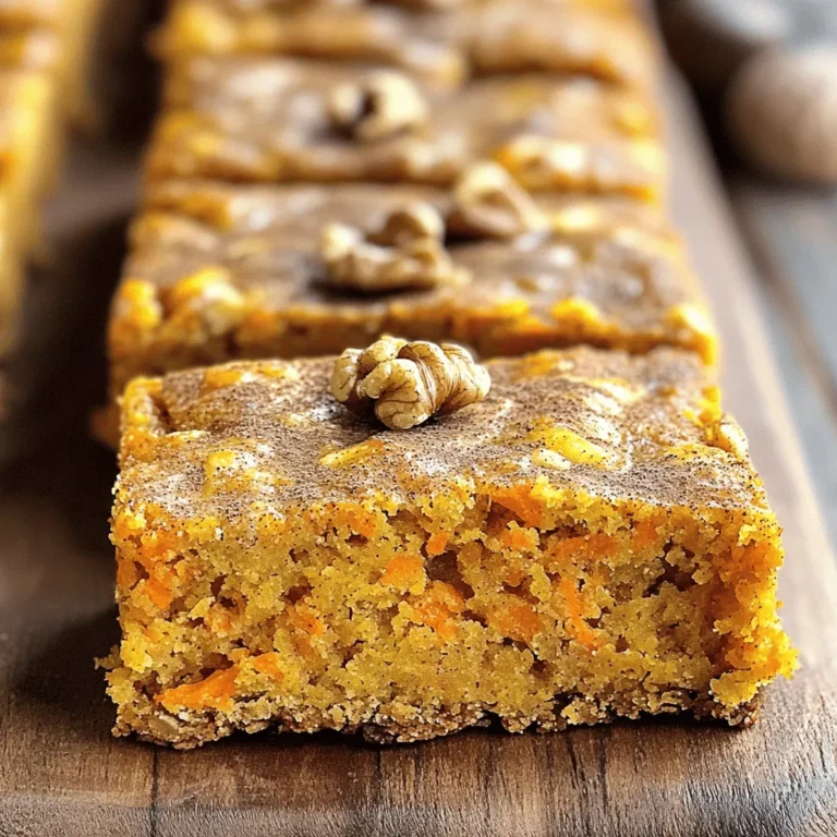 - 1 cup grated carrots - 1/2 cup rolled oats - 1/2 teaspoon baking powder - 1/2 teaspoon baking soda - 1 teaspoon cinnamon - 1/4 teaspoon nutmeg - 1/4 teaspoon salt - 1/4 cup honey or maple syrup - 1/4 cup unsweetened applesauce - 1/4 cup Greek yogurt These main ingredients create the base of our breakfast bars. Grated carrots add moisture and natural sweetness. Rolled oats provide fiber, making these bars filling. Baking powder and baking soda help the bars rise. The spices, cinnamon and nutmeg, give a warm flavor. Honey or maple syrup act as sweeteners, while applesauce and Greek yogurt keep the texture light and fluffy. - 1/3 cup chopped walnuts - 1/4 cup raisins or dried cranberries Adding these optional ingredients can boost flavor and texture. Chopped walnuts add crunch and healthy fats. Raisins or cranberries bring a chewy sweetness. You can mix and match based on your taste. - Calories per serving: Approximately 150 - Key nutrients: Fiber, protein, vitamins A and C Each serving gives you a nutritious start to your day. The fiber from oats and carrots helps digestion. Protein from Greek yogurt keeps you satisfied longer. Carrots are rich in vitamins A and C, supporting your immune system. Enjoy these bars, knowing you fuel your body with healthy ingredients! 1. Prepping the oven and baking pan First, set your oven to 350°F (175°C). While it heats, grab an 8x8-inch baking pan. Line it with parchment paper. This helps the bars come out easily after baking. 2. Mixing dry ingredients In a large bowl, combine these dry ingredients: - 1 cup grated carrots - 1/2 cup rolled oats - 1/2 teaspoon baking powder - 1/2 teaspoon baking soda - 1 teaspoon cinnamon - 1/4 teaspoon nutmeg - 1/4 teaspoon salt Stir well to mix everything evenly. 1. Whisking wet ingredients In another bowl, whisk together: - 1/4 cup honey or maple syrup - 1/4 cup unsweetened applesauce - 1/4 cup Greek yogurt Mix until smooth. This will add moisture and flavor to your bars. 2. Folding in optional ingredients If you want extra texture, add chopped nuts or dried fruit. Use: - 1/3 cup chopped walnuts (optional) - 1/4 cup raisins or dried cranberries (optional) Gently fold these into the wet mixture. 1. Heating time and checking for doneness Pour the wet mixture into the dry ingredients. Stir until just combined. Spread the batter evenly in your prepared pan. Bake for 25-30 minutes. To check if they are done, insert a toothpick in the center. If it comes out clean, they are ready! 2. Cooling and cutting Once baked, let the bars cool in the pan for about 10 minutes. Then, transfer them to a wire rack to cool completely. After they cool, cut them into squares or rectangles. Enjoy your healthy breakfast bars! Serve the healthy carrot cake breakfast bars on a rustic wooden board. This adds a cozy touch. You can sprinkle a bit of cinnamon on top. Add a few extra walnuts for crunch and style. These bars pair well with a side of fresh fruit. Consider serving them with yogurt or a glass of milk. This makes a great breakfast or snack. To keep your bars fresh, store them in an airtight container. They stay good at room temperature for up to three days. For longer storage, freeze them. Wrap each bar in plastic wrap and place them in a freezer bag. When you want to eat one, just thaw it overnight in the fridge. You can also microwave them for about 20 seconds for a warm treat. One common mistake is overmixing the batter. This can make the bars tough. Mix just until combined for a soft texture. Another mistake is not adjusting baking time. Every oven is different. Check your bars a few minutes early to avoid overbaking. A toothpick should come out clean when they are done. {{image_2}} You can easily change the taste of these bars. Try using different spices, like ginger or allspice, to give a new twist. If you want it sweeter, use maple syrup or agave nectar instead of honey. These options can make your breakfast bars unique and fun. If you need gluten-free options, use gluten-free oats. They work just as well and keep the bars tasty. For nut-free choices, skip the walnuts and use seeds like sunflower or pumpkin. This way, everyone can enjoy these healthy treats. Adding mix-ins can enhance the flavor and nutrition. You can include seeds like chia or hemp for extra crunch. Dried fruits such as apricots or figs can also add sweetness. Experiment with different combinations to find your favorite mix! Yes, you can easily make these breakfast bars vegan. To replace honey, use maple syrup. It adds sweetness and keeps the bars moist. For Greek yogurt, substitute with a plant-based yogurt like almond or coconut yogurt. This way, you keep the creamy texture without dairy. These breakfast bars last about five days when stored properly. Keep them in an airtight container at room temperature. If you want them fresh for longer, you can freeze them. Just wrap each bar in plastic wrap and place them in a zip-top bag. They stay good for up to three months in the freezer. Yes, you can add other vegetables for extra nutrition. Zucchini works great and keeps the bars moist. You can also try sweet potatoes or even beets for a unique twist. Just make sure to grate them well. This keeps the texture right and adds flavor without altering the recipe too much. Many readers have enjoyed making these bars. One user said, "These bars are a great breakfast! My kids love them." Another shared, "I added some chocolate chips, and they were a hit!" Feedback shows that people love the taste and the ease of making these bars. They are perfect for busy mornings or a snack. I want to hear from you! After you try the recipe, please leave a comment. Tell me what you did differently or how your family liked them. Your thoughts can help others too. Did you use other fruits or nuts? Share your story! The community has great tips for making these bars even better. Some suggest using coconut flour for a different taste. Others say to add a bit of vanilla extract for extra flavor. A few readers recommend letting the bars cool overnight for the best texture. These tips can make your bars even tastier! Healthy carrot cake breakfast bars bring joy and nutrition to your days. With grated carrots, oats, and natural sweeteners, they combine taste and health. Follow the steps to mix, bake, and serve these bars perfectly. Watch for common mistakes to get it right. You can tweak flavors and swap ingredients to fit your diet. Remember, these bars are flexible and fun. Enjoy feedback from other users to inspire your own creations. Try making these compelling bars, and see how they brighten your mornings!
