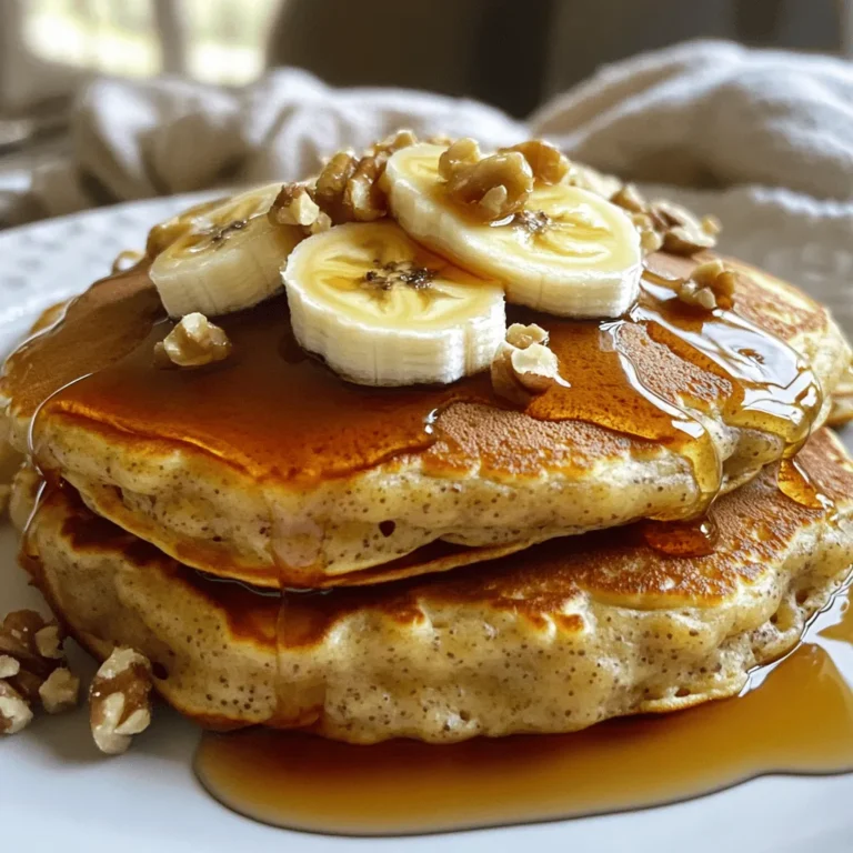 Here is what you need to make banana bread pancakes: - 1 ripe banana, mashed - 1 cup all-purpose flour - 1 tablespoon baking powder - 1 teaspoon cinnamon - 1/4 teaspoon salt - 1 cup milk (dairy or non-dairy) - 1 large egg - 2 tablespoons brown sugar - 1/2 teaspoon vanilla extract - 1/4 cup chopped walnuts (optional) - Butter or oil for cooking Each ingredient plays a big role. The banana gives flavor and moisture. Flour provides structure. Baking powder helps the pancakes rise. Cinnamon adds warmth and spice. Salt balances the sweetness. Milk makes the batter smooth. The egg binds it all together. Brown sugar brings a rich taste. Vanilla adds a hint of sweetness. Walnuts give a nice crunch, but they are optional. Lastly, butter or oil is needed for cooking. Using high-quality ingredients can make a big difference in flavor. Enjoy gathering these items; your pancakes will be delicious! 1. Mashing the banana: Start by taking one ripe banana. Place it in a large bowl. Use a fork to mash it well until it’s smooth. This gives your pancakes that rich banana flavor. 2. Mixing wet ingredients: Next, add the egg, milk, brown sugar, and vanilla extract to the mashed banana. Whisk these together until they blend nicely. This mix will keep your pancakes moist and sweet. 3. Combining dry ingredients: In another bowl, mix the flour, baking powder, cinnamon, and salt. Stir these dry ingredients until they are evenly mixed. This step is key for good texture. 1. Heating the skillet: Heat a skillet or griddle over medium heat. Add a small amount of butter or oil to coat the pan. This helps prevent sticking and adds flavor. 2. Pouring and cooking pancakes: Pour about 1/4 cup of the batter onto the skillet for each pancake. Cook until bubbles form on the surface, which takes about 2-3 minutes. This shows they’re ready to flip. 3. Flipping and final cooking time: Carefully flip the pancakes and cook for another 2-3 minutes until golden brown. This ensures they are cooked through and fluffy. - Suggestions for toppings: Serve your pancakes warm. Top them with maple syrup, sliced bananas, or even extra walnuts for that great crunch. - Pairs well with beverages: These pancakes pair nicely with a hot cup of coffee or fresh juice. Enjoy them for a delightful breakfast treat! - Avoiding overmixing: Mix the wet and dry ingredients just enough. Overmixing makes pancakes tough. A few lumps are fine. This keeps the pancakes soft and fluffy. - Ensuring even cooking temperatures: Preheat your skillet to medium heat before cooking. This helps pancakes cook evenly. If the heat is too high, the pancakes may burn outside but stay raw inside. - Storing leftovers in the fridge: Place leftover pancakes in a sealed container. They will stay fresh for 3 to 4 days. You can also stack them with parchment paper in between. This prevents sticking. - Reheating pancakes: To reheat, use a microwave or a skillet. In the microwave, heat for about 20-30 seconds. On the skillet, warm at medium heat for 1-2 minutes. This keeps them soft and tasty. - Alternatives for flour: You can use whole wheat flour for a healthier option. Almond flour also works well for a gluten-free choice. Just adjust the liquid if needed. - Non-dairy milk options: Almond milk, oat milk, or soy milk are great substitutes. They add different flavors and keep the pancakes moist. Use your favorite type to suit your taste. {{image_2}} To make your banana bread pancakes even tastier, try adding chocolate chips. Just fold in about 1/2 cup of chocolate chips to the batter before cooking. The warm pancakes will melt the chocolate, giving you a sweet surprise in every bite. You can also experiment with spices. Try adding a pinch of nutmeg or a dash of ginger for a warm, cozy flavor. These spices can add depth and make your pancakes stand out. If you want a healthier twist, consider using whole wheat flour instead of all-purpose flour. This change adds more fiber and nutrients. The pancakes will still taste great, but you'll feel good about your choice. You can also reduce the sugar in the recipe. Try cutting the brown sugar in half or use a natural sweetener like honey or maple syrup instead. This will keep your pancakes tasty without too much sweetness. For a fun, tropical flavor, incorporate coconut into your batter. Add 1/4 cup of shredded coconut for a chewy texture and a hint of sweetness. You can also infuse your pancakes with spices from other cuisines. For instance, add cardamom for a Middle Eastern touch or chili powder for a spicy kick. These international flavors can turn your breakfast into a global experience. Banana bread pancakes are not only tasty but also packed with good stuff. Each serving has key nutrients that can support a healthy diet. Here’s a quick look at what you get: - Calories: About 180 per serving - Protein: 6 grams - Carbohydrates: 30 grams - Fiber: 2 grams - Fat: 5 grams - Sugars: 5 grams These pancakes are a smart choice for breakfast. They give you energy to start your day right. What are the benefits of bananas? Bananas are full of potassium, which helps keep your heart healthy. They also have vitamin C, great for your immune system. Eating bananas can boost your mood, too. Their natural sugars give you quick energy without a crash. What are the advantages of walnuts? Walnuts are a great source of healthy fats. They have omega-3 fatty acids, which are good for your brain. These nuts also contain antioxidants that help protect your cells. Adding walnuts to your pancakes gives you extra crunch and nutrition. These tasty banana bread pancakes are not just a treat; they are good for you! Can I use frozen bananas? Yes, you can use frozen bananas! Just thaw them before mashing. They will blend well into the batter, adding great flavor. How do I make the pancakes fluffier? To make the pancakes fluffier, try using fresh baking powder. Make sure not to overmix the batter. A few lumps help keep them light. How long can I store pancakes? You can store pancakes in the fridge for up to three days. Place them in an airtight container to keep them fresh. Can I freeze banana bread pancakes? Yes, you can freeze banana bread pancakes! Place them in a single layer on a baking sheet. Once frozen, stack them in a bag, and store for up to three months. How do I scale the recipe? To scale the recipe, simply multiply each ingredient by the number of servings you need. Keep the same ratios for best results. Can this recipe be made vegan? Yes, you can make this recipe vegan! Use a flax egg instead of a regular egg and non-dairy milk. The pancakes will still taste delicious. In this article, we explored a simple recipe for banana pancakes. We covered the key ingredients, step-by-step instructions, and tips for perfect results. You can easily customize the recipe too, adding flavors or making it healthier. Remember, using ripe bananas adds natural sweetness, and avoiding overmixing keeps the pancakes fluffy. Whether you’re enjoying them for breakfast or as a snack, these pancakes are sure to please. Try them out and share your twists. Happy cooking!