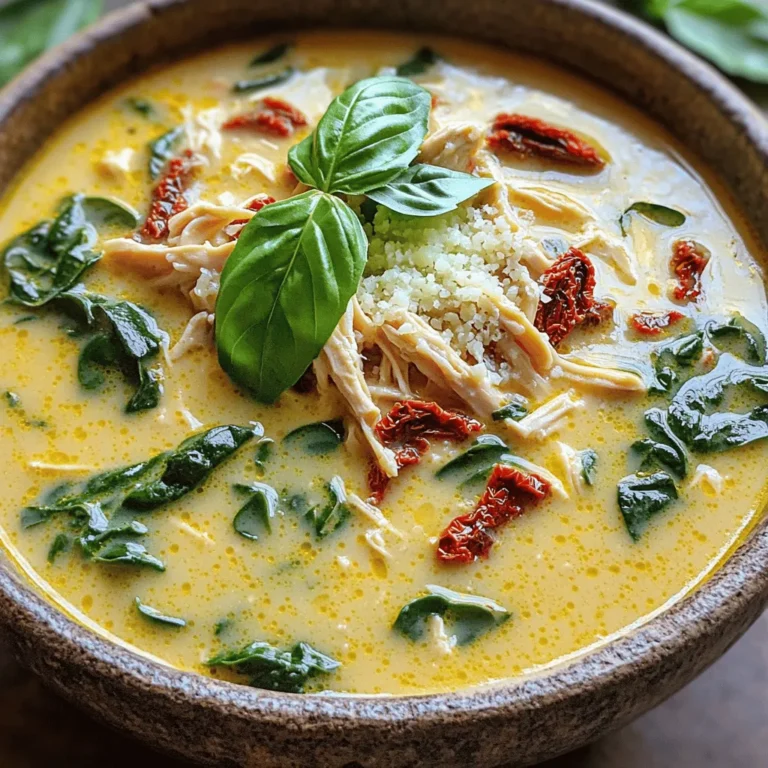 Here’s what you need for a rich and creamy Tuscan chicken soup: - 1 lb boneless, skinless chicken breasts - 4 cups low-sodium chicken broth - 1 cup heavy cream - 1 can (14 oz) diced tomatoes, undrained - 1 cup chopped fresh spinach - 1/2 cup sun-dried tomatoes, chopped - 1 medium onion, diced - 2 cloves garlic, minced - 1 teaspoon Italian seasoning - 1/2 teaspoon crushed red pepper flakes (adjust for spice level) - Salt and pepper to taste - 2 tablespoons olive oil - Fresh basil leaves for garnish - Grated Parmesan cheese for serving You can swap some ingredients to fit your taste or diet: - Chicken: Use turkey breasts or thighs for a different flavor. - Cream: Substitute with coconut milk for a dairy-free option. - Spinach: Kale or Swiss chard can replace spinach for a heartier bite. - Broth: Vegetable broth works well if you want a lighter taste. - Sun-dried tomatoes: Fresh tomatoes can work, but add more for flavor. When shopping, here are some tips: - Chicken: Look for chicken breasts that are pink with no dark spots. Fresh chicken should feel firm and moist. - Spinach: Choose bright green leaves with no yellow or brown edges. Fresh spinach should feel crisp. - Tomatoes: Pick tomatoes that are firm and fragrant. Avoid soft spots or wrinkles. - Onion and Garlic: Choose firm onions and plump garlic bulbs. These should feel heavy for their size. By picking quality ingredients, you boost the soup's flavor and nutrition! To make Slow Cooker Creamy Tuscan Chicken Soup, start by gathering your ingredients. Here’s how to prepare it: 1. Sauté onion and garlic: Heat 2 tablespoons of olive oil in a skillet over medium heat. Add 1 diced medium onion and 2 minced garlic cloves. Cook for about 5 minutes, or until the onion is clear. 2. Mix ingredients in the slow cooker: Transfer the onion and garlic into your slow cooker. Add 1 pound of boneless, skinless chicken breasts. Pour in 4 cups of low-sodium chicken broth and 1 can of diced tomatoes (14 oz), undrained. 3. Add the rest: Stir in 1/2 cup of chopped sun-dried tomatoes, 1 teaspoon of Italian seasoning, and 1/2 teaspoon of crushed red pepper flakes. Season with salt and pepper to taste. Mix everything well. 4. Cook: Cover the slow cooker. Set it to low for 6-7 hours or high for 3-4 hours. The chicken should be fully cooked and tender. 5. Shred the chicken: After cooking, take out the chicken. Use two forks to shred it into bite-sized pieces. Return the shredded chicken to the slow cooker. 6. Add cream and spinach: Pour in 1 cup of heavy cream and add 1 cup of chopped fresh spinach. Stir until the spinach wilts and the soup heats up, about 10 minutes. Adjust seasoning if needed. - Low and slow: Cooking on low for 6-7 hours gives the best flavor. This method lets the chicken become very tender. - High setting: If you're short on time, the high setting (3-4 hours) will work too. Just check the chicken for doneness. - Check for doneness: Use a meat thermometer. The chicken should reach an internal temperature of 165°F. - Serve hot: Ladle the soup into bowls. - Garnish: Top each bowl with fresh basil leaves and a sprinkle of grated Parmesan cheese. - Pair with bread: This soup tastes great with crusty bread or a side salad. Enjoy your creamy, savory soup! One mistake is not sautéing the onion and garlic first. This step adds depth to the soup. Another error is not shredding the chicken properly. Shredded chicken mixes better with the soup. Lastly, avoid adding too much liquid. The cream will make the soup rich, so balance is key. To boost flavor, try adding fresh herbs like basil or parsley. These add a bright taste. You can also use more Italian seasoning for a bolder flavor. Crushed red pepper flakes can adjust the heat. Start with a little, then taste and add more if needed. A good slow cooker is essential for this recipe. Use one with multiple heat settings for flexibility. A sturdy knife helps chop the onion and garlic easily. Use a cutting board to keep your workspace clean. Finally, two forks are great for shredding chicken smoothly. {{image_2}} To make a vegetarian version of this soup, you can replace the chicken with hearty veggies. Use 1 can of chickpeas for protein and texture. Add 1 cup of chopped zucchini and 1 cup of diced carrots for flavor. You can also use vegetable broth instead of chicken broth. This will keep the soup rich and tasty without meat. For a dairy-free version, swap the heavy cream with coconut milk. This adds a nice creaminess without dairy. You can also skip the Parmesan cheese or use a dairy-free alternative. Look for vegan cheese at the store. Adjust the seasoning to balance the flavors, as coconut milk can be sweeter than cream. You can change the vegetables based on the season. In the spring, add fresh asparagus or peas for a bright touch. In the fall, try using diced butternut squash or sweet potatoes for warmth. Always add some greens, like kale or Swiss chard, to keep it fresh. These small changes can make the soup feel new and exciting every time you make it! After enjoying your Slow Cooker Creamy Tuscan Chicken Soup, store leftovers properly. First, let the soup cool down to room temperature. This helps prevent bacteria growth. Use airtight containers to keep the soup fresh. Label each container with the date. Store in the fridge for up to three days. If you want to keep it longer, freezing is a great option. To freeze your soup, ensure it is completely cool. Pour it into freezer-safe containers, leaving some space at the top. This allows for expansion as it freezes. You can also freeze it in smaller portions. This makes it easy to reheat just what you need later. The soup can last up to three months in the freezer. Remember to label the containers with the date before storing. When you’re ready to enjoy your soup again, reheat it gently. If frozen, let it thaw in the fridge overnight. You can reheat the soup on the stove over medium heat. Stir occasionally to prevent sticking. If it's too thick, add a splash of chicken broth or cream. You can also use a microwave; heat in short bursts, stirring in between. Always check the temperature to ensure it’s hot before serving. Enjoy your delicious soup just like the first time! You can store this soup in the fridge for up to five days. Make sure to keep it in an airtight container. This helps maintain its rich flavors. If you want to keep it longer, freeze the soup. It stays fresh for about three months in the freezer. Just thaw it in the fridge before reheating. Yes, you can use frozen chicken! Just add an extra hour to the cooking time. If you use frozen chicken, make sure it's fully cooked before shredding. This method works well and saves prep time. Just remember to check the chicken's internal temperature. It should reach 165°F to be safe. Serve the soup with crusty bread for dipping. A fresh salad also pairs well, adding a crunchy texture. You can also enjoy it with a side of garlic bread or cheesy breadsticks. For a heartier meal, serve it with a creamy risotto. Each option enhances the soup's flavors beautifully. This blog post covered everything you need for Slow Cooker Creamy Tuscan Chicken Soup. We explored ingredients, cooking steps, and useful tips. I shared variations for different diets and ways to store your soup. Remember to choose fresh ingredients for the best flavor. Each step and tip is key to success. With practice, you'll create a tasty dish your whole family will love. Happy cooking!