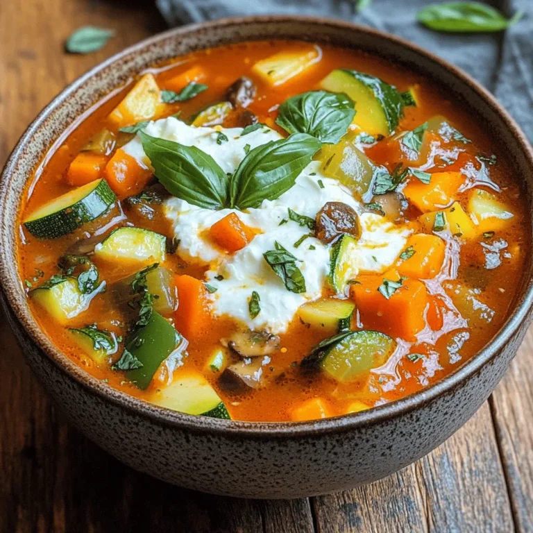 For this tasty Slow Cooker Veggie Lasagna Soup, gather these simple ingredients: - 1 tablespoon olive oil - 1 medium onion, chopped - 3 cloves garlic, minced - 2 medium carrots, diced - 1 bell pepper (any color), diced - 1 zucchini, diced - 1 cup mushrooms, sliced - 1 can (28 oz) crushed tomatoes - 4 cups vegetable broth - 2 teaspoons dried oregano - 1 teaspoon dried basil - 1 teaspoon red pepper flakes (optional) - 8 lasagna noodles, broken into pieces - 1 cup ricotta cheese - 1 cup shredded mozzarella cheese - 1/2 cup grated Parmesan cheese - Salt and pepper to taste - Fresh basil or parsley for garnish You can make this soup even better by adding: - Spinach or kale for more greens - Chickpeas or lentils for added protein - A splash of balsamic vinegar for extra flavor - A dollop of pesto on top when serving If you have dietary needs, here are some easy swaps: - Use gluten-free lasagna noodles for a gluten-free version. - Swap ricotta cheese for a non-dairy option like cashew or almond cheese. - Replace vegetable broth with chicken broth if you prefer. - Use different herbs like thyme or rosemary instead of oregano and basil. These ingredients and options make this soup fun to customize. You can play with flavors and textures to suit your taste! First, gather all your ingredients. You need onion, garlic, carrots, bell pepper, zucchini, and mushrooms. Start by heating olive oil in a large skillet. Add chopped onion and minced garlic. Sauté them for about 3-4 minutes. The onions should look clear. Next, add diced carrots, bell pepper, zucchini, and mushrooms. Cook these for 5-6 minutes. You want them to soften but not mushy. Once done, transfer the mixed veggies to your slow cooker. In the slow cooker, mix in crushed tomatoes and vegetable broth. Add dried oregano, basil, and red pepper flakes if you like heat. Stir everything well. Season with salt and pepper as needed. Cover the slow cooker and set it to cook. If you choose low, let it cook for 6-8 hours. If you pick high, it will cook for 3-4 hours. The longer the time, the richer the flavors. About 30 minutes before you serve, break the lasagna noodles into pieces. Stir these into the soup. Cover the slow cooker again and cook until the noodles are tender. Once the noodles are ready, mix in ricotta cheese. Stir until it blends nicely. Serve your soup hot. Top each bowl with shredded mozzarella and grated Parmesan cheese. For a fresh touch, add basil or parsley on top. To boost flavor, use fresh herbs. Fresh basil or parsley adds a bright taste. You can also try adding a splash of balsamic vinegar. It adds a nice tang. If you love spice, increase the red pepper flakes. This adds warmth to the soup. For the best texture, sauté the veggies first. This helps them soften before cooking. Breaking the lasagna noodles into smaller pieces makes them easier to eat. Stir them in about 30 minutes before serving. This way, they stay firm but tender. Serve the soup hot in bowls. Top each bowl with mozzarella and Parmesan cheese. Add a sprinkle of fresh herbs for a pop of color. Pair it with crusty bread for a complete meal. You can also add a side salad for extra crunch. {{image_2}} You can add protein to make this soup heartier. Ground turkey or beef works well. Cook the meat in a skillet before adding it to the slow cooker. For a plant-based option, try lentils or chickpeas. These add protein while keeping the dish veggie-friendly. Feel free to mix in your favorite veggies. Spinach or kale adds greens and nutrients. Eggplant and butternut squash bring a sweet taste. You can also try broccoli or cauliflower for added crunch. The key is to cut them small so they cook well. If you need a gluten-free meal, swap regular noodles for gluten-free ones. Look for brands that work well in soups. You can also use rice or quinoa as a noodle substitute. Just cook them separately and stir them in at the end. This keeps everything tasty and safe for everyone. After enjoying your Slow Cooker Veggie Lasagna Soup, let it cool down. Once cool, place the soup in an airtight container. It will stay fresh in the fridge for up to three days. Make sure to label the container with the date. This helps keep track of how long it has been stored. You can freeze the soup for longer storage. Pour the cooled soup into freezer-safe bags or containers. Leave some space at the top for expansion. The soup can last up to three months in the freezer. When you are ready to eat it, remember to label it. This way, you know what you have on hand. To reheat, take the soup out of the fridge or freezer. If frozen, let it thaw in the fridge overnight. Heat the soup on the stove over medium heat. Stir it often, so it warms evenly. You can also use the microwave. Just heat it in short bursts, stirring in between. Enjoy it hot, topped with cheese and fresh herbs! Yes, you can. Use a large pot on the stove. Heat the olive oil first. Add the onion and garlic. Cook until soft. Then, add the veggies just as in the recipe. Stir in the crushed tomatoes and broth. Let it simmer for about 30 minutes. Finally, add the noodles and cheeses. You can store leftover soup for up to five days. Keep it in an airtight container. Place it in the fridge. If you want to keep it longer, freeze it. It can last for about three months in the freezer. Just make sure to cool it first before storing. Yes, you can use fresh noodles. They will cook faster than dried ones. Break them into smaller pieces, just like the dried noodles. Add them to the soup about 10-15 minutes before serving. This way, they will cook perfectly without getting mushy. This blog post gives you a full guide on making a tasty lasagna soup. We covered the key ingredients, cooking steps, and different ways to make it your own. You can add extras, choose proteins, or even go gluten-free. Storing and reheating tips help you enjoy leftovers too. Remember, cooking can be fun! Use this recipe as a base and get creative. Enjoy every bowl of your delicious lasagna soup. Happy cooking!