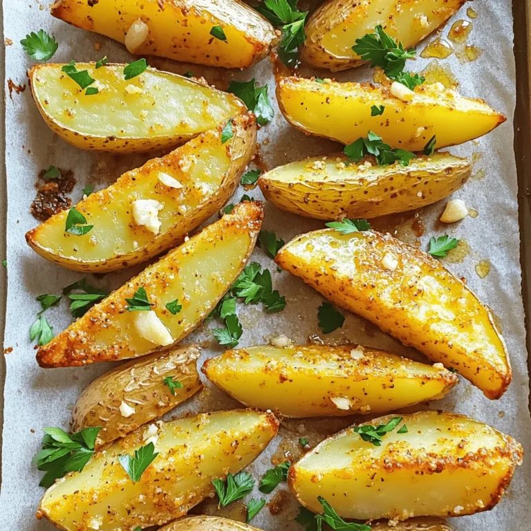 - 4 large russet potatoes, cut into wedges - 1/4 cup olive oil - 4 cloves garlic, minced - 1/2 cup grated Parmesan cheese - 1 teaspoon paprika - 1 teaspoon dried oregano - 1/2 teaspoon black pepper - 1 teaspoon salt - Fresh parsley, chopped (for garnish) To make crispy Parmesan garlic potato wedges, you need simple yet flavorful ingredients. The russet potatoes give a nice texture. The olive oil helps them crisp up in the oven. Garlic brings in a strong flavor. Parmesan cheese adds a cheesy, salty touch. You can enhance the flavor with a few optional ingredients. Consider adding chili powder for a spicy kick. You can also mix in fresh herbs like rosemary or thyme for a fresh taste. If you have dietary needs, there are easy swaps. For a vegan option, replace Parmesan with nutritional yeast. You can also use sweet potatoes instead of russet potatoes for a different flavor. These ingredients make the perfect base for a tasty snack. They combine to create a crunchy outside and a soft inside, making each bite irresistible. 1. Preheating the oven First, set your oven to 425°F (220°C). This heat will help your wedges get crispy. 2. Preparing the baking sheet Line a baking sheet with parchment paper. This step makes cleanup easy. It also helps the wedges not stick. 1. Tossing the potatoes with olive oil In a large bowl, add your potato wedges. Pour in 1/4 cup of olive oil. Mix well so each wedge gets coated. 2. Adding seasoning and tossing again Next, add the minced garlic, Parmesan cheese, paprika, oregano, black pepper, and salt. Toss everything together again until the wedges are well coated. You want them to look tasty and ready to bake! 1. Spreading the wedges on the baking sheet Now, spread the seasoned potato wedges in a single layer on the baking sheet. Make sure they are not touching. This helps them get crispy. 2. Monitoring baking time and flipping instructions Bake the wedges for 30 to 35 minutes. Halfway through, take them out and flip them over. This ensures both sides get golden brown and crispy. Enjoy the smell while they bake! To get those potato wedges super crispy, avoid overcrowding the baking sheet. If the wedges are too close, they will steam instead of crisp. Spread them out so the hot air can circulate. For the best results, place the baking sheet on the middle rack in your oven. This helps the heat reach all sides evenly. You can spice up your wedges by adding your favorite herbs or spices. Try adding chili powder for a kick or rosemary for a fresh taste. You can also switch up the cheese. While Parmesan is great, cheddar or gouda can add a new twist. Mix and match to find your favorite flavor profile. These potato wedges pair well with many dips. Try serving them with ranch, garlic aioli, or even spicy ketchup. They also make a great side dish. Serve them alongside grilled chicken, burgers, or a fresh salad for a complete meal. The options are endless! {{image_2}} You can easily change the flavor of your potato wedges. Want some heat? Try adding chili powder. It gives them a spicy kick. If you prefer a fresh taste, use chopped herbs like rosemary or thyme. These herbs add a nice touch and make the wedges taste bright. If you want a healthier option, use an air fryer. It cooks the wedges with less oil, while still keeping them crispy. Just toss them in the air fryer for about 20 minutes. For a different twist, grill the wedges. Grilling gives them a smoky flavor that is hard to beat. Need gluten-free options? Use gluten-free breadcrumbs instead of Parmesan for some crunch. If you're vegan, skip the cheese and add more garlic for flavor. You can also use nutritional yeast as a cheese substitute. This way, everyone can enjoy your crispy wedges! To keep your crispy Parmesan garlic potato wedges fresh, follow these simple tips: - Cool completely: Let the wedges cool down to room temperature. This helps prevent sogginess. - Use an airtight container: Store them in a container that seals well. This keeps air out and maintains crispness. - Layer with paper towels: Place paper towels in the container. This absorbs moisture and keeps the wedges crispy. - Refrigerate promptly: Store leftovers in the fridge within two hours of cooking. When you're ready to enjoy those wedges again, reheating is key. - Oven method: Preheat your oven to 375°F (190°C). Spread the wedges on a baking sheet in a single layer. Bake for 10-15 minutes or until hot and crispy again. - Microwave method: For a quick option, place wedges on a microwave-safe plate. Heat in 30-second intervals until warm. Note that this may not keep them crispy, so use this method when you're in a hurry. Crispy Parmesan Garlic Potato Wedges last about three to four days in the fridge. Make sure to store them in an airtight container. This keeps them fresh and tasty. If you want, you can reheat them for a quick snack. Yes, you can freeze these potato wedges. After baking, let them cool completely. Then, place them in a freezer-safe bag. They can last up to three months in the freezer. When you want to enjoy them, just bake them straight from the freezer. You can serve crispy potato wedges with a variety of dips. Ranch dressing, ketchup, or garlic aioli are great choices. They also pair well with burgers, grilled chicken, or as a side to a fresh salad. The options are endless! To make crispy potato wedges in the air fryer, start by preheating it to 400°F (200°C). Toss the wedges in olive oil and seasoning as usual. Place them in a single layer in the air fryer basket. Cook for about 15 to 20 minutes, shaking the basket halfway through for even cooking. Enjoy your crispy, golden wedges! You learned how to make crispy parmesan garlic potato wedges from start to finish. We covered ingredients, step-by-step prep, and tips for maximum flavor. Remember to avoid overcrowding the baking sheet for the best crispiness. Explore variations like spicy or grilled versions to keep it fresh. Storing and reheating properly ensures you enjoy every last bite. These wedges are a great side dish for many meals. Enjoy making this tasty treat with your own twists and substitutions for your needs. Happy cooking!
