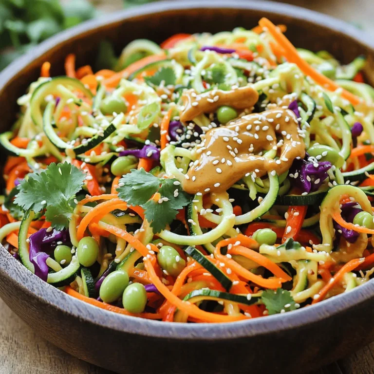 - 2 medium zucchinis (for zoodles) - 1 cup shredded carrots - 1 red bell pepper - 1 cup red cabbage - 1/2 cup shelled edamame - 1/4 cup fresh cilantro - 1/4 cup green onions - 3 tablespoons sesame oil - 2 tablespoons peanut butter - 1 tablespoon soy sauce or tamari - 1 tablespoon maple syrup - 1 tablespoon rice vinegar - 1 teaspoon grated fresh ginger - 1 teaspoon sesame seeds When making the Sesame Peanut Zoodle Salad, fresh ingredients shine. Zucchini makes a great base as zoodles. They add crunch and a nice texture. Shredded carrots give color and sweetness. The red bell pepper adds crispness and a pop of flavor. Red cabbage not only looks good but brings a slightly sweet taste. Edamame offers protein and a bright green hue. Fresh cilantro brings a burst of flavor. Green onions add a mild onion taste, perfect for balance. Next, we have the dressing. It ties everything together. Sesame oil gives a nutty base. Peanut butter adds creaminess and richness. Soy sauce or tamari brings saltiness. Maple syrup adds a hint of sweetness. Rice vinegar gives a touch of tang. Fresh ginger adds warmth and depth. Finally, sesame seeds sprinkle on top for a nice crunch. With these ingredients, you create a dish that is fresh, colorful, and packed with flavor. Each bite is a mix of textures and tastes. Start by spiralizing the zucchinis. I use a spiralizer because it makes great zoodles. You can also use a vegetable peeler if you don’t have one. Aim for long, thin strands. Next, measure and prepare the other vegetables. Shred the carrots and red cabbage. Slice the red bell pepper and green onions thinly. Chop the fresh cilantro. The mix of colors will make your salad pop. In a large bowl, combine all the salad ingredients. Add the spiralized zoodles, shredded carrots, sliced bell pepper, red cabbage, edamame, cilantro, and green onions. This mix is bright and fresh. In a separate bowl, prepare the dressing. Whisk together sesame oil, peanut butter, soy sauce, maple syrup, rice vinegar, and grated ginger. Make sure the dressing is smooth and mixed well. Pour the dressing over the zoodle mixture. Toss everything together gently. Ensure the vegetables are well coated. Let the salad sit for about 10 minutes. This helps the flavors meld and softens the zoodles a bit. Before serving, sprinkle sesame seeds over the top for a nice crunch. Give it one last gentle toss. Enjoy your fresh and tasty sesame peanut zoodle salad! To get the best zoodles, use fresh zucchinis. Look for firm ones with smooth skin. Avoid any that feel soft or have blemishes. When spiralizing, keep the zucchini steady. Use a spiralizer for easy noodles or a vegetable peeler for thin strips. If you want thicker noodles, slice the zucchini into quarters first. For fresh vegetables, choose bright colors and crisp textures. Shredded carrots should be vibrant and crunchy. Red bell peppers need to be glossy and firm. The red cabbage should be deep purple and crisp. Fresh cilantro should smell strong and green. Green onions should be bright and not wilted. For a colorful dish, layer the zoodles and veggies in a large bowl. Use a mix of colors to make it appealing. Serve it chilled for a refreshing taste. Divide into individual bowls for a fun touch. Sprinkle more sesame seeds on top for crunch. Add a few sprigs of cilantro for a pop of green. To boost flavor, try adding toppings like crushed peanuts or sesame seeds. You can also include sliced radishes for a peppery kick. If you want more spice, add red pepper flakes. A squeeze of lime juice gives brightness to the salad. Experiment with different herbs, like mint or basil, for a fresh twist. {{image_2}} For those who need gluten-free options, use tamari instead of soy sauce. Tamari tastes great and works well in this salad. If you want to make it vegan, the recipe is already plant-based. You can enjoy it without any animal products. If you don't have zucchinis, try using carrots or cucumbers instead. Both will add a nice crunch. You can also mix in other vegetables like bell peppers or sugar snap peas. These add more color and flavor. You can switch up the dressing for different tastes. Try adding lime juice for a zesty kick. A bit of sriracha can give your salad some heat. If you want a creamy touch, add more peanut butter. Each twist brings new life to this fresh dish! To store leftovers, put the salad in an airtight container. This helps keep it fresh. You can keep it in the fridge for up to three days. If the zoodles start to get soggy, they lose texture. To avoid this, store the dressing separately. Mix it in just before you eat. This keeps everything crisp. You can make this salad ahead of time. Prepare all the veggies and zoodles in advance. Store them in the fridge in separate containers. Make the dressing too, and keep it in a jar. This way, you can grab everything quickly. When you're ready to eat, just mix them together. It saves time and gives you a fresh meal! How long does the zoodle salad last in the fridge? The zoodle salad lasts about 3 days in the fridge. Store it in a sealed container. The flavors will deepen over time, but the zoodles may soften. Can I use frozen zoodles for this salad? Yes, you can use frozen zoodles. Thaw them first and drain excess water. Frozen zoodles may lose some crunch, but they still taste great. What can I do with leftover dressing? Store leftover dressing in the fridge for up to a week. Use it on other salads or as a dipping sauce for veggies. How many servings does this recipe make? This recipe makes four servings. It’s perfect for family meals or meal prep for the week. What can I serve alongside this salad? You can serve grilled chicken, tofu, or shrimp alongside the salad. Rice or quinoa also pairs well with it. Caloric content of the salad Each serving has around 200 calories. This salad is light but filling, making it a great choice. Health benefits of key ingredients - Zucchini is low in calories and high in water. - Carrots add beta-carotene, good for vision. - Edamame is rich in protein and fiber. - Peanut butter offers healthy fats and protein. - Sesame oil adds antioxidants for overall health. This zoodle salad is fresh, colorful, and packed with nutrition. You learned how to prepare zoodles and mix a tasty dressing. We discussed tips for perfecting your salad and shared serving ideas. Remember, you can customize it for your diet or swap ingredients based on your taste. Enjoy this dish as a meal prep option or a quick side. It’s healthy and satisfying, making it ideal for any occasion.