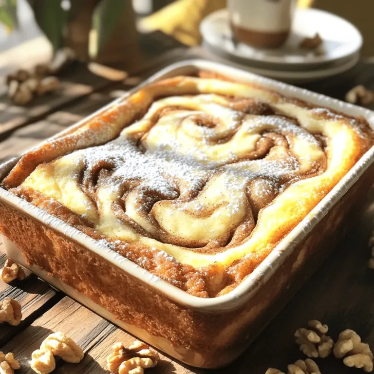 - 2 cups all-purpose flour - 1 cup granulated sugar - 1/2 cup unsalted butter, softened - 1/2 cup milk - 2 large eggs - 1 tablespoon baking powder - 1 teaspoon vanilla extract - 1 teaspoon ground cinnamon - 1/4 teaspoon salt - 1/2 cup brown sugar, packed - 1/2 cup chopped walnuts (optional) - Powdered sugar for dusting (optional) When making cinnamon swirl coffee cake, gathering all your ingredients first helps a lot. Start with the dry ones, like flour, baking powder, salt, and ground cinnamon. In a separate bowl, mix your wet ingredients. Use softened butter, granulated sugar, eggs, and vanilla extract. Each ingredient plays a key role in your cake's taste and texture. The flour gives structure. Sugar sweetens and adds moisture. Eggs bind everything together. Baking powder makes the cake rise. Cinnamon adds that warm, cozy flavor. If you like, walnuts can give a nice crunch. Finally, powdered sugar is great for a sweet finish. Make sure you measure carefully. This ensures that your cake will turn out soft and fluffy. Each part of this recipe contributes to the lovely taste and delightful swirl you want to achieve. - Preheat your oven to 350°F (175°C). This helps the cake rise well. - Grease and flour a 9x13 inch baking pan. This keeps the cake from sticking. - In a large bowl, cream together 1/2 cup of softened butter and 1 cup of granulated sugar. Beat them until the mix is light and fluffy. - Add 2 large eggs, one at a time. Then, stir in 1 teaspoon of vanilla extract. Mix until smooth. - In another bowl, whisk together 2 cups of all-purpose flour, 1 tablespoon of baking powder, 1/4 teaspoon of salt, and 1 teaspoon of ground cinnamon. - Gradually add the dry mix to the wet batter, alternating with 1/2 cup of milk. Start and end with the flour mix. Do not overmix; just combine until it's smooth. - In a small bowl, mix 1/2 cup of packed brown sugar with 1 teaspoon of ground cinnamon. You can add 1/2 cup of chopped walnuts here if you like. - Pour half of the batter into the prepared pan. Spread it evenly. Then, sprinkle half of the cinnamon-brown sugar mix over this layer. - Pour the rest of the batter over the cinnamon layer and spread gently. Top with the remaining cinnamon-brown sugar mix for a nice swirl. - Use a knife or a skewer to swirl the batter lightly. This creates a pretty marbled look. - Bake in the preheated oven for 30-35 minutes. Check if a toothpick inserted in the center comes out clean. - Let the coffee cake cool in the pan for about 10 minutes. Then, transfer it to a wire rack to cool completely. Using room temperature ingredients is key. When butter and eggs are at room temp, they mix better. This helps create a light and airy cake. To mix without overmixing, blend just until ingredients combine. Overmixing makes the cake tough. Remember, a few lumps are okay! You can make your coffee cake even tastier. Add spices like nutmeg or ginger for a twist. You can also use vanilla bean paste instead of extract for a richer flavor. If you want extra sweetness, top with a glaze or a sprinkle of powdered sugar. Chopped nuts add a nice crunch too! Overbaking is a common issue. Keep an eye on your cake as it bakes. A toothpick should come out clean, but not dry. Underbaking can lead to a gooey center. For the right batter consistency, it should be thick but pourable. If it’s too runny, add a bit more flour. {{image_2}} You can easily jazz up your cinnamon swirl coffee cake. Here are some fun ideas: - Add chocolate chips for a sweet twist. - Toss in dried fruits like raisins or cranberries for extra flavor. - Swap walnuts with pecans or almonds for a different crunch. Each of these choices can change the taste and texture. Experiment and find your favorite mix! If you need gluten-free or dairy-free options, there are simple swaps. - Use gluten-free all-purpose flour instead of regular flour. - Replace milk with almond milk or coconut milk. - Use a dairy-free butter substitute for the best results. These options let everyone enjoy your coffee cake without worry. To enjoy your coffee cake to the fullest, consider these serving ideas: - Pair it with a cup of coffee or tea for a perfect match. - Serve it warm with a scoop of ice cream for a fun dessert. - Drizzle some frosting on top for an extra treat. These suggestions will make your cinnamon swirl coffee cake even more delightful! To keep your coffee cake fresh, let it cool completely. Once cool, place it in an airtight container. You can also wrap it tightly in plastic wrap. Keep it at room temperature for up to 3 days. If you want it to last longer, consider freezing it. To freeze the coffee cake, cut it into slices first. Wrap each slice in plastic wrap. Then, place the wrapped slices in a freezer-safe bag. Remove as much air as possible before sealing. This helps keep the cake fresh. When you want to enjoy a slice, take it out and let it thaw in the fridge overnight. You can also warm it in the microwave for a few seconds. Freshly baked coffee cake lasts about 3 days at room temperature. If you store it in the fridge, it can last up to a week. Watch for signs of spoilage, like a dry texture or an off smell. If you see mold, it's best to throw it away. Keeping an eye on these signs helps you enjoy your cinnamon swirl coffee cake at its best! To keep coffee cake moist, use room temperature ingredients. Make sure your butter and eggs are warm. This helps the batter mix well. Adding milk also helps. Don’t overbake the cake; check it a few minutes early. If you see a clean toothpick, it’s done. Cover the cake with foil after it cools to keep it moist. Yes, you can use different sugars. Brown sugar gives a richer taste and keeps the cake moist. It adds a slight chew to the texture. White sugar makes the cake lighter and sweeter. You can mix both sugars for a nice balance in flavor and texture. Yes, you can make this coffee cake ahead of time. Bake it and let it cool completely. Wrap it in plastic wrap or foil. Store it in the fridge for up to three days. You can also freeze it for longer storage. Just thaw it in the fridge before serving. To check if your coffee cake is done, use a toothpick. Insert it into the center of the cake. If it comes out clean or with a few crumbs, it's ready. The edges should also pull away from the pan slightly. Look for a golden-brown color on the top. Coffee cake is less sweet than a regular cake. It often has a crumbly topping and a rich cinnamon flavor. It pairs well with coffee, making it perfect for breakfast or snacks. Regular cakes are typically sweeter and often frosted. Coffee cake is designed to be enjoyed without frosting. In this post, we explored how to make a delicious coffee cake. We covered the ingredients, kitchen tools, and step-by-step instructions for perfect baking. I shared tips for achieving the best texture and flavor, along with possible variations to try. Remember, baking is an art. Feel free to experiment and make the recipe your own. With practice, you’ll master this sweet treat and impress your friends and family. Enjoy baking and eating your coffee cake!
