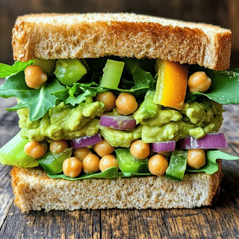 - 1 can chickpeas - 1 ripe avocado - Fresh chopped vegetables (red onion, celery, bell pepper) You will need a can of chickpeas. This is the star of your sandwich. Chickpeas are rich in protein and fiber. They provide a hearty base. Next, grab a ripe avocado. Its creamy texture blends well and adds richness. Finally, chop some fresh vegetables. Red onion, celery, and bell pepper add crunch and color. - Lemon juice - Tahini - Salt and pepper For flavor, use fresh lemon juice. It adds brightness and balances the creaminess. You can add tahini too for a nutty taste. Salt and pepper will enhance the flavors. Adjust these to fit your taste. - Whole grain bread - Leafy greens (spinach, arugula) Whole grain bread makes a great base. It adds fiber and keeps you full. You can use leafy greens like spinach or arugula for added nutrition. These greens bring freshness and color to your sandwich. First, take one can of chickpeas. Drain and rinse them well. In a mixing bowl, add the drained chickpeas and one ripe avocado. Use a fork to mash the avocado and chickpeas together. You want a chunky texture, so don’t mash them too much. Next, chop 1/4 cup of red onion, 1/4 cup of celery, and 1/4 cup of bell pepper. Add these chopped veggies to your bowl. Mix everything together until it is well combined. This adds a nice crunch to your salad. Now, it’s time to add flavor. Drizzle in 1 tablespoon of fresh lemon juice. If you like, add 1 tablespoon of tahini for a creamier texture. Stir the mixture until all the ingredients are coated. Taste the salad and add salt and pepper as needed. This step is key to making it delicious. Toast 4 slices of whole grain bread until they turn golden brown. While the bread is toasting, prepare to layer your sandwich. Take one slice of toasted bread and add a generous scoop of the chickpea avocado salad. Next, add a handful of leafy greens, like spinach or arugula. Top it off with another slice of bread. Press down gently to hold everything in place. Finally, slice the sandwich in half and enjoy your tasty meal right away! To get that perfect chunky consistency, start with a fork. Lightly mash the chickpeas and avocado together in a bowl. Leave some chickpeas whole for bite. This adds a nice texture. The right ingredient ratio is key. Use one ripe avocado for every can of chickpeas. This keeps your salad creamy but not too wet. Want to spice things up? Consider adding cumin or paprika. They bring warmth and depth to the salad. If you don’t have tahini, try using Greek yogurt or almond butter. Both add creaminess and a unique flavor twist. Pair your sandwich with a side of fresh fruit or veggie sticks. This balances the meal and adds color. For drinks, iced tea or sparkling water makes a great match. To make your sandwich look pretty, add a few leafy greens. A layer of spinach or arugula peeking out adds a fresh pop. Slice the sandwich on a diagonal for a nice touch. {{image_2}} You can change up your chickpea avocado salad sandwich in many fun ways. Try adding cucumbers for a fresh crunch. Carrots also work well for sweetness and color. If you want to skip the avocado, use hummus or a nut butter instead. These options still give you a creamy texture and great flavor. For those who follow a vegan diet, this recipe is perfect as is. Chickpeas and veggies are always vegan-friendly. If you need a gluten-free option, swap the whole grain bread for gluten-free bread. You still get all the taste without the gluten! Want to try something new? Make chickpea salad wraps! Use large lettuce leaves to hold the salad instead of bread. This keeps it light and fresh. You can also create chickpea avocado salad bowls. Just add a scoop of the salad to a bowl and top it with your favorite toppings, like nuts or seeds. Enjoy the same flavors in a fun new way! To keep your Chickpea Avocado Salad Sandwich fresh, wrap it tightly in plastic wrap. You can also store it in an airtight container. Refrigerate any leftovers within two hours. The salad mixture can stay good for up to three days in the fridge. Always separate the salad from the bread if you want to maintain crispness. If you want to enjoy this salad later, you can freeze the chickpea mixture. Place it in a freezer-safe container. It will stay fresh for up to three months. When you are ready, thaw it in the fridge overnight. For reheating, use a microwave on low power. This helps keep the flavors intact. The Chickpea Avocado Salad Sandwich lasts about two days in the fridge. Watch for signs of spoilage, like a sour smell or discoloration. If the avocado turns brown or mushy, it's time to toss it. Always check the salad mixture before eating to ensure it is safe. Making this sandwich is quick! It takes about 10 minutes to prep and 5 minutes to assemble. That gives you a total of 15 minutes from start to finish. You’ll love how fast it is! Yes, you can! You can prepare the chickpea avocado salad ahead of time. Store it in an airtight container in the fridge. It stays fresh for up to 2 days. Just make sure to add the salad to the bread right before eating. This keeps the bread nice and crunchy. Absolutely! This sandwich is packed with nutrition. Chickpeas are high in protein and fiber, which help keep you full. They also support heart health. Avocados are rich in healthy fats, vitamins, and minerals. They help improve skin health and provide energy. Overall, this sandwich is a tasty and healthy option for any meal! This blog post highlights how to create a delicious Chickpea Avocado Salad Sandwich. You learned about the key ingredients, including chickpeas, avocado, and fresh veggies, and how to mix them with spices and seasonings. I shared tips for achieving the best texture and flavor, plus serving ideas and storage methods. In conclusion, you can enjoy this tasty sandwich in many ways. Remember, the options are endless. Customize it to fit your taste and dietary needs. Get creative and make it your own!
