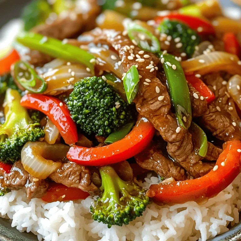 To create a great Szechuan beef stir fry, you need some key ingredients. Here’s a list to get you started: - 1 lb flank steak, thinly sliced against the grain - 2 tablespoons cornstarch - 3 tablespoons vegetable oil (divided) - 1 red bell pepper, sliced - 1 green bell pepper, sliced - 1 cup broccoli florets - 1 medium onion, thinly sliced - 4 cloves garlic, minced - 1 tablespoon fresh ginger, grated - 3 tablespoons soy sauce - 2 tablespoons chili paste (adjust for heat preference) - 1 tablespoon rice vinegar - 1 tablespoon sesame oil - 2 tablespoons sugar - 1 tablespoon sesame seeds (for garnish) - Chopped green onions (for garnish) These ingredients pack a punch of flavor and texture. While the essential ingredients are great on their own, you can add a few optional items for more depth. Consider these: - Red pepper flakes for extra heat - Water chestnuts for crunch - Snap peas for a pop of color - Cashews for a nutty flavor These additions can make your dish even more exciting. Not all ingredients are a must. You can swap some based on what you have. Here are a few ideas: - Use sirloin or chicken instead of flank steak. - Swap bell peppers for carrots or zucchini. - Try tamari instead of soy sauce for a gluten-free option. - Use honey instead of sugar for a different sweetness. These swaps help you create a dish that fits your taste and pantry. Start by slicing the flank steak thinly against the grain. This helps it stay tender. Place the beef slices in a large bowl. Sprinkle 2 tablespoons of cornstarch over the beef. Toss well until each piece is coated. This coating creates a crispy texture when cooked. Heat 2 tablespoons of vegetable oil in a large skillet or wok. Use medium-high heat for the best results. Once the oil is hot, add the beef in a single layer. Let it cook for 3-4 minutes without stirring. This allows the beef to become crispy. Flip the beef and cook for another 2-3 minutes until browned. Once done, remove the beef from the skillet and set it aside. In the same skillet, add 1 tablespoon of vegetable oil. Now, toss in the sliced onions, red, and green bell peppers, along with the broccoli florets. Stir-fry these veggies for about 4-5 minutes. You want them to be tender-crisp, which gives a nice texture to the dish. Next, add 4 cloves of minced garlic and 1 tablespoon of grated ginger. Stir quickly for about 30 seconds. This step makes your kitchen smell great as the garlic and ginger become fragrant. In a small bowl, whisk together the sauces. Combine 3 tablespoons of soy sauce, 2 tablespoons of chili paste, 1 tablespoon of rice vinegar, 1 tablespoon of sesame oil, and 2 tablespoons of sugar. Pour this sauce over the stir-fried vegetables. Stir well to mix all the flavors. Now, return the crispy beef to the skillet. Stir everything to coat the beef and veggies in the sauce. Cook for 1-2 more minutes until everything is heated through. Finally, remove from heat and garnish with sesame seeds and chopped green onions before serving. Enjoy your Crispy Szechuan Beef Stir Fry, better than takeout! To get that crunchy beef, start by coating the flank steak in cornstarch. This step is key for a crispy texture. Make sure each slice is well-coated. When you cook the beef, avoid stirring too soon. Let it sit in the hot pan for a few minutes. This helps it crisp up. Flip it only once to get both sides nice and brown. Use high heat when cooking this stir fry. Heat your skillet or wok until it's hot before adding oil. This quick cooking method locks in flavors. Make sure to use enough oil to prevent sticking. High heat cooks the beef fast, keeping it tender inside while making the outside crispy. Garnishing makes your dish look great and adds flavor. Add sesame seeds and chopped green onions on top before serving. These not only look nice but also add a fresh taste. Serving on colorful plates or bowls can enhance the visual appeal. Try placing the stir fry over a bed of rice or noodles for a pop of color. {{image_2}} Flank steak is great, but you can swap it out. Try chicken, shrimp, or tofu. Each option offers a unique taste. Chicken is lean and cooks quickly. Shrimp adds a nice sweetness, while tofu absorbs flavors well. Cut the protein into thin strips for even cooking. Feel free to mix up the veggies for your stir fry. Broccoli, bell peppers, and onions are tasty, but others work too! Think about adding carrots, snap peas, or mushrooms. You can even sneak in some spinach or kale for extra nutrition. Just remember to keep the veggies crisp and colorful. The spice level can make or break your dish. Start with less chili paste if you prefer mild heat. You can always add more later. For a hotter kick, try adding crushed red pepper or fresh chili slices. Taste as you go to find what works for you. This way, everyone can enjoy the dish just right! To keep your Szechuan beef fresh, let it cool first. Place it in an airtight container. Store it in the fridge for up to three days. Make sure to keep the beef and veggies together for the best taste. Reheating can be tricky. Use a skillet over medium heat. Add a little oil before placing the leftovers in the pan. Stir them gently until heated through. This method helps retain that crispy texture we all love. Avoid the microwave, as it can make the beef soggy. You can freeze Szechuan beef stir fry, but it’s best to do so without the veggies. The beef can last up to three months in the freezer. Use freezer-safe bags or containers for storage. When ready to eat, thaw the beef overnight in the fridge. Then, quickly stir-fry with fresh veggies for the best results. Yes, you can make this recipe in advance. Cook the beef and veggies separately and store them in the fridge. When you are ready to eat, heat them up together. This way, you keep the beef crispy and the veggies fresh. You can also prepare the sauce ahead of time. Just store it in a jar and mix it in when ready to serve. Crispy Szechuan beef stir fry pairs well with several sides. Here are some great options: - Steamed white rice - Fried rice with eggs and peas - Noodles tossed in soy sauce - A simple cucumber salad - Spring rolls for a crunchy bite These sides add texture and balance to your meal. You can easily modify this recipe. For gluten-free options, use tamari instead of soy sauce. If you are vegetarian, swap the beef for tofu, and follow the same steps. You can also reduce sugar if you want a healthier option. If you are allergic to sesame, skip the sesame oil and seeds. Customizing the dish makes it fit your needs. This blog helps you create a tasty Crispy Szechuan Beef Stir Fry. We covered essential ingredients, from flank steak to flavorful spices. You learned easy steps for cooking beef and perfecting vegetables. I shared tips for achieving crispiness and garnishing ideas to impress. Explore variations and meal prep options for more flexibility. By using these steps, you can cook this dish with ease and confidence. Enjoy making this fun recipe!