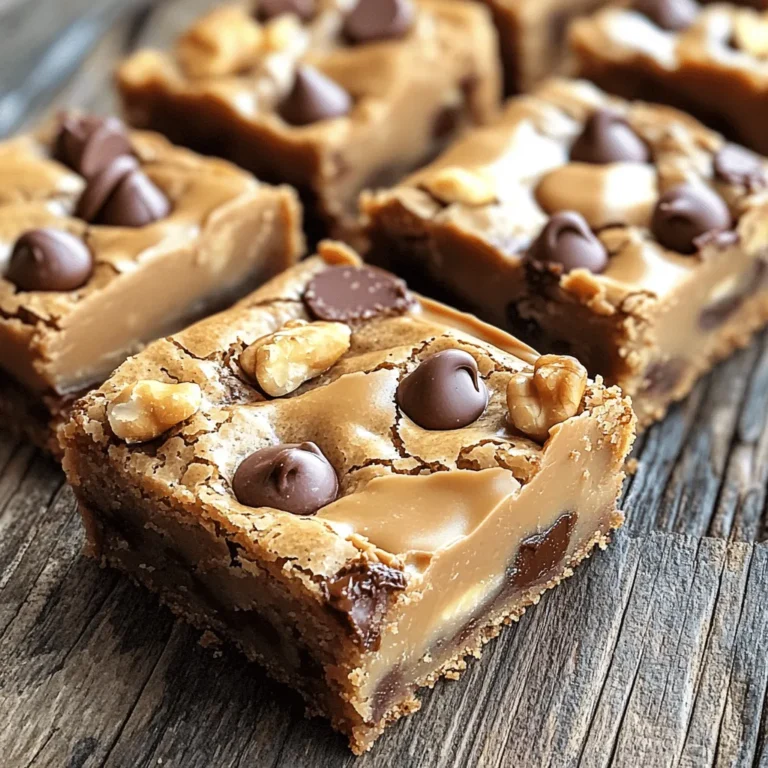 - 1 cup creamy peanut butter - 3/4 cup brown sugar (packed) - 1/4 cup granulated sugar - 1/2 cup unsalted butter (melted) - 2 large eggs - 1 teaspoon vanilla extract - 1 cup all-purpose flour - 1/2 teaspoon baking soda - 1/4 teaspoon salt - 1 cup semi-sweet chocolate chips - 1/2 cup chopped nuts (optional) This recipe needs simple ingredients. Each one plays a big role in flavor and texture. The creamy peanut butter gives a rich taste and smooth feel. The brown sugar adds a warm, caramel note. Granulated sugar balances it out with sweetness. Unsalted butter brings moisture and richness. Two large eggs bind everything together. They add fluffiness, too. Vanilla extract enhances the sweet flavors. The all-purpose flour forms the base of the blondies. Baking soda helps them rise and stay light. A pinch of salt brightens all the flavors. Finally, the semi-sweet chocolate chips provide bursts of chocolate in each bite. If you like crunch, add chopped nuts! Gather these ingredients before starting. You will create a delicious treat that everyone will love! - Preheat your oven to 350°F (175°C). - Line a 9x9-inch baking pan with parchment paper. - In a bowl, mix 1 cup of creamy peanut butter, 3/4 cup of brown sugar, and 1/4 cup of granulated sugar until smooth. - Stir in 1/2 cup of melted unsalted butter until well combined. - Add 2 large eggs, one at a time, mixing well after each. - Pour in 1 teaspoon of vanilla extract and combine everything. - In another bowl, whisk together 1 cup of all-purpose flour, 1/2 teaspoon of baking soda, and 1/4 teaspoon of salt. - Gradually fold the dry mix into the wet mixture until just combined. - Gently fold in 1 cup of semi-sweet chocolate chips and 1/2 cup of chopped nuts, if you want some crunch. - Pour the batter into the prepared pan, spreading it evenly. - Bake for 25 to 30 minutes. Check with a toothpick; it should come out mostly clean. - Let the blondies cool in the pan for 10 minutes. Lift them out using the parchment. - Place on a wire rack to cool completely before cutting into squares. To get the best texture, measuring your ingredients is key. Use dry measuring cups for flour and sugar. For sticky ingredients like peanut butter, use a liquid measuring cup. This ensures your blondies turn out soft and chewy, not dry. You can switch things up by using different nuts. Try walnuts or pecans for a nice crunch. If you love spice, add a pinch of cinnamon or nutmeg. These little changes can bring new life to your blondies. Serve blondies warm for a melty treat. Pair them with a scoop of vanilla ice cream for a delightful dessert. You can also drizzle melted chocolate on top. This makes every bite even more special. Enjoy them with friends or keep them all to yourself! {{image_2}} You can make these blondies gluten-free! Swap all-purpose flour with one of these options: - Almond flour - Coconut flour - Oat flour (make sure it's certified gluten-free) - Gluten-free all-purpose flour blend These flours bring unique flavors and textures. Adjust the amount as needed since different flours absorb moisture differently. Want a vegan version? You can replace the eggs and butter easily. Try these substitutes: - Use 1/4 cup applesauce or mashed banana for each egg. - Replace butter with coconut oil or vegan butter. These swaps keep your blondies moist and tasty while being plant-based. Add fun flavors to your blondies! Here are some ideas: - Sprinkle sea salt on top for a sweet and salty mix. - Use dark chocolate chips or white chocolate for a twist. - Mix in chopped nuts like walnuts or pecans for crunch. - Add a splash of coffee or espresso powder for depth. These extras can make your blondies even more exciting! Feel free to experiment and find your favorite combination. To store your blondies at room temperature, first, let them cool completely. Once cool, cut them into squares. Place the blondies in an airtight container. They will stay fresh for about 3 to 5 days. Keep the container in a cool, dry spot away from sunlight. This helps the blondies stay soft and tasty. If you want to keep your blondies longer, freezing is a great option. Cut the blondies into squares, as before. Wrap each square in plastic wrap tightly. Then, place the wrapped blondies in a freezer-safe bag or container. Label it with the date. They can last for up to 3 months in the freezer. When you're ready to enjoy, just thaw them in the fridge or at room temperature. To refresh your blondies, preheat your oven to 350°F (175°C). Place the blondies on a baking sheet. Heat them for about 10 minutes. This warms them up and brings back their soft texture. You can also microwave each square for about 15-20 seconds for a quick warm-up. Enjoy them with a scoop of ice cream or a drizzle of chocolate sauce for added yum! Yes, you can use crunchy peanut butter. It adds nice texture. The blondies will still taste great. Just remember, the flavor stays the same. Peanut butter blondies last about a week at room temperature. Keep them in an airtight container. For longer storage, place them in the fridge. They can also stay fresh for up to three months in the freezer. Yes, you can make these blondies without eggs. Use a flaxseed or chia seed mixture instead. Mix one tablespoon of seeds with three tablespoons of water. Let it sit until it thickens. This works well as a binder. You can use almond flour or oat flour as a substitute. They keep the blondies moist. Just remember to adjust the amount slightly. These flours can change the texture a bit. Absolutely! You can add more chocolate chips for extra sweetness. Nuts, sprinkles, or even dried fruit make great toppings too. Feel free to get creative and customize your blondies. This blog post covered how to make tasty peanut butter chocolate chip blondies. You learned the ingredients, step-by-step instructions, and helpful tips for perfect results. Remember, measuring accurately matters for texture. For fun, try variations like gluten-free or vegan blondies. Storing your blondies properly helps keep them fresh. Enjoy making these sweet treats, and share them with friends for a delightful time. Happy baking!