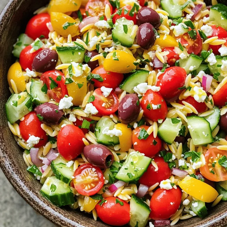 - 1 cup orzo pasta - 1 cup cherry tomatoes, halved - 1 cucumber, diced - 1 bell pepper (red or yellow), diced - 1/2 red onion, finely chopped - 1/2 cup Kalamata olives, halved - 1/2 cup feta cheese, crumbled - 1/4 cup fresh parsley, chopped - 1/4 cup olive oil - 2 tablespoons lemon juice - 1 teaspoon dried oregano - Salt and pepper to taste You can add some tasty extras to make this dish even better: - Avocado for creaminess - Artichoke hearts for a tangy bite - Fresh mint for a refreshing twist - Grilled shrimp for protein - Toasted pine nuts for crunch - Orzo pasta: A good source of carbs for energy. - Cherry tomatoes: Packed with vitamins and antioxidants. - Cucumber: Hydrating and low in calories, great for weight loss. - Bell pepper: High in vitamin C, boosts your immune system. - Red onion: Contains antioxidants, good for heart health. - Kalamata olives: High in healthy fats, support brain health. - Feta cheese: Adds protein and calcium for strong bones. - Fresh parsley: Full of vitamins and helps with digestion. - Olive oil: Heart-healthy fat that lowers bad cholesterol. - Lemon juice: High in vitamin C, good for skin health. - Dried oregano: Contains antioxidants and has anti-inflammatory properties. - Salt and pepper: Enhances flavor and balances the dish. First, fill a large pot with water. Add salt to make it tasty. Bring the water to a boil. Once it boils, add 1 cup of orzo pasta. Cook it according to the package instructions until it's al dente, which means firm, not mushy. This usually takes about 8 to 10 minutes. After cooking, drain the orzo and rinse it under cold water. This stops the cooking and cools it down. While the orzo cooks, grab your knife and cutting board. Dice up 1 cucumber and chop 1 cup of cherry tomatoes in half. You can also chop 1 bell pepper, either red or yellow. Finally, finely chop 1/2 of a red onion. Put all these fresh veggies into a large mixing bowl. They add great color and crunch to your salad. Now that the orzo is cool, it's time to mix. Add the prepared vegetables to the bowl. Next, toss in 1/2 cup of Kalamata olives, halved, and 1/2 cup of crumbled feta cheese. Finally, add 1/4 cup of freshly chopped parsley. These ingredients bring a burst of Mediterranean flavor to your salad. In a small bowl, combine 1/4 cup of olive oil with 2 tablespoons of lemon juice. Add 1 teaspoon of dried oregano, along with salt and pepper to taste. Whisk it all together until smooth. This dressing will tie all the flavors together and add brightness. Pour the dressing over the orzo and vegetable mixture. Toss everything gently to coat each piece. After mixing, taste your salad. Adjust the salt and pepper as needed. For the best flavor, cover the bowl and chill it in the fridge for at least 30 minutes. This waiting time allows all the flavors to blend nicely. To cook orzo perfectly, use a large pot with plenty of water. Make sure to add salt to the water; this enhances the flavor. Follow the package instructions closely. Usually, orzo takes about 8 to 10 minutes. Check for doneness a minute before the time is up. The orzo should be firm but not hard. Once cooked, drain it and rinse under cold water to stop the cooking. This keeps it from getting mushy. If you want to change things up, try using different vegetables. Zucchini or spinach can be great additions. For a protein boost, add grilled chicken or chickpeas. You can swap Kalamata olives for green olives if you prefer a milder taste. Feta cheese can be replaced with goat cheese for a creamier texture. These swaps can make the dish suit your taste and diet. To get the best flavor in your salad, use fresh ingredients. Fresh herbs like parsley or basil add great taste. Don’t skip the olive oil and lemon juice; they are key to a bright flavor. Let the salad chill in the fridge for at least 30 minutes. This allows the flavors to mix well. Before serving, taste and add salt or pepper as needed. A dash of extra lemon juice can also brighten it up. {{image_2}} You can make this salad even heartier by adding grilled chicken. Simply grill chicken breasts until they are cooked through. Slice the chicken and place it on top of the salad before serving. This adds protein and makes the dish more filling. The flavors of the chicken blend well with the fresh veggies and feta cheese. Enjoying this variation will give you a satisfying meal. If you're looking for a vegan version, swap the feta cheese for a vegan cheese option. You can also add chickpeas for extra protein. They give a nice texture and boost the nutrition. Use a dressing made from olive oil and vinegar instead of lemon juice for a different flavor. This way, you keep the salad fresh and tasty while making it plant-based. To make this salad gluten-free, use gluten-free orzo pasta. Many brands now offer this option, so you can still enjoy the same great taste. Just follow the same cooking instructions. You can also add some quinoa or rice if you like. These grains add a unique flavor and texture while keeping it gluten-free. This way, everyone can enjoy the Mediterranean vibes! To store your Mediterranean Orzo Salad, use an airtight container. This keeps air out and helps maintain freshness. Place the salad in the fridge if you do not eat it all. Make sure it cools down before sealing it. If you want to separate flavors, store dressing in a separate jar. This way, you keep everything fresh for longer. If you want to serve the salad warm, gently heat it on the stove. You can also use the microwave for a quick warm-up. Add a splash of olive oil or lemon juice to refresh the flavors. Toss the salad lightly to mix everything again. If you prefer it cold, simply enjoy it straight from the fridge. When stored properly, Mediterranean Orzo Salad lasts about three days in the fridge. If you notice any changes in smell or color, it’s best to toss it. Always check for freshness before enjoying leftovers. This salad is best eaten fresh, but it still tastes great a few days later. If you can't find orzo, use other small pasta types. Try ditalini or couscous. Quinoa also works well for a gluten-free option. These will give you a tasty base for the salad. Yes, you can! Make the salad a day before. This allows the flavors to mix well. Store it in the fridge in an airtight container. Just remember to add fresh herbs before serving for extra flavor. Absolutely! This salad is great for meal prep. It stays fresh for several days. Just keep the dressing separate if you want to avoid soggy ingredients. Mix it together right before eating. Mediterranean Orzo Salad pairs well with grilled chicken or fish. You can also serve it with hummus and pita bread. A light soup or a fresh fruit platter would be nice too! This article covered the key steps to make a great Mediterranean Orzo Salad. You learned about essential ingredients, cooking tips, and healthy benefits. Each step ensures a tasty dish that anyone can enjoy. Try different variations to keep it interesting. Remember to store your salad properly for the best taste later. I hope you feel confident to make this salad a regular in your meals. Enjoy fresh flavors and simple prep with every bite!