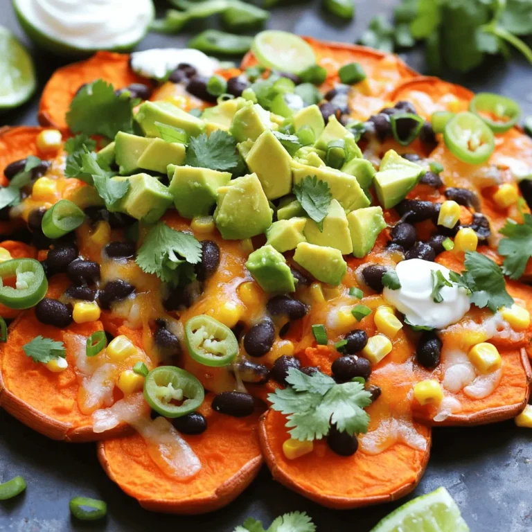 - 2 large sweet potatoes - 1 tablespoon olive oil - 1 teaspoon smoked paprika - 1 teaspoon garlic powder - Salt and pepper to taste - 1 cup black beans, drained and rinsed - 1 cup corn kernels (fresh or frozen) - 1 cup cherry tomatoes, halved - 1 avocado, diced - 1 cup shredded cheese (cheddar or a Mexican blend) - 1/4 cup green onions, sliced - 1/4 cup fresh cilantro, chopped To make Baked Sweet Potato Nachos, you need simple and fresh ingredients. Start with two large sweet potatoes. They give a sweet taste and a vibrant color. You will also need olive oil to help the spices stick. For flavor, add smoked paprika and garlic powder, along with salt and pepper to your liking. Next, we add toppings. Black beans and corn provide protein and texture. Cherry tomatoes add freshness. Avocado gives a creamy touch, and cheese brings it all together, melting beautifully. Finally, green onions and cilantro add a burst of flavor. - 1/2 cup sour cream - 1 lime, cut into wedges - Fresh herbs For extra richness, consider sour cream. It adds creaminess and tang. Lime wedges give a zesty kick. Fresh herbs like cilantro add brightness to every bite. These additions can make your nachos even more delightful! 1. Preheat the oven Start by heating your oven to 425°F (220°C). This step is key for getting crispy sweet potatoes. 2. Slice sweet potatoes Wash and scrub the sweet potatoes. Slice them into thin rounds, about 1/4-inch thick. Thin slices cook evenly and get crispy. 3. Season and bake sweet potatoes In a large bowl, toss the sweet potato rounds with: - 1 tablespoon olive oil - 1 teaspoon smoked paprika - 1 teaspoon garlic powder - Salt and pepper to taste Make sure each piece is well coated. Spread the sweet potatoes on a baking sheet lined with parchment paper. Bake for 20-25 minutes, flipping halfway through. Look for crispy edges and a golden color. 4. Add toppings and bake again Once the sweet potatoes are done, take them out. Layer on the following: - 1 cup black beans, drained and rinsed - 1 cup corn kernels (fresh or frozen) - 1 cup cherry tomatoes, halved - 1 cup shredded cheese (cheddar or a Mexican blend) Return the baking sheet to the oven. Bake for another 10-12 minutes until the cheese is melted and bubbly. 5. Garnish and serve After baking, remove the pan from the oven. Top with: - 1 avocado, diced - 1/4 cup green onions, sliced - 1/4 cup fresh cilantro, chopped Serve hot. Add sour cream on the side and lime wedges for a zesty finish. Enjoy your tasty and simple nachos! To make your nachos crunchy, bake at 425°F (220°C). This high heat helps the sweet potatoes crisp up nicely. Bake them for 20 to 25 minutes. Flip the sweet potatoes halfway through cooking. This ensures even baking and prevents sogginess. Spices bring your nachos to life. Try adding chili powder or cumin for a kick. For a milder taste, stick with smoked paprika. When it comes to cheese, I love a mix of cheddar and Monterey Jack. This combo melts well and adds great flavor. You can also use pepper jack for extra heat. {{image_2}} You can easily make Baked Sweet Potato Nachos even more exciting with extra veggies. Consider adding bell peppers, jalapeños, or zucchini. These will boost flavor and nutrition. You can also try using mushrooms for a hearty touch. For alternative proteins, think about adding lentils or chickpeas. Both of these options are great plant-based choices. They add protein and keep the dish filling. Pair these nachos with dips or salsas for extra flavor. A fresh salsa verde or chunky guacamole works well. If you like spice, try a zesty chipotle salsa. To turn nachos into a meal, serve them with sides. A light salad or roasted veggies can balance the dish. You could even add a protein like grilled chicken or shrimp for a heartier meal. To store leftover nachos, let them cool first. Place them in an airtight container. Use parchment paper to separate layers if you stack them. Store in the fridge for up to three days. When you reheat nachos, use the oven for the best results. Preheat the oven to 350°F (175°C). Spread the nachos on a baking sheet. Heat for about 10 minutes or until warm. This method keeps the sweet potatoes crispy. Yes, you can freeze Baked Sweet Potato Nachos. However, the texture may change. If you want to freeze them, do it after baking. Let them cool, then place them in a freezer bag. Remove as much air as possible before sealing. To reheat frozen nachos, thaw them in the fridge overnight. Then, use the oven to reheat. Preheat your oven to 350°F (175°C). Bake for about 15-20 minutes until hot. This method helps restore some crispness. Enjoy your tasty treat! To make baked sweet potato nachos healthy, use fresh ingredients. Choose ripe avocados, fresh tomatoes, and low-sodium black beans. Cut down on cheese or use a lighter option. You can also swap sour cream for Greek yogurt for added protein. Adding more veggies boosts fiber and nutrients. Yes, you can make this recipe vegan. Simply skip the cheese or use a plant-based cheese alternative. Replace sour cream with a dairy-free yogurt or avocado. These swaps keep all the flavor without any animal products. Cheddar cheese or a Mexican blend works best for nachos. They melt well and add great flavor. You can also try pepper jack for a spicy kick. Just make sure to shred the cheese for even melting. Yes, you can use other vegetables. Zucchini, butternut squash, or regular potatoes work well. Make sure to slice them thin for even cooking. Each vegetable brings its own taste and texture, giving you many options. Baked sweet potato nachos are a simple and tasty dish. You learned about the key ingredients, preparation steps, and tips for great texture and flavor. You can customize with different toppings and spices. Store leftovers properly for later use. My final thought is that these nachos are fun, healthy, and easy. Try making them your own with your favorite toppings! Enjoy every bite!