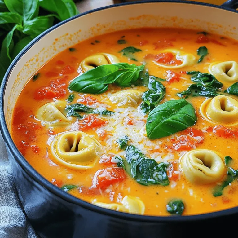 - 1 tablespoon olive oil - 1 medium onion, diced - 2 cloves garlic, minced - 4 cups vegetable broth - 1 can (14 oz) crushed tomatoes - 1 teaspoon dried basil - 1 teaspoon dried oregano - 1 cup heavy cream (or coconut cream for dairy-free) - 9 oz fresh cheese tortellini - 3 cups fresh spinach, roughly chopped - Grated Parmesan cheese - Fresh basil leaves This creamy tomato spinach tortellini soup is easy to make and full of flavor. You start with olive oil, diced onion, and minced garlic. This mix adds a nice base. After that, vegetable broth and crushed tomatoes go in. They bring a rich taste and color. Next, we add dried basil and oregano. These herbs give the soup a lovely aroma. Then, you pour in heavy cream for creaminess, or coconut cream if you prefer dairy-free. Fresh cheese tortellini adds a nice bite. Lastly, you fold in fresh spinach. It brings a pop of color and nutrients. For those who like a little extra, sprinkle grated Parmesan cheese and fresh basil leaves on top. These garnishes make the soup feel special. - Heat 1 tablespoon of olive oil in a large pot over medium heat. - Add 1 medium diced onion. Sauté until it turns soft, about 5 minutes. - Once the onion is clear, stir in 2 minced garlic cloves. Cook for 1 more minute. - Pour in 4 cups of vegetable broth and 1 can of crushed tomatoes. - Add 1 teaspoon of dried basil and 1 teaspoon of dried oregano. Bring everything to a simmer. - Stir in 1 cup of heavy cream. Let it simmer for 5 minutes to thicken. - Toss in 9 ounces of fresh cheese tortellini. Cook until they float, about 4-5 minutes. - Gently fold in 3 cups of roughly chopped spinach. Cook for 2-3 minutes until wilted. - Season with salt and pepper to taste. Enjoy! Choosing the right tortellini Select tortellini that adds flavor and texture. Fresh cheese tortellini works best. It provides a nice bite and richness. If you want a twist, try spinach or mushroom tortellini for added taste. Adjusting seasoning for flavor Taste your soup as it cooks. Add salt and pepper gradually to find the right balance. Fresh herbs enhance the taste. A sprinkle of dried herbs can also boost flavor. Dairy-free options with coconut cream Coconut cream gives a rich, creamy texture without dairy. Use it for a vegan version. It pairs well with tomatoes and spinach. Just be careful not to add too much, as it can be quite strong. Balancing creaminess and acidity When using coconut cream, balance it with more tomatoes. This keeps the soup fresh and bright. If using heavy cream, add a little lemon juice for a nice zing. Best pairings with bread or salads Serve your soup with crusty bread for dipping. A fresh salad also pairs well. Try a simple green salad with a light vinaigrette. This adds crunch and freshness to your meal. Storing leftovers properly Store leftover soup in an airtight container. It lasts about three days in the fridge. If you want to keep it longer, freeze it in portions. Just remember to leave space for expansion. {{image_2}} You can change a few ingredients to suit your taste. For a richer flavor, use chicken broth instead of vegetable broth. This small swap adds a nice depth to the soup. If you want different greens, consider swapping spinach for kale or Swiss chard. Both options give great texture and taste. Just chop them roughly, just like you would with spinach. Want to make your soup heartier? Add cooked chicken or sausage. Both options bring in protein and flavor. Just cook the meat ahead of time and stir it in when you add the tortellini. For a vegetarian twist, use beans or lentils. They add protein and fiber without meat. Choose canned beans for convenience, or cook dried lentils ahead of time. If you like heat, add red pepper flakes or chili powder. Start with a pinch, then adjust to your liking. This adds a nice kick to the creamy base. Infusing herbs into the soup will change the flavor profile. Try adding thyme or rosemary for a fresh taste. You can also use fresh herbs at the end for brightness. To store leftovers, let the soup cool first. Then, pour it into an airtight container. Seal it well to keep out air. You can keep it in the fridge for up to three days. Ensure you reheat only what you will eat. This way, the soup stays fresh. If you want to freeze the soup, use freezer-safe containers. Leave some space at the top so the soup can expand. It can last up to three months in the freezer. When reheating, thaw it in the fridge overnight. Heat it gently on the stove to keep the flavors bright. You can make this soup ahead of time for busy weeks. It tastes even better the next day! Portion it into single servings for quick meals. Just reheat on the stove or in the microwave when you're ready to eat. This makes it easy to enjoy a warm, tasty meal anytime. You can easily make this soup vegan. Use coconut cream instead of heavy cream. For the tortellini, choose a vegan option from your store. Instead of using vegetable broth, check that it is vegan-friendly. You can also add extra veggies like mushrooms or zucchini for more flavor. Yes, you can use frozen tortellini. Just add it to the pot straight from the freezer. Cook it for about 7-10 minutes until it floats. This longer cooking time helps the tortellini heat through. Keep an eye on the soup to ensure it doesn’t get too thick. This soup pairs well with several sides. Try crusty bread for dipping. A fresh salad makes a nice side too. You can also serve it with a grilled cheese sandwich. For a light touch, fresh basil leaves can add a pop of color. This blog post covered how to make delicious Creamy Tomato Spinach Tortellini Soup. We discussed key ingredients like olive oil, diced onion, and fresh spinach. I shared step-by-step instructions to guide your cooking. Plus, I provided tips for storage and meal prep to keep your soup fresh. Remember, you can add your twist with spices or proteins. Enjoy this easy, tasty dish any day!
