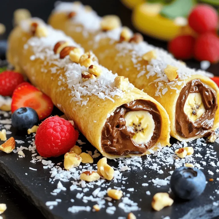 To make Chocolate Hazelnut Banana Sushi, you need these key ingredients: - 2 large ripe bananas - 1/4 cup chocolate hazelnut spread (like Nutella) - 4 whole wheat tortillas or crepes - 1/4 cup shredded coconut (unsweetened) - 1/4 cup chopped nuts (such as almonds or walnuts) - 1 tablespoon honey (optional) - Fresh berries for garnish (strawberries, blueberries, or raspberries) You can switch ingredients based on your taste or needs. Try almond butter instead of hazelnut spread. If you want a gluten-free option, use gluten-free tortillas or crepes. Instead of shredded coconut, consider using crushed graham crackers for a different crunch. If you don’t have fresh berries, use dried fruits like raisins or apricots. Adding garnishes makes your sushi look great! You can drizzle honey on top for extra sweetness. Fresh mint leaves add a pop of color. Chopped nuts sprinkled on top can give it more texture. You can even dust with cocoa powder for a chocolatey touch. These small details make your treat even more special! To make this fun treat, first gather your ingredients. You will need ripe bananas, chocolate hazelnut spread, and whole wheat tortillas. Now, lay out each tortilla flat. Spread 1-2 tablespoons of chocolate hazelnut spread evenly on each tortilla. Leave a small edge free of spread. Next, peel the bananas and place them on one edge of the tortilla. Roll the tortilla tightly around the banana. Press down gently to flatten the roll a bit. This helps hold it together. Use a sharp knife to cut the rolls into bite-sized pieces, about 1-inch thick. Mix shredded coconut and chopped nuts on a plate. Roll each sushi piece in this mix until fully coated. If you want, drizzle honey on top. Add fresh berries for a pretty touch. To make sure your rolls come out great, keep a few tips in mind. Use ripe bananas; they are easier to roll and taste sweeter. Spread the chocolate hazelnut spread evenly but not too thick. Too much spread can make the roll slippery. When rolling, start tight but do not squish the banana. If the ends come loose, use a bit more spread to seal them. Cut the rolls gently to avoid smashing them. While I can't provide images directly, visual guides can help you see each step. Look for videos of making chocolate hazelnut banana sushi online. Watching someone else roll the sushi can give you confidence. Seeing how the ingredients blend can inspire your creativity! To make your sushi rolls tight, start with a flat tortilla. Spread the chocolate hazelnut spread evenly, but leave a small edge. Place the banana on one side of the tortilla. Roll it tightly, pressing gently as you go. This helps keep the filling inside. If the roll feels loose, add a bit more spread to seal it. Cut the roll into bite-sized pieces. You will get neat sushi bites ready to eat! You can change up the flavor in fun ways. Try adding sliced strawberries or blueberries inside the roll. They add a fresh taste. You can also sprinkle cinnamon with the chocolate spread for warmth. Swap the chopped nuts for sunflower seeds if you want a nut-free treat. Drizzling honey on top adds a sweet touch. Choose any of these ideas to make your sushi special! A good-looking plate makes your sushi more fun to eat. Arrange the sushi pieces on a colorful plate. Garnish with fresh berries beside the rolls. You can also add a drizzle of honey over the top. If you have extra coconut or nuts, sprinkle them around the sushi. This adds a nice touch and makes your dish pop! {{image_2}} You can get creative with this recipe! Instead of chocolate hazelnut spread, try peanut butter or almond butter. Spread a layer of cream cheese for a rich taste. You can also add sliced strawberries or apples for a fruity twist. The fun is in mixing flavors you love! To make it vegan, use a plant-based hazelnut spread. Many brands offer this option. For gluten-free sushi, swap whole wheat tortillas with gluten-free wraps. Always check labels to ensure they fit your diet. These small changes make the treat suitable for everyone. In the summer, use fresh peaches or nectarines. They add a sweet and juicy touch! In the fall, try thinly sliced apples or pears. These fruits work well with the chocolate flavor. Seasonal fruits not only taste great but also add color to your dish! To keep your chocolate hazelnut banana sushi fresh, wrap each piece in plastic wrap. Place the wrapped sushi in an airtight container. Store it in the fridge for up to two days. This helps maintain that yummy taste and texture. You can freeze chocolate hazelnut banana sushi for later. First, wrap each piece in plastic wrap. Place them in a freezer-safe bag. They can stay frozen for up to a month. To enjoy, let them thaw in the fridge overnight before serving. Reheating is simple if you want a warm treat. Use a non-stick pan on low heat. Place the sushi pieces in the pan for a few minutes. This warms them up without making them soggy. Enjoy your tasty treat again! Yes, you can prepare this treat ahead of time. Just make sure to wrap each sushi roll tightly in plastic wrap. Store them in the fridge for up to 2 hours. The bananas can brown, so it's best to serve them fresh. If you need to make them earlier, you can keep the tortillas and bananas separate until you're ready to roll. If you want to swap the hazelnut spread, try using almond butter or peanut butter. These nut butters give great flavor and texture. You can also use sunflower seed butter for a nut-free option. Just spread it like you would the hazelnut spread. The taste will change, but it will still be yummy! You can get creative with fruits! Try using apples, strawberries, or peaches. Just slice them thinly so they fit well inside the roll. You can also mix different fruits for added flavor. Each fruit gives a new twist to the sushi and adds color too! Absolutely! Kids love fun shapes and flavors. This recipe is easy to make, and they can help too. Let them spread the chocolate hazelnut spread and roll the tortillas. It’s a great way to get them involved in the kitchen. Plus, who doesn’t love chocolate and bananas? This blog post covered how to make Chocolate Hazelnut Banana Sushi. We discussed essential ingredients, tasty substitutions, and optional garnishes. I provided step-by-step instructions, tips for rolling, and ways to enhance flavors. You also learned about variations, storage methods, and answers to common questions. This fun recipe is easy for everyone, from kids to adults. Enjoy experimenting with flavors and sharing this treat with friends and family. Happy rolling!