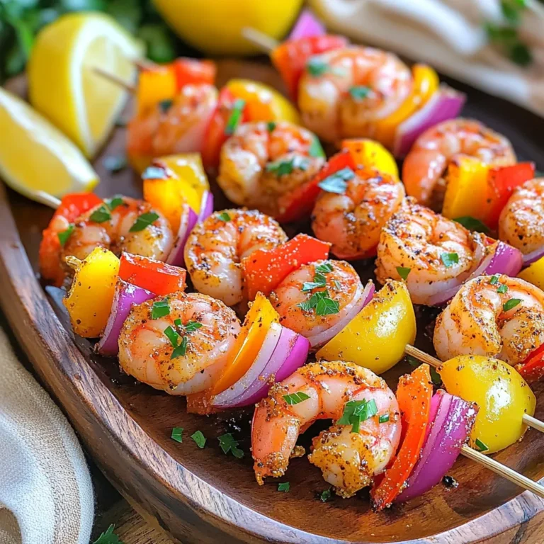 To make these tasty Cajun shrimp skewers, you need: - 1 pound large shrimp, peeled and deveined - 2 tablespoons olive oil - 2 tablespoons Cajun seasoning - 1 teaspoon garlic powder - 1 teaspoon smoked paprika - 1/2 teaspoon cayenne pepper (adjust to taste) - Salt and pepper to taste The shrimp should be fresh or thawed properly. The spices bring out bold flavors. The olive oil helps the seasonings stick well to the shrimp. Olive oil is my go-to for this recipe. It adds flavor and moisture. You can also try avocado oil for a lighter taste. For a twist, you might mix in some lemon juice or lime juice into the marinade. This adds a nice citrus kick. Adding some vegetables makes the skewers colorful and healthy. I like to use: - 1 red bell pepper, cut into chunks - 1 yellow bell pepper, cut into chunks - 1 small red onion, cut into wedges You can also add zucchini or cherry tomatoes for extra flavor. Serve these skewers with a side of rice or a fresh salad. Don’t forget lemon wedges for a zesty finish! Start by taking a large bowl. In this bowl, mix together 2 tablespoons of olive oil, 2 tablespoons of Cajun seasoning, 1 teaspoon of garlic powder, and 1 teaspoon of smoked paprika. Add 1/2 teaspoon of cayenne pepper for heat. You can adjust this to your taste. Season with salt and pepper. Stir everything well until the marinade looks smooth. Next, add 1 pound of peeled and deveined shrimp to the bowl. Make sure each shrimp is well coated in the marinade. Let them sit for at least 15 minutes. This helps the shrimp soak up all that great flavor. While your shrimp marinates, get your vegetables ready. Cut 1 red bell pepper and 1 yellow bell pepper into chunks. Also, cut a small red onion into wedges. If you are using wooden skewers, soak them in water for 30 minutes. This step stops them from burning in the air fryer. Now, take the marinated shrimp and your veggies, and get ready to assemble the skewers. First, preheat your air fryer to 400°F (200°C) for about 5 minutes. Once hot, start threading the marinated shrimp, bell pepper chunks, and red onion wedges onto the skewers. Alternate them to make it colorful. Place the skewers in the air fryer basket in a single layer. You may need to do this in batches. Cook the skewers for 8-10 minutes. Flip them halfway through to ensure even cooking. When the shrimp turn pink and look cooked, they are ready. Carefully take them out and let them cool slightly before serving. Enjoy those tasty flavors! To get the best flavor, use fresh spices. Cajun seasoning adds a punch. I recommend mixing in garlic powder, smoked paprika, and cayenne pepper. Adjust cayenne to your taste. This spice mix gives the shrimp a nice kick. Marinate the shrimp for at least 15 minutes. This helps flavors soak in well. For a richer taste, let them sit longer, even up to an hour. Preheat your air fryer to 400°F (200°C) for five minutes. This step helps cook the shrimp evenly. Arrange the skewers in a single layer in the basket. Avoid crowding them to allow hot air to circulate. Flip the skewers halfway through cooking. This ensures even browning. Cook the shrimp for 8-10 minutes. Look for a pink color to know they are done. Serve the skewers on a bright platter. Garnish with fresh parsley or cilantro for color. This adds a nice pop to the dish. Lemon wedges on the side give a zesty touch. You can also add a cool dip, like ranch or garlic sauce. Pair with rice or a fresh salad for a full meal. Enjoy your delicious creation! {{image_2}} You can switch up the Cajun seasoning for different flavors. Try using taco seasoning for a zesty twist. You can also use Italian herbs like oregano and basil for a fresh taste. If you like heat, add more cayenne or even some chili powder. Mixing in lemon zest can brighten the dish. Experimenting with spices keeps the recipe fun and new. While bell peppers and onions are great, feel free to mix in other veggies. Zucchini or cherry tomatoes work well on skewers. You can also try mushrooms for an earthy flavor. Broccoli florets or asparagus give a nice crunch too. Using seasonal vegetables adds color and nutrients. This makes your meal more balanced and appealing. To turn your skewers into a full meal, serve them with rice or quinoa. A simple green salad pairs nicely too. You can also add a dipping sauce like garlic aioli or spicy ranch. For extra flavor, serve with grilled corn on the side. These additions make your meal hearty and satisfying. Enjoying a variety of textures and flavors keeps every bite exciting. To store leftover Cajun shrimp skewers, place them in an airtight container. Make sure they cool down before sealing. This helps keep them fresh. You can store them in the fridge for up to three days. If you want to keep them longer, consider freezing. When reheating, I suggest using the air fryer again. Set it to 350°F (175°C) and heat for five minutes. This helps restore the crispy texture. You can also use a skillet over medium heat. Just flip them often to avoid burning. For freezing, wrap the skewers tightly in plastic wrap. Then, place them in a freezer-safe bag. This keeps the shrimp safe from freezer burn. You can freeze them for up to three months. Just remember to thaw them in the fridge before reheating. Yes, you can use frozen shrimp. Just remember to thaw them first. Place the shrimp in cold water for about 15-20 minutes. Once thawed, peel and devein them if needed. This will help the shrimp absorb the marinade better. The shrimp will turn pink when they are done. They should also curl into a 'C' shape. If they look gray or opaque, they need more time. Cook them for about 8-10 minutes in the air fryer. Flipping them halfway ensures even cooking. Cajun shrimp skewers pair well with rice or quinoa. You can also serve them with a fresh salad. Grilled corn on the cob is a great choice too. Don't forget to have lemon wedges on the side to squeeze over the skewers. It adds a nice zing! In this post, we explored making Cajun shrimp skewers. We discussed key ingredients, marinating steps, and air fryer tips for the best flavor. I shared fun variations and how to store leftovers for later. Cajun shrimp skewers are easy to make and taste great. You can customize them to fit your needs. With these tips, you can cook a meal that impresses and satisfies. Enjoy your cooking journey!