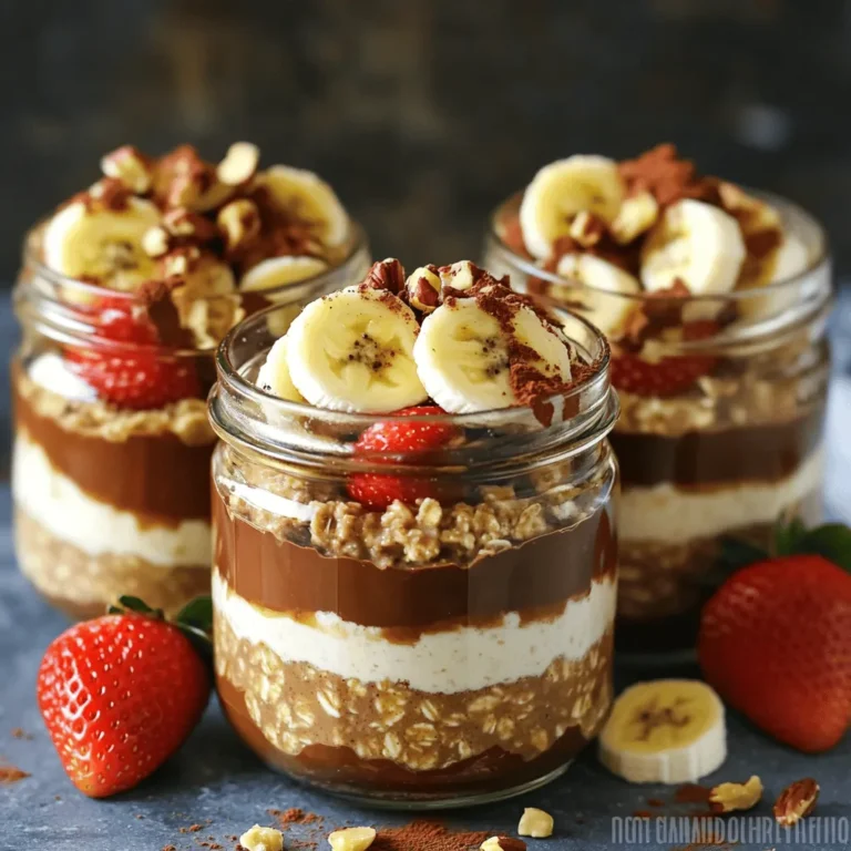 - 1 cup rolled oats - 2 cups almond milk or preferred milk - 1/4 cup creamy peanut butter - 2 tablespoons honey or maple syrup - 1/4 cup unsweetened cocoa powder - 1/2 teaspoon vanilla extract - A pinch of salt These ingredients create a rich and satisfying base. The rolled oats provide fiber, while almond milk adds creaminess. Creamy peanut butter delivers a delicious nutty flavor. Sweeteners like honey or maple syrup bring sweetness, and cocoa powder gives a chocolatey taste. Vanilla extract adds warmth, and salt enhances all the flavors. - 1/4 cup dark chocolate chips - Sliced bananas or strawberries for topping Optional add-ins can elevate your dish. Dark chocolate chips add extra chocolate goodness. Fresh fruits like bananas or strawberries offer a burst of flavor and color. You can mix and match these toppings based on your preferences. Adding them makes the oats more fun and tasty! First, grab a large mixing bowl. Add 1 cup of rolled oats. Pour in 2 cups of almond milk or your choice of milk. Next, scoop in 1/4 cup of creamy peanut butter. Add 2 tablespoons of honey or maple syrup for sweetness. Then, mix in 1/4 cup of unsweetened cocoa powder and 1/2 teaspoon of vanilla extract. Don’t forget a pinch of salt to balance the flavors. Now it’s time to mix! Use a whisk to combine everything. Whisk until the mixture is smooth. Make sure there are no lumps of cocoa powder or peanut butter. If you like, you can fold in 1/4 cup of dark chocolate chips at this stage. This adds a nice touch of extra chocolate flavor. Once your mixture is ready, divide it evenly among jars or containers with lids. Make sure to seal them tightly. Place the jars in the fridge. It’s best to let them chill overnight, or at least for 4-6 hours. This allows the oats to soak up the milk and soften. In the morning, stir the oats. If they are too thick, add a little more milk to reach your desired consistency. To make the perfect overnight oats, consistency matters. If your oats seem too thick, add more milk. Start with a little and mix well. This helps you reach the texture you want. A smooth mixture is key. Whisk well to break up lumps. Ensure no cocoa powder or peanut butter remains clumpy. A smooth blend makes a big difference in taste. Presentation can elevate your dish. Serve your oats in clear jars. This lets the beautiful layers shine through. For a final touch, sprinkle some cocoa powder on top. Crushed nuts add a nice crunch too. These small details make your dish look great and more appetizing. Sweetness is personal. If you want your oats sweeter, you can adjust this easily. Start with the recipe's suggested amount. Taste the mixture before it chills. If it needs more sweetness, add a bit more honey or maple syrup. Choose your sweetener based on your taste. Some prefer honey, while others love maple syrup. Both work well and add flavor. {{image_2}} You can make peanut butter cup overnight oats even tastier by adding spices. Try adding a dash of cinnamon for warmth. It adds flavor without extra sugar. You can also use flavored protein powder. Options like chocolate or vanilla can boost taste and nutrition. If you want a dairy-free version, use plant-based milk. Almond, soy, or oat milk work well. For sweetening, swap honey with maple syrup or agave. These options keep the recipe vegan and just as tasty. Seasonal fruits can brighten your oats. In summer, try fresh berries. In fall, add diced apples with cinnamon. For holidays, use festive toppings like crushed peppermint or pumpkin spice. These little changes keep your oats fun and exciting all year long. Store your peanut butter cup overnight oats in the fridge. They stay fresh for up to five days. Use airtight containers to keep them from drying out. If you want to save them longer, you can freeze them. Just make sure to use freezer-safe jars or bags. Leave some space at the top of the jar to allow for expansion. You can enjoy these oats cold straight from the fridge. If you prefer them warm, heat them in a microwave. Start with 30 seconds, then stir and check the heat. If you want to add some flair, refresh your toppings. Sliced bananas or strawberries work great. A sprinkle of cocoa powder can also add a nice touch. These oats can last for a good while, but some signs of spoilage to watch for include: - An off smell - Mold on the surface - Changes in texture If you notice any of these signs, it’s best to toss the oats. Always trust your senses when it comes to food safety. Yes, you can use quick oats. Quick oats cook faster and absorb liquid quickly. However, they may lead to a softer texture. Rolled oats give a heartier feel. If you prefer a chewier bite, stick with rolled oats. These oats last for about five days in the fridge. Make sure you store them in airtight containers. If you notice any off smell or change in texture, it's best to toss them out. Absolutely! You can make these oats up to five days ahead. Just prepare them, store them in the fridge, and enjoy them each morning. This makes breakfast easy and quick. If you need a substitute, try almond butter or sunflower seed butter. Both options provide a similar creamy texture. They also add their unique flavors, making the dish fun. Yes, you can make this recipe gluten-free. Just use certified gluten-free oats. Most almond milks and other ingredients are also gluten-free. Always check the labels to be sure. You've learned how to create delicious overnight oats using simple ingredients. We covered key components, mixing techniques, and storage tips to help you succeed. Remember, you can adjust flavors and sweetness to fit your taste. Whether you prefer classic or creative variations, there's a recipe for everyone. Enjoy your wholesome breakfast, and don't hesitate to experiment! Your morning routine will never be the same.