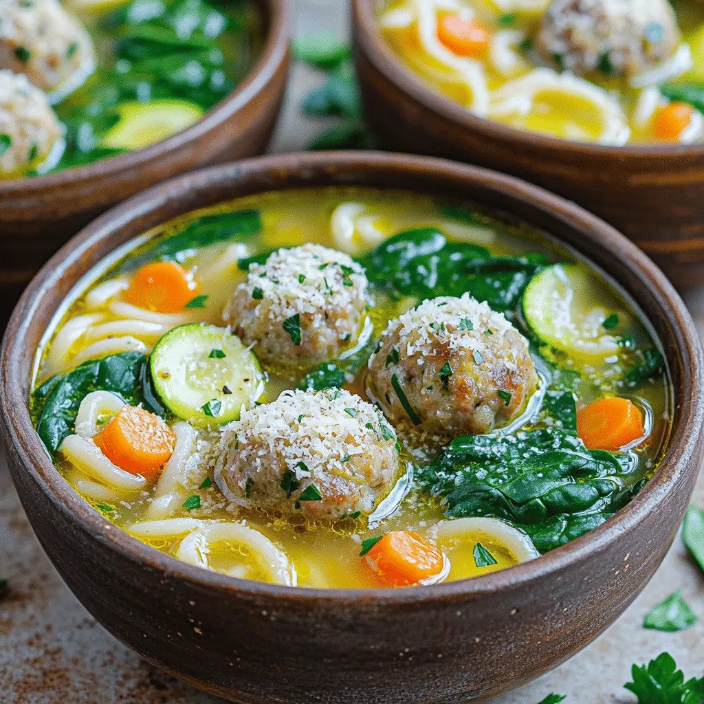 - 1 cup acini di pepe pasta - 2 cups fresh spinach, chopped - 1 cup cooked meatballs (beef or chicken) Italian Wedding Soup is rich in flavor and texture. The acini di pepe pasta adds a nice bite. This tiny pasta cooks quickly and absorbs the broth's taste well. Fresh spinach gives the soup a vibrant color and a healthy touch. It wilts beautifully in the warm broth. Meatballs, whether beef or chicken, are the heart of this soup. They provide protein and add a savory depth. - Grated Parmesan cheese - Fresh parsley For a finishing touch, you can add grated Parmesan cheese. This cheese melts slightly into the soup, adding creaminess. Fresh parsley also brightens the dish with color and flavor. It gives the soup a fresh aroma and taste. Both ingredients elevate the soup and make it feel special. - 1 tablespoon olive oil - 4 cups chicken broth - 1 teaspoon dried oregano - 1 teaspoon dried basil Olive oil is key for sautéing aromatics. It brings out the flavors of onions and garlic. Chicken broth forms the base of this soup. It makes the soup hearty and comforting. Dried oregano and basil add an Italian flair. These herbs fill the soup with warmth and depth. Salt and pepper enhance all the flavors, making each bite delicious. 1. First, grab a large pot. Pour in 1 tablespoon of olive oil and heat it over medium heat. 2. Add 1 small finely chopped onion. Sauté it for about 3-4 minutes. You want it to turn translucent. 3. Next, stir in 2 minced garlic cloves. Cook for 1 more minute until it smells amazing. 4. Now add 1 diced carrot and 1 diced zucchini. Cook these for another 5 minutes until they soften a bit. 1. Pour in 4 cups of chicken broth. Bring this mixture to a boil. 2. Once boiling, add 1 cup of acini di pepe pasta. Cook it according to the package instructions. This usually takes about 8-10 minutes. 3. After the pasta is al dente, toss in 2 cups of chopped fresh spinach and 1 cup of cooked meatballs. 4. Add 1 teaspoon of dried oregano and 1 teaspoon of dried basil. Season with salt and pepper to taste. Stir everything to mix well. 5. Let the soup simmer for another 2-3 minutes. This will wilt the spinach and heat the meatballs. 1. Taste the soup. Adjust seasoning if you think it needs more salt or pepper. 2. Now, it’s time to serve! Ladle the soup into bowls. 3. Sprinkle some grated Parmesan cheese on top for extra flavor. 4. Garnish with fresh parsley. A drizzle of olive oil adds richness too. Enjoy your warm, hearty soup! - Choosing the right meatballs: Use small meatballs that are full of flavor. You can make them from beef or chicken. If you choose store-bought, look for ones that are juicy and well-seasoned. They should fit nicely in a spoonful of soup. - Cooking the pasta to perfection: You want your acini di pepe pasta to be just right. Cook it until it is al dente, meaning it should be firm to the bite. This usually takes about 8-10 minutes, so be sure to check the package for the exact time. - Best ways to serve and garnish: Serve the soup hot in bowls. Top it with grated Parmesan cheese and a sprinkle of fresh parsley. A drizzle of olive oil adds a nice touch too, giving it extra flavor. - Pairing with bread or salad: This soup goes well with crusty bread or a fresh salad. A simple green salad with a light vinaigrette works great. The bread is perfect for dipping into the broth. - Overcooking pasta: Be careful not to overcook your pasta. If it gets too soft, it can break apart and lose its texture. Always taste it before you drain it! - Using too much salt: Watch the salt! Since the chicken broth can be salty, add salt slowly. Taste as you go to make sure it’s just right. Too much salt can ruin the soup. {{image_2}} You can make Italian Wedding Soup in many ways. If you want a vegetarian option, skip the meatballs. Instead, use firm tofu or mushrooms for protein. You can also add chickpeas for extra texture and flavor. If you prefer meatballs, try different types. Use beef, chicken, or even turkey. Make sure they are small and round for the best bite. To boost the flavor, add spices like red pepper flakes for heat. You might also try thyme or rosemary for a fresh taste. Want to add more veggies? Try bell peppers, peas, or kale. Each vegetable brings its own flavor and color to the soup. Italy has many styles of this soup. Northern Italian versions often include rice instead of pasta. In Southern Italy, you might find a richer broth with more herbs. Family recipes can be unique, too. Some families add special ingredients like lemon zest or even saffron. This makes each bowl special and full of love. Store leftover soup in an airtight container. This keeps it fresh and tasty. Italian wedding soup lasts for about 3 to 4 days in the fridge. Label the container with the date. This helps you know when to eat it. To freeze the soup, let it cool first. Then, pour it into freezer-safe containers. Leave some space at the top for expansion. The soup can last up to 3 months in the freezer. When ready to eat, move it to the fridge overnight to thaw. Reheat the soup on the stove for the best flavor. Use low to medium heat and stir often. This keeps it from sticking to the pot. You can also microwave the soup. Use a microwave-safe bowl and heat in short bursts. Stir in between to warm it evenly. Enjoy your soup hot for the best taste! Italian Wedding Soup is a warm, rich dish. It mixes meatballs, greens, and broth. This soup is loved for its comforting feel. It often brings families together. The name comes from the Italian word "matrimonio." It means "marriage." This refers to the tasty blend of flavors. The soup has roots in Southern Italy, where it is a staple. Each family has its own twist on the recipe, making it special. Yes, you can make this soup ahead of time. It saves time on busy days. Store it in the fridge for up to three days. To keep it fresh, use an airtight container. If you want to freeze it, cool the soup first. Transfer it to a freezer-safe container. It can last for about three months in the freezer. When ready to eat, thaw it overnight in the fridge. Reheat it on the stove until hot. You do not have to make homemade meatballs. Store-bought meatballs work just as well. They save time and still taste great. If you prefer homemade, mix ground meat with herbs and spices. Roll them into small balls before cooking. Both options give you a tasty soup. Choose what fits your schedule and taste. If you can't find acini di pepe, don't worry. You can use small pasta shapes instead. Options include orzo, ditalini, or even mini shells. These shapes work well in the soup. They soak up the broth and add a nice bite. Choose what you have on hand, and enjoy your Italian Wedding Soup! Italian wedding soup combines fresh veggies, tasty meatballs, and acini di pepe pasta. You learned how to prepare it step-by-step, from sautéing aromatics to adjusting seasonings. I shared tips on perfecting your soup and avoiding common mistakes. Variations let you customize flavors and ingredients to your liking. In the end, enjoy this warm soup with family and friends. It’s a comforting dish that brings everyone together. Whether you stick to the classic or try new variations, this soup will surely delight you.